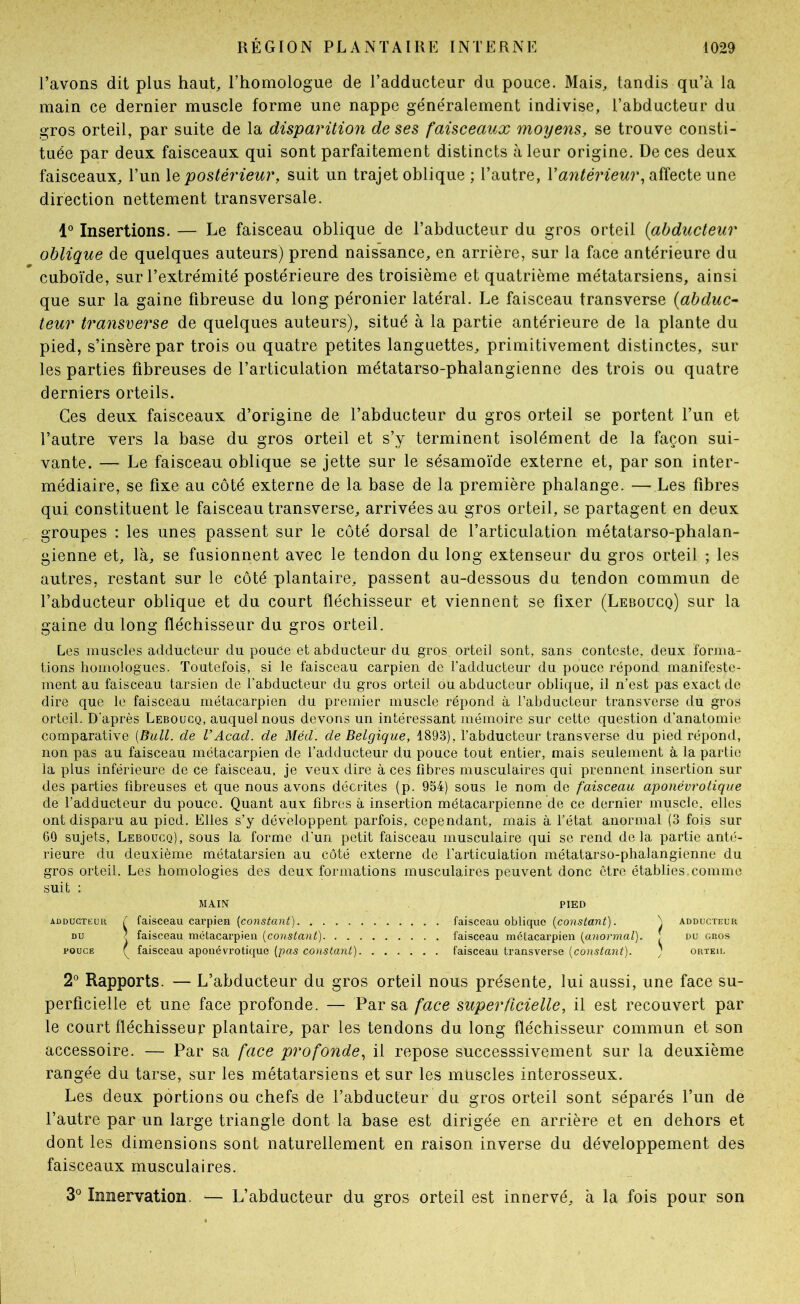 l’avons dit plus haut, l’homologue de l’adducteur du pouce. Mais, tandis qu’à la main ce dernier muscle forme une nappe généralement indivise, l’abducteur du gros orteil, par suite de la disparition de ses faisceaux moyens, se trouve consti- tuée par deux faisceaux qui sont parfaitement distincts à leur origine. De ces deux faisceaux, l’un \q postérieur, suit un trajet oblique ; l’autre, affecte une direction nettement transversale. 1° Insertions. — Le faisceau oblique de l’abducteur du gros orteil (abducteur oblique de quelques auteurs) prend naissance, en arrière, sur la face antérieure du cuboïde, sur l’extrémité postérieure des troisième et quatrième métatarsiens, ainsi que sur la gaine fibreuse du long péronier latéral. Le faisceau transverse (abduc- teur transverse de quelques auteurs), situé à la partie antérieure de la plante du pied, s’insère par trois ou quatre petites languettes, primitivement distinctes, sur les parties fibreuses de l’articulation métatarso-phalangienne des trois ou quatre derniers orteils. Ces deux faisceaux d’origine de l’abducteur du gros orteil se portent l’un et l’autre vers la base du gros orteil et s’y terminent isolément de la façon sui- vante. — Le faisceau oblique se jette sur le sésamoïde externe et, par son inter- médiaire, se fixe au côté externe de la base de la première phalange. —Les fibres qui constituent le faisceau transverse, arrivées au gros orteil, se partagent en deux groupes : les unes passent sur le côté dorsal de l’articulation métatarso-phalan- gienne et, là, se fusionnent avec le tendon du long extenseur du gros orteil ; les autres, restant sur le côté plantaire, passent au-dessous du tendon commun de l’abducteur oblique et du court fléchisseur et viennent se fixer (Leboücq) sur la gaine du long fléchisseur du gros orteil. Les muscles adducteur du pouce et abducteur du gros orteil sont, sans conteste, deux forma- tions homologues. Toutefois, si le faisceau carpien de l'adducteur du pouce répond manifeste- ment au faisceau tarsien de l'abducteur du gros orteil ou abducteur oblique, il n’est pas exact de dire que le faisceau métacarpien du premier muscle répond à l’abducteur transverse du gros orteil. D'après Leboucq, auquel nous devons un intéressant mémoire sur cette question d'anatomie comparative [Bull, de VAcad, de Méd. de Belgique, 1893), l’abducteur transverse du pied répond, non pas au faisceau métacarpien de l’adducteur du pouce tout entier, mais seulement à la partie la plus inférieure de ce faisceau, je veux dire à ces fibres musculaires qui prennent insertion sur des parties fibreuses et que nous avons décrites (p. 954) sous le nom de faisceau aponévrotique de l’adducteur du pouce. Quant aux fibres à insertion métacarpienne de ce dernier muscle, elles ont disparu au pied. Elles s’y développent parfois, cependant, mais à l’état anormal (3 fois sur 60 sujets, Leboucq), sous la forme d’un petit faisceau musculaire qui se rend delà partie anté- rieure du deuxième métatarsien au côté externe de l'articulation métatarso-phalangienne du gros orteil. Les homologies des deux formations musculaires peuvent donc être établies,comme suit : MAm PIED ADDUCTEUR T faiscuau carpien {constant) DU / faisceau métacarpien {constant). . . POUCE Ç faisceau aponévrotique {pas constant) faisceau oblique {constant). faisceau métacarpien {anormal). faisceau transverse {constant). ADDUCTEUR DU GROS ORTEIL 2° Rapports. — L’abducteur du gros orteil nous présente, lui aussi, une face su- perficielle et une face profonde. — Par sa face superficielle, il est recouvert par le court fléchisseur plantaire, par les tendons du long fléchisseur commun et son accessoire. — Par sa face profonde^ il repose successsivement sur la deuxième rangée du tarse, sur les métatarsiens et sur les muscles interosseux. Les deux portions ou chefs de l’abducteur du gros orteil sont séparés l’un de l’autre par un large triangle dont la base est dirigée en arrière et en dehors et dont les dimensions sont naturellement en raison inverse du développement des faisceaux musculaires. 3° Iimervation. — L’abducteur du gros orteil est innervé, à la fois pour son