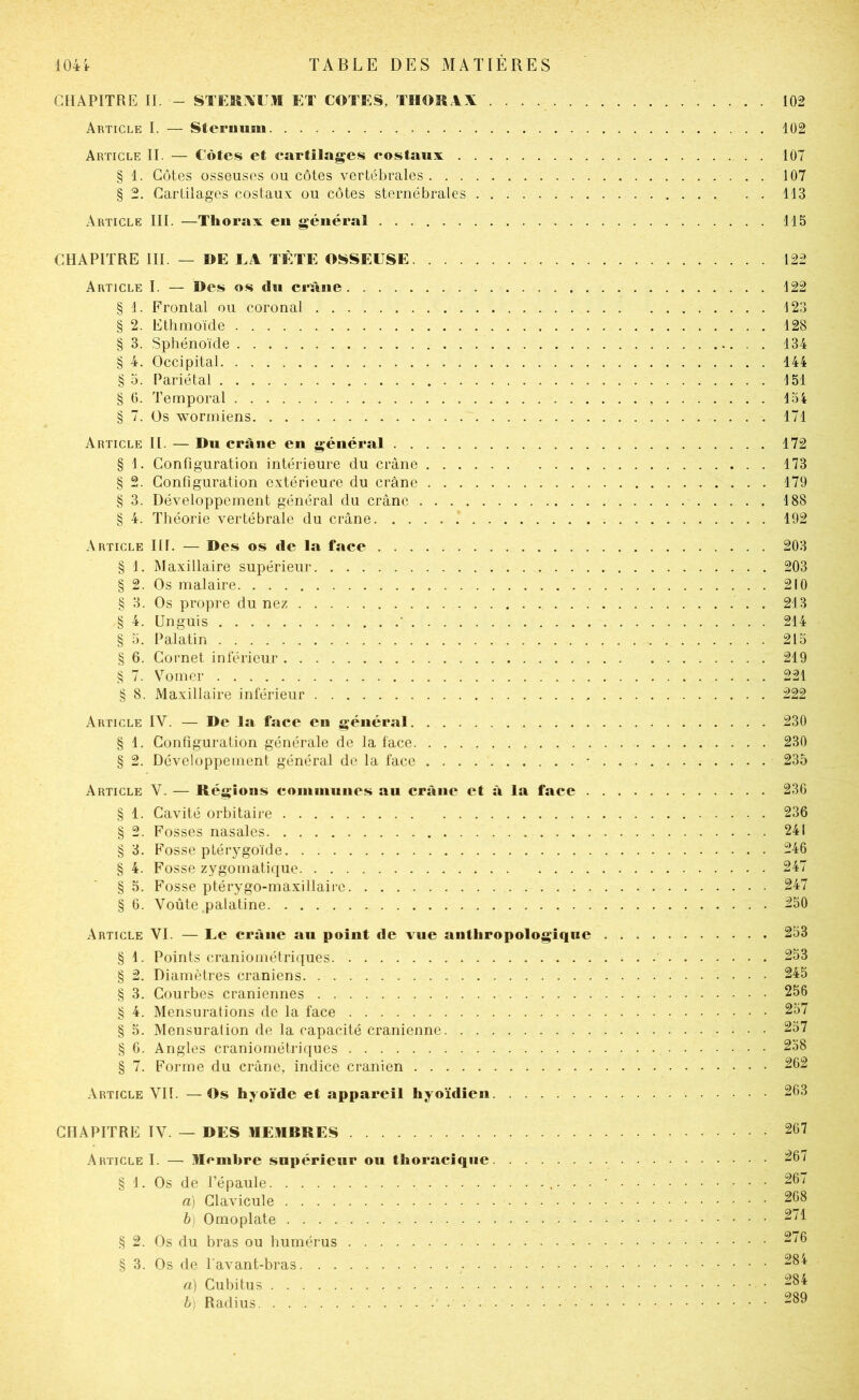 CHAPITRE IL - STERIVUM ET COTES, THORTX 102 Article I. — Steruum 102 Article IL — Côtes et cartilages costaux 107 § 1. Côtes osseuses ou côtes vertébrales 107 § 2. Cartilages costau.v ou côtes sternébrales 113 Article III. —Thorax en général 115 CHAPITRE III. — DE LA TÈTE OSSEUSE 122 Article I. — Des os dn crïuie 122 § 1. Frontal ou coronal 123 § 2. Ethmoïde 128 § 3. Sphénoïde 134 § 4. Occipital 144 § O. Pariétal 151 § 0. Temporal 154 § 7. Os wormiens 171 Article II. — Dn crâne en général 172 § 1. Configuration intérieure du crâne 173 § 2. Configuration extérieure du crâne 179 § 3. Développement général du crâne 188 § 4. Théorie vertébrale du crâne 192 Article III. — Des os de la faee 203 § I. Maxillaire supérieur 203 § 2. Os malaire 210 § 3. Os propre du nez 213 § 4. Unguis ■ 214 § 5. Palatin 215 § 6. Cornet in lé rieur 219 7. Vomer 221 § 8. Maxillaire inférieur 222 Article IV. — De la face en général 230 § 1. Configuration générale de la face 230 § 2. Développement général de la face • 235 Article V. — Régions coininnnes an crâne et à la face 23G § 1. Cavité orbitaii-e 236 § 2. Fosses nasales 241 § 3. Fosse ptérygoïde 246 § 4. Fosse zygomatique 247 § 5. Fosse ptérygo-maxillairc 247 § 6. Voûte palatine 250 Article VI. — Le crâne an point de vue anthropologique 253 §1. Points craniométriques 253 § 2. Diamètres crâniens 245 § 3. Courbes crâniennes 256 § 4. Mensurations de la face 257 § 5. Mensuration de la capacité crânienne 257 § 6. Angles craniométriques 258 § 7. Forme du crâne, indice crânien 262 Article VII. —Os hyoïde et appareil hyoïdien 263 CHAPITRE IV. — DES RERBRES 267 Article I. — llemhre supérieur ou thoracique 267 § I. Os de l’épaule ,. . . • 267 a) Clavicule 268 h) Omoplate 271 § 2. Os du bras ou humérus 276 § 3. Os de l'avant-bras 284 a) Cubitus 284 b) Radius