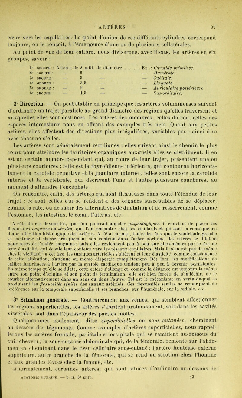 cœur vers les capillaires. Le point d’union de ces différents cylindres correspond toujours, on le conçoit, à Témergence d’une ou de plusieurs collatérales. Au point de vue de leur calibre. nous diviserons. avec Henle, les artères en roupes, savoir : 1®^ GROUPE : Artères de 8 mill. de diamètre . . . . Ex. ; Carotide primitive. 2® GROUPE : — 6 — — Humérale. 3® GROUPE : — 5 — — Cubitale. 4® GROUPE ; — 3.5 — — Linguale. .^® GROUPE ; -- 2 — — Auriculaire postérieure. 6® GROUPE ; — 1,3 — — Sus-orbitaire. 2° Direction. — On peut établir en principe que les artères volumineuses suivent d’ordinaire un trajet parallèle au grand diamètre des régions qu’elles traversent et auxquelles elles sont destinées. Les artères des membres, celles du cou, celles des espaces intercostaux nous en offrent des exemples très nets. Quant aux petites artères, elles affectent des directions plus irrégulières, variables pour ainsi dire avec chacune d’elles. Les artères sont généralement rectilignes : elles suivent ainsi le chemin le plus court pour atteindre les territoires organiques auxquels elles se distribuent, il en est un certain nombre cependant qui, au cours de leur trajet, présentent une ou plusieurs courbures : telle est la thyroïdienne inférieure, qui contourne horizonta- lement la carotide primitive et la jugulaire interne ; telles sont encore la carotide interne et la vertébrale, qui décrivent l’une et l’autre plusieurs courbures, au moment d’atteindre l’encéphale. On rencontre, enfin, des artères qui sont flexueuses dans toute l’étendue de leur trajet : ce sont celles qui se rerfdent à des organes susceptibles de se déplacer, comme la rate, ou de subir des alternatives de dilatation et de resserrement, comme l’estomac, les intestins, le cœur, l’utérus, etc. A côté de ces flexuosités, que l’on pourrait appeler physiologiques^ il convient de placer les flexuosités acquises ou séniles, que l’on rencontre chez les vieillards et qui sont la conséquence d’une altération histologique des artères. A l’état normal, toutes les fois que le ventricule gauche se contracte et chasse brusquement son contenu dans l’arbre aortique, les artères se dilatent pour recevoir l’ondée sanguine ; puis elles reviennent peu à peu sur elles-mêmes par le fait de leur élasticité, qui écoule leur contenu vers les réseaux capillaires. Mais il n’en est pas de même chez le vieillard : à cet âge, les tuniques artérielles s’altèrent et leur élasticité, comme conséquence de cette altération, s’atténue ou même disparaît complètement. Dès lors, les modifications de calibre imprimées à l'artère par la systole cardiaque tendent peu à peu à devenir persistantes. En même temps qu’elle se dilate, cette artère s’allonge et, comme la distance est toujours la même entre son point d’origine et son point de terminaison, elle est bien forcée de s’infléchir, de se courber alternativement dans un sens ou dans l’autre. Tel est le mécanisme en vertu duquel se produisent les flexuosités séniles des canaux artériels. Ces flexuosités séniles se remarquent de préférence sur la temporale superficielle et ses branches, sur l’humérale, sur la radiale, etc. 3° Situation générale. — Contrairement at>x veines, qui semblent affectionner les régions superficielles, les artères s’abritent profondément, soit dans les cavités viscérales, soit dans l’épaisseur des parties molles. Quelques-unes seulement, dites superficielles ou sous-cutanées, cheminent au-dessous des téguments. Comme exemples d’artères superficielles, nous rappel- lerons les artères frontale, pariétale et occipitale qui se ramifient au-dessous du cuir chevelu; la sous-cutanée abdominale qui, de la fémorale, remonte sur l’abdo- men en cheminant dans le tissu cellulaire sous-cutané ; l’artère honteuse externe supérieure, autre branche de la fémorale, qui se rend au scrotum chez l’homme et aux grandes lèvres chez la femme, etc. Anormalement, certaines artères, qui sont situées d’ordinaire au-dessous de AN/VTOMIE HUMAINE. — T. II, 6® Éi)IT, 13