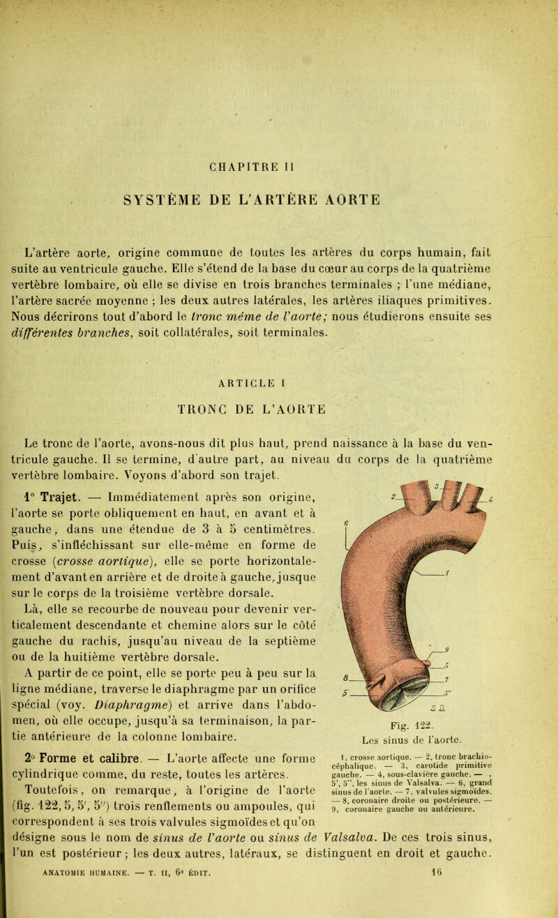 CHAPITRE II SYSTÈME DE L’ARTÈRE AORTE L’artère aorte, origine commune de toutes les artères du corps humain, fait suite au ventricule gauche. Elle s’étend de la base du cœur au corps de la quatrième vertèbre lombaire, où elle se divise en trois branches terminales ; l’une médiane, l’artère sacrée moyenne ; les deux autres latérales, les artères iliaques primitives. Nous décrirons tout d’abord le tronc même de Vaorte; nous étudierons ensuite ses différentes branches, soit collatérales, soit terminales. ARTICLE I TRONC DE L’AORTE Le tronc de l’aorte, avons-nous dit plus haut, prend naissance à la base du ven- tricule gauche. Il se termine, d’autre part, au niveau du corps de la quatrième vertèbre lombaire. Voyons d’abord son trajet. 1° Trajet. — Immédiatement après son origine, l’aorte se porte obliquement en haut, en avant et à gauche, dans une étendue de 3 à 5 centimètres. Puis, s’infléchissant sur elle-même en forme de crosse [crosse aortique), elle se porte horizontale- ment d’avant en arrière et de droite à gauche, jusque sur le corps de la troisième vertèbre dorsale. Là, elle se recourbe de nouveau pour devenir ver- ticalement descendante et chemine alors sur le côté gauche du rachis, jusqu’au niveau de la septième ou de la huitième vertèbre dorsale. A partir de ce point, elle se porte peu à peu sur la ligne médiane, traverse le diaphragme par un orifice spécial (voy. Diaphragme) et arrive dans l’abdo- men, où elle occupe, jusqu’à sa terminaison, la par- tie antérieure de la colonne lombaire. 2® Forme et calibre. — L’aorte affecte une forme cylindrique comme, du reste, toutes les artères. Toutefois, on remarque, à l’origine de l’aorte (fig. 122,5, 5', 5'^) trois renflements ou ampoules, qui correspondent à ses trois valvules sigmoïdes et qu’on désigne sous le nom de sinus de Vaorte ou sinus de Valsalva. De ces trois sinus, l’un est postérieur; les deux autres, latéraux, se distinguent en droit et gauche. Fig. 122. Les sinus de faorte. I, crosse aortique. — 2, tronc brachio- céphalique. — 3, carotide primitive gauche. — 4, sous-clavière gauche. — , 5’, 5”, les sinus de Valsalva. — 6, grand sinus de l'aorte. — 7, valvules sigmo'ides. — 8, coronaire droite ou postérieure. — 9, coronaire gauche ou antérieure.