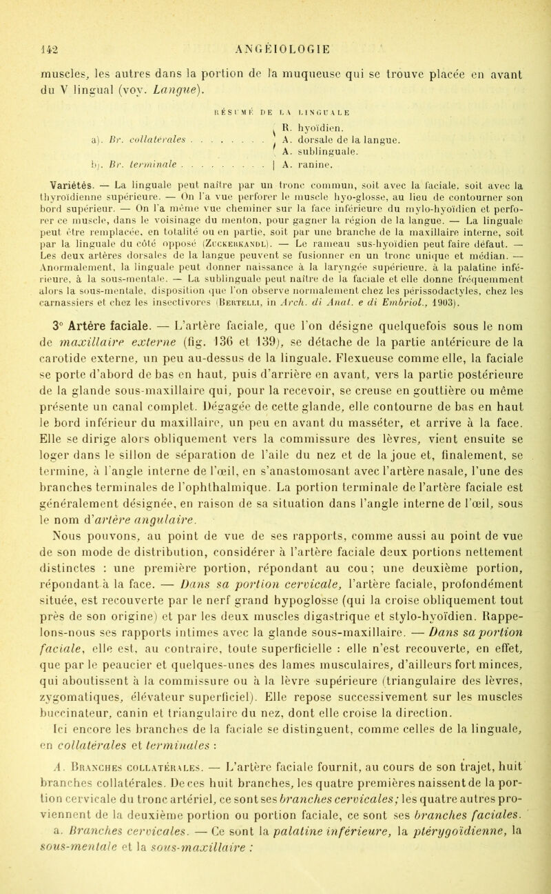 muscles, les autres dans la portion de la muqueuse qui se trouve placée en avant du V lingual (voy. Langue). R É s r M F. DE L V 1.1 N G U A L E ^ R. hyoïdien. a). Br. collaterales A. dorsale de la langue. A. sublinguale. b;. Br. lenninale j A. ranine. Variétés. — La linguale peut naître par un tronc commun, soit avec la faciale, soit avec la thyroïdienne supérieure. — On l'a vue perforer le muscle hyo-glosse, au lieu de contourner son bord supérieur. — On l'a même vue cheminer sur la face inférieure du mylo-hyoïdien et perfo- rer ce muscle, dans le voisinage du menton, pour gagner la région de la langue. — La linguale peut être remplacée, en totalité ou en partie, soit par une branche de la maxillaire interne, soit par la linguale du côté opposé (Zuckerkandl). — Le rameau sus-hyoïdien peut faire défaut. — Les deux artères dorsales de la langue peuvent se fusionner en un tronc unique et médian. — Anormalement, la linguale peut donner naissance à la laryngée supérieure, à la palatine infé- rieure, à la sous-mentale. — La sublinguale peut naître de la faciale et elle donne fréquemment alors la sous-mentale, disposition que l’on observe normalement chez les périssodactyles, chez les carnassiers et chez les insectivores (Befitelli, in Arch. di Anal, e di Embriol., 1903). 3® Artère faciale. — L’artère faciale, que l’on désigne quelquefois sous le nom de maxillaire externe (fig. 136 et i39j, se détache de la partie antérieure de la carotide externe, un peu au-dessus de la linguale. Flexueuse comme elle, la faciale se porte d’abord de bas en haut, puis d’arrière en avant, vers la partie postérieure de la glande sous-maxillaire qui, pour la recevoir, se creuse en gouttière ou même présente un canal complet. Dégagée de cette glande, elle contourne de bas en haut le bord inférieur du maxillaire, un peu en avant du masséter, et arrive à la face. Elle se dirige alors obliquement vers la commissure des lèvres, vient ensuite se loger dans le sillon de séparation de l’aile du nez et de la joue et, finalement, se termine, à l’angle interne de l’œil, en s’anastomosant avec l’artère nasale, l’une des branches terminales de l’ophthalmique. La portion terminale de l’artère faciale est généralement désignée, en raison de sa situation dans l’angle interne de l’œil, sous le nom à'arlère angulaire. Nous pouvons, au point de vue de ses rapports, comme aussi au point de vue de son mode de distribution, considérer à l’artère faciale deux portions nettement distinctes : une première portion, répondant au cou; une deuxième portion, répondant à la face. — Dans sa portion cervicale, l’artère faciale, profondément située, est recouverte par le nerf grand hypoglosse (qui la croise obliquement tout près de son origine) et par les deux muscles digastrique et stylo-hyoïdien. Rappe- lons-nous ses rapports intimes avec la glande sous-maxillaire. — Dans sa portion faciale, elle est, au contraire, toute superficielle : elle n’est recouverte, en effet, que par le peaucier et quelques-unes des lames musculaires, d’ailleurs fort minces, qui aboutissent à la commissure ou à la lèvre supérieure (triangulaire des lèvres, zygomatiques, élévateur superficiel). Elle repose successivement sur les muscles buccinateur, canin et triangulaire du nez, dont elle croise la direction. Ici encore les branches de la faciale se distinguent, comme celles de la linguale, en collatérales et terminales : A. Branches collatérales. — L’artère faciale fournit, au cours de son trajet, huit branches collatérales. De ces huit branches, les quatre premières naissent de la por- tion cervicale du tronc artériel, ce sont ses branches cervicales ; les quatre autres pro- viennent de la deuxième portion ou portion faciale, ce sont ses branches faciales. a. Branches cervicales. — Ce sont la palatine inférieure, la plérygoïdienne, la sous-mentale et la sous-maxillaire :