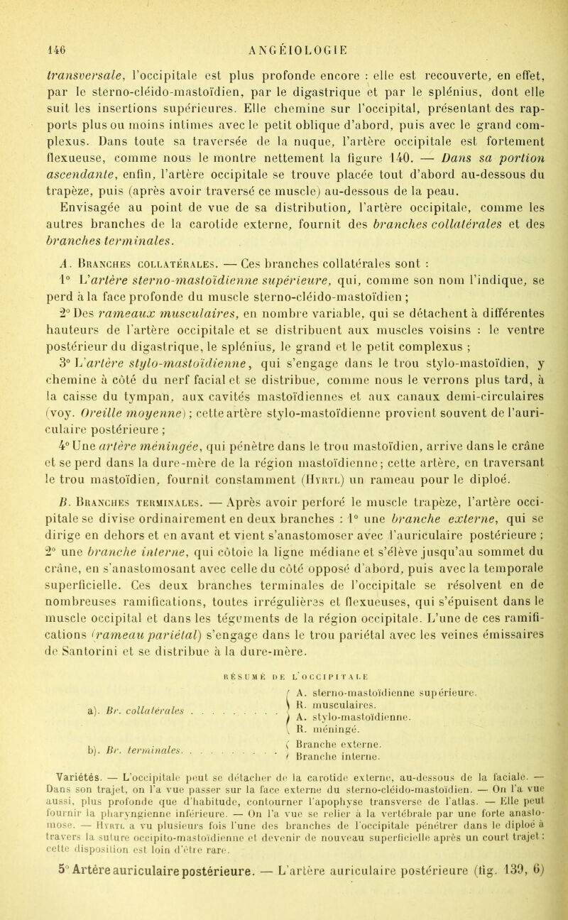 transversale, l’occipitale est plus profonde encore : elle est recouverte, en effet, par le sterno-cléido-mastoïdien, par le digastrique et par le splénius, dont elle suit les insertions supérieures. Elle chemine sur l’occipital, présentant des rap- ports plus ou moins intimes avec le petit oblique d’abord, puis avec le grand com- plexus. Dans toute sa traversée de la nuque, l’artère occipitale est fortement flexueuse, comme nous le montre nettement la figure 140. — Dans sa portion ascendante, enfin, l’artère occipitale se trouve placée tout d’abord au-dessous du trapèze, puis (après avoir traversé ce muscle) au-dessous de la peau. Envisagée au point de vue de sa distribution, l’artère occipitale, comme les autres branches de la carotide externe, fournit des branches collatérales et des branches terminales. A. Branches collatérales. — Ces branches collatérales sont : Vartère sterno-mastoïdienne siipérieicre, qui, comme son nom l’indique, se perd à la face profonde du muscle sterno-cléido-mastoïdien; :2°Des rameaux musculaires, en nombre variable, qui se détachent à différentes hauteurs de fartère occipitale et se distribuent aux muscles voisins : le ventre postérieur du digastrique, le splénius, le grand et le petit complexus ; artère stylo-mastoïdienne, qui s’engage dans le trou stylo-mastoïdien, y chemine à côté du nerf facial et se distribue, comme nous le verrons plus tard, à la caisse du tympan, aux cavités mastoïdiennes et aux canaux demi-circulaires ( voy. Oreille moyenne) ; cette artère stylo-mastoïdienne provient souvent de l’auri- culaire postérieure ; 4° Une artère méningée, qui pénètre dans le trou mastoïdien, arrive dans le crâne et se perd dans la dure-mère de la région mastoïdienne; cette artère, en traversant le trou mastoïdien, fournit constamment (Hyrtl) un rameau pour le diploé. B. Branches terminales. — Après avoir perforé le muscle trapèze, l’artère occi- pitale se divise ordinairement en deux branches : U une branche externe, qui se dirige en dehors et en avant et vient s’anastomoser avec l’auriculaire postérieure ; une branche interne, qui côtoie la ligne médiane et s’élève jusqu’au sommet du crâne, en s’anastomosant avec celle du côté opposé d’abord, puis avec la temporale superficielle. Ces deux branches terminales de l’occipitale se résolvent en de nombreuses ramifications, toutes irrégulières et flexueuses, qui s’épuisent dans le muscle occipital et dans les téguments de la région occipitale. L’une de ces ramifi- cations (rameau pariétal) s’engage dans le trou pariétal avec les veines émissaires de Santorini et se distribue à la dure-mère. R É s U .\I É DE l' O C C I P I T A E E A. sterno-mastoïdienne supérieure. R. musculaires. A. stylo-mastoïdienne. R. méningé. Branche e.Aterne. Branche interne. Variétés. — L'occipitale peut se détacher de la carotide externe, au-dessous de la l'acialo. — Dans son trajet, on l’a vue passer sur la face externe du sterno-cléido-mastoïdien. — On l’a vue aussi, plus profonde que d’habitude, contourner l’apophyse transverse de l'atlas. — Elle peut fournir la pharyngienne inférieure. — On l’a vue se relier à la vertébrale par une forte anasto- mose. — Hvrtl a vu plusieurs fois l'une des branches de l'occipitale pénétrer dans le diploé à travers la suture occipito-mastoïdienne et devenir de nouveau superficielle après un court trajet: cette disposition est loin d’ctre rare. 5* Artère auriculaire postérieure. — L’artère auriculaire postérieure (fig. 139, 0) ! a) . Br. collalércdes . . . | b) . Br. terminales ^