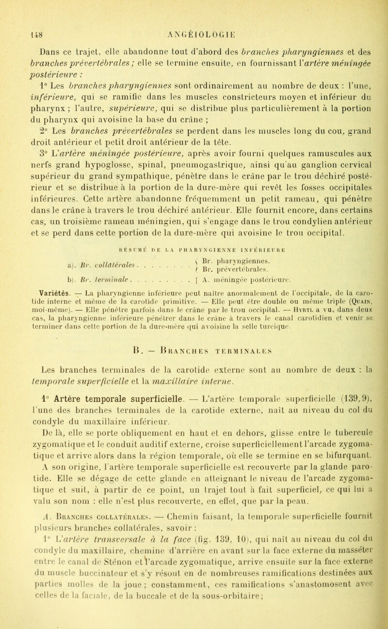 Dans ce trajet, elle abandonne tout d’abord des branches pharyngiennes et des branches prévertébrales ; elle se termine ensuite, en ïoxxvms^^Oini Y artère méningée postérieure : Les branches pharyngiennes sont ordinairement au nombre de deux : l’une, inférieure, qui se ramifie dans les muscles constricteurs moyen et inférieur du pharynx ; l’autre, supérieure, qui se distribue plus particulièrement à la portion du pharynx qui avoisine la base du crâne ; 2® Les branches prévertébrales se perdent dans les muscles long du cou, grand droit antérieur et petit droit antérieur de la tête. 3° U artère méningée postérieure, après avoir fourni quelques ramuscules aux nerfs grand hypoglosse, spinal, pneumogastrique, ainsi qu’au ganglion cervical supérieur du grand sympathique, pénètre dans le crâne par le trou déchiré posté- rieur et se distribue à la portion de la dure-mère qui revêt les fosses occipitales inférieures. Cette artère abandonne fréquemment un petit rameau, qui pénètre dans le crâne à travers le trou déchiré antérieur. Elle fournit encore, dans certains cas, un troisième rameau méningien, qui s’engage dans le trou condylien antérieur et se perd dans cette portion de la dure-mère qui avoisine le trou occipital. H É s r M É DE LA P H A R V X GIE N N E INFÉRIEURE a) . Br. colldtérales b) . Br. terminale. Br. pharyngiennes. t Br. prévertébrales. I A. méningée postérieure. Variétés. — La pharyngienne inférieure peut naître anormalement de l’occipitale, de la caro- tide interne et même de la carotide primitive. — Elle peut être double ou même triple (Quain, moi-même). — Elle pénètre parfois dans le crâne par le trou occipital. — Hyrtl a vu, dans deux cas, la pharyngienne inférieure pénétrer dans le crâne à travers le canal carotidien et venir se. terminer dans cette portion de la dure-mère qui avoisine la selle turcique. H. — D RANG II ES TERMINALES Les branches terminales de la carotide externe sont au nombre de deux : la temporale superficielle et la maxillaire interne. 1° Artère temporale superficielle. — L’artère temporale superficielle (139,9), l’une des branches terminales de la carotide externe, naît au niveau du col du condyle du maxillaire inférieur. De là, elle se porte obliquement en haut et en dehors, glisse entre le tubercule zygomatique et le conduit auditif externe, croise superficiellement l’arcade zygoma- tique et arrive alors dans la région temporale, où elle se termine en se bifurquant. A son origine, l’artère temporale superficielle est recouverte par la glande paro- tide. Elle se dégage de cette glande en atteignant le niveau de l’arcade zygoma- tique et suit, à partir de ce point, un trajet tout à fait superficiel, ce qui lui a valu son nom : elle n’est plus recouverte, en effet, que par la peau. A. Branches collatérales. — Chemin faisant, la temporale superficielle fournit plusieurs branches collatérales, savoir : 1° Vartère transversale à la face (fig. 139, 10), qui naît au niveau du coi du condyle du maxillaire, chemine d’arrière en avant sur la face externe du masséter entre le canal de Sténon et l’arcade zygomatique, arrive ensuite sur la face externe du muscle buccinateur et s’y résout en de nombreuses ramifications destinées aux parties molles de la joue; constamment, ces ramifications s’anastomosent avec celles de la faciale, de la buccale et de la sous-orbitaire;