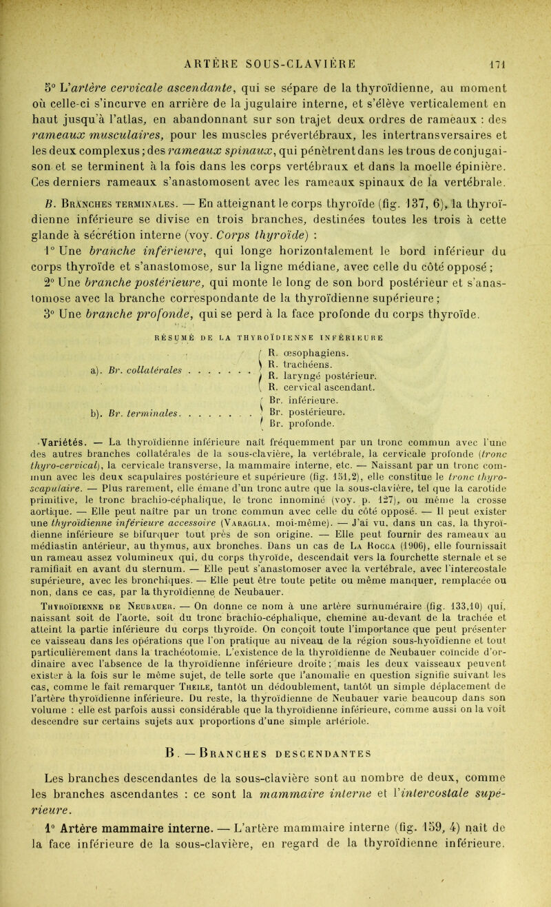 L’artère cermcale ascendante, qui se sépare de la thyroïdienne, au moment où celle-ci s’incurve en arrière de la jugulaire interne, et s’élève verticalement en haut jusqu’à l’atlas, en abandonnant sur son trajet deux ordres de rameaux ; des rameaux musculaires, pour les muscles prévertébraux, les intertransversaires et les deux complexus ; des rameaux spinaux, qui pénètrent dans les trous de conjugai- son et se terminent à la fois dans les corps vertébraux et dans la moelle épinière. Ces derniers rameaux s’anastomosent avec les rameaux spinaux de la vertébrale. B. Branches termin.ales. — En atteignant le corps thyroïde (fig. 137, 6)^ la thyroï- dienne inférieure se divise en trois branches, destinées toutes les trois à cette glande à sécrétion interne (voy. Corps thyroïde) : 1° Une branche inférieure, qui longe horizontalement le bord inférieur du corps thyroïde et s’anastomose, sur la ligne médiane, avec celle du côté opposé ; 2° Une branche postérieure, qui monte le long de son bord postérieur et s’anas- tomose avec la branche correspondante de la thyroïdienne supérieure ; 3° Une branche profonde, qui se perd à la face profonde du corps thyroïde. RÉSUMÉ DE LA THYROÏDIENNE INFÉRIEURE / a). Br. collatérales b). Br. terminales ! R. œsophagiens. ) R. trachéens, i R. laryngé postérieur. \ R. cervical ascendant. f Br. inférieure. ) Br. postérieure. Br. profonde. •Variétés. — La thyroïdienne inférieure naît fréquemment par un tronc commun avec l’une des autres branches collatérales de la sous-clavière, la vertébrale, la cervicale profonde {tronc thyro-cervical), la cervicale transverse, la mammaire interne, etc. — Naissant par un tronc com- mun avec les deux scapulaires postérieure et supérieure (fig. 151,2), elle constitue le tronc thyro- scapulaire. — Plus rarement, elle émane d’un tronc autre que la sous-clavière, tel que la carotide primitive, le tronc brachio-céphalique, le tronc innommé (voy. p. 127), ou même la crosse aortique. — Elle peut naître par un tronc commun avec celle du côté opposé. — 11 peut exister une thyroïdienne inférieure accessoire (Varaglia, moi-même). — J’ai vu, dans un cas, la thyroï- dienne inférieure se bifurquer tout prés de son origine. — Elle peut fournir des rameaux au médiastin antérieur, au thymus, aux bronches. Dans un cas de La Rocca (1906), elle fournissait un rameau assez volumineux qui, du corps thyroïde, descendait vers la fourchette sternale et se ramifiait en avant du sternum. — Elle peut s’anastomoser avec la vertébrale, avec l’intercostale supérieure, avec les bronchiques. — Elle peut être toute petite ou même manquer, remplacée ou non, dans ce cas, par la thyroïdienne de Neubauer. Thyroïdienne de Neubauer. — On donne ce nom à une artère surnuméraire (fig. 133,10) qui, naissant soit de l’aorte, soit du tronc brachio-céphalique, chemine au-devant de la trachée et atteint la partie inférieure du corps thyroïde. On conçoit toute l’importance que peut présenter ce vaisseau dans les opérations que l’on pratique au niveau de la région sous-hyoïdienne et tout particulièrement dans la trachéotomie. L’e.xistence de la thyroïdienne de Neubauer coïncide d’or- dinaire avec l’absence de la thyroïdienne inférieure droite ; mais les deux vaisseaux peuvent exister à la fois sur le même sujet, de telle sorte que Tanomalie en question signifie suivant les cas, comme le fait remarquer Theile, tantôt un dédoublement, tantôt un simple déplacement de l’artère thyroïdienne inférieure. Du reste, la thyroïdienne de Neubauer varie beaucoup dans son volume : elle est parfois aussi considérable que la thyroïdienne inférieure, comme aussi on la voit descendre sur certains sujets aux proportions d’une simple artériole. B.—Branches descendantes Les branches descendantes de la sous-clavière sont au nombre de deux, comme les branches ascendantes : ce sont la mammaire interne et Vintercostale supé- rieure. 1° Artère mammaire interne. — L’artère mammaire interne (fig. 159, 4) naît de la face inférieure de la sous-clavière, en regard de la thyroïdienne inférieure.
