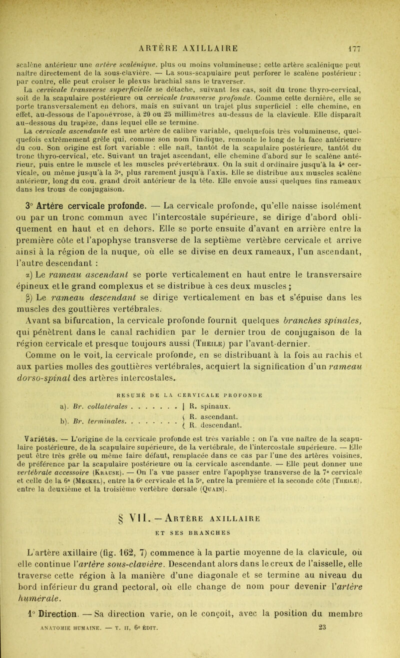 scalène antérieur une artère scalénique, plus ou moins volumineuse ; cette artèi-e scalénique peut naître directement de la sous-clavière. — La sous-scapulaire peut perforer le scalène postérieur ; par contre, elle peut croiser le plexus brachial sans le traverser. La cervicale transverse superficielle se détache, suivant les cas, soit du tronc thyro-cervical, soit de la scapulaire postérieure ou cervicale transverse profonde. Gomme cette dernière, elle se porte transversalement en dehors, mais en suivant un trajet plus superficiel : elle chemine, en effet, au-dessous de l’aponévrose, à 20 ou 25 millimètres au-dessus de la clavicule. Elle disparaît au-dessous du trapèze, dans lequel elle se termine. La cervicale ascendante est une artère de calibre variable, quelquefois très volumineuse, quel- quefois extrêmement grêle qui, comme son nom l’indique, remonte le long de la face antérieure du cou. Son origine est fort variable : elle naît, tantôt de la scapulaire postérieure, tantôt du tronc thyro-cervical, etc. Suivant un trajet ascendant, elle chemine d’abord sur le scalène anté- rieur, puis entre le muscle et les muscles prévertébraux. On la suit d ordinaire jusqu’à la 4® cer- vicale, ou même jusqu’à la 3®, plus rarement jusqu’à l’axis. Elle se distribue aux muscles scalène antérieur, long du cou, grand droit antérieur de la tête. Elle envoie aussi quelques lins rameaux dans les trous de conjugaison. 3* Artère cervicale profonde. — La cervicale profonde, qu’elle naisse isolément ou par un tronc commun avec l’intercostale supérieure, se dirige d’abord obli- quement en haut et en dehors. Elle se porte ensuite d’avant en arrière entre la première côte et l’apophyse transverse de la septième vertèbre cervicale et arrive ainsi à la région de la nuque, où elle se divise en deux rameaux, l’un ascendant, l’autre descendant : a) Le rameau ascendant se porte verticalement en haut entre le transversaire épineux et le grand complexus et se distribue à ces deux muscles ; Le rameau descendant se dirige verticalement en bas et s’épuise dans les muscles des gouttières vertébrales. Avant sa bifurcation, la cervicale profonde fournit quelques branches spinales, qui pénètrent dans le canal rachidien par le dernier trou de conjugaison de la région cervicale et presque toujours aussi (TheileJ par l’avant-dernier. Comme on le voit, la cervicale profonde, en se distribuant à la fois au rachis et aux parties molles des gouttières vertébrales, acquiert la signification d’un rameau dorso-spinal des artères intercostales. R E s U É DE a) . Br. collatérales .... b) . Br. terminales LA CERVICALE PROFONDE . . I R. spinaux. ( R. ascendant. ‘ ( R. descendant. Variétés. — L’origine de la cervicale profonde est très variable : on l’a vue naître de la scapu- laire postérieure, delà scapulaire supérieure, de la vertébrale, de l’intercostale supérieure. — Elle peut être très grêle ou même faire défaut, remplacée dans ce cas par l’une des artères voisines, de préférence par la scapulaire postérieure ou la cervicale ascendante. — Elle peut donner une vertébrale accessoire (Krause). — On l’a vue passer entre l’apophyse transverse de la 7® cervicale et celle de la 6® (Meckel), entre la 6® cervicale et la 5®, entre la première et la seconde côte (Theile), entre la deuxième et la troisième vertèbre dorsale (Quain). § VIL—Artère axillaire ET SES BRANCHES L’artère axillaire (fig. 162, 7) commence à la partie moyenne de la clavicule, où elle continue Vartère sous-clavière. Descendant alors dans le creux de l’aisselle, elle traverse cette région à la manière d’une diagonale et se termine au niveau du bord inférieur du grand pectoral, où elle change de nom pour devenir Xartère humérale. Direction. — Sa direction varie, on le conçoit, avec la position du membre ANATOMIE HUMAINE. — T. II, 6® ÉDIT. 23