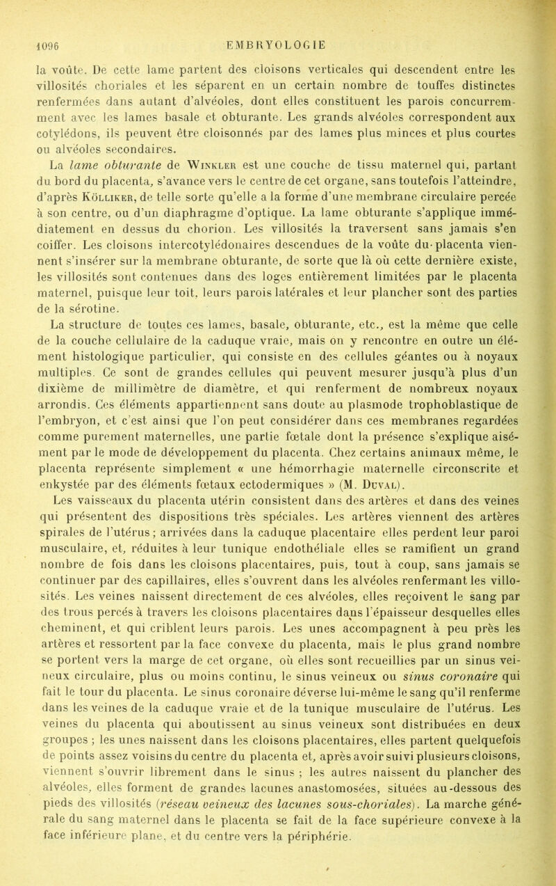 la voûte. De cette lame partent des cloisons verticales qui descendent entre les villosités choriales et les séparent en un certain nombre de touffes distinctes renfermées dans autant d’alvéoles, dont elles constituent les parois concurrem- ment avec les lames basale et obturante. Les grands alvéoles correspondent aux cotylédons, ils peuvent être cloisonnés par des lames plus minces et plus courtes ou alvéoles secondaires. La lame obturante de Winkler est une couche de tissu maternel qui, partant du bord du placenta, s’avance vers le centre de cet organe, sans toutefois l’atteindre, d’après Kôlliker, de telle sorte qu’elle a la forme d’une membrane circulaire percée à son centre, ou d’un diaphragme d’optique. La lame obturante s’applique immé- diatement en dessus du chorion. Les villosités la traversent sans jamais s’en coiffer. Les cloisons intercotylédonaires descendues de la voûte du-placenta vien- nent s’insérer sur la membrane obturante, de sorte que là où cette dernière existe, les villosités sont contenues dans des loges entièrement limitées par le placenta maternel, puisque leur toit, leurs parois latérales et leur plancher sont des parties de la sérotine. La structure de toutes ces lames, basale, obturante, etc., est la même que celle de la couche cellulaire de la caduque vraie, mais on y rencontre en outre un élé- ment histologique particulier, qui consiste en des cellules géantes ou à noyaux multiples. Ce sont de grandes cellules qui peuvent mesurer jusqu’à plus d’un dixième de millimètre de diamètre, et qui renferment de nombreux noyaux arrondis. Ces éléments appartiennent sans doute au plasmode trophoblastique de l’embryon, et c’est ainsi que l’on peut considérer dans ces membranes regardées comme purement maternelles, une partie fœtale dont la présence s’explique aisé- ment par le mode de développement du placenta. Chez certains animaux même, le placenta représente simplement « une hémorrhagie maternelle circonscrite et enkystée par des éléments fœtaux ectodermiques » (M. Duval). Les vaisseaux du placenta utérin consistent dans des artères et dans des veines qui présentent des dispositions très spéciales. Les artères viennent des artères spirales de l’utérus; arrivées dans la caduque placentaire elles perdent leur paroi musculaire, et, réduites à leur tunique endothéliale elles se ramifient un grand nombre de fois dans les cloisons placentaires, puis, tout à coup, sans jamais se continuer par des capillaires, elles s’ouvrent dans les alvéoles renfermant les villo- sités. Les veines naissent directement de ces alvéoles, elles reçoivent le sang par des trous percés à travers les cloisons placentaires dans l’épaisseur desquelles elles cheminent, et qui criblent leurs parois. Les unes accompagnent à peu près les artères et ressortent par la face convexe du placenta, mais le plus grand nombre se portent vers la marge de cet organe, où elles sont recueillies par un sinus vei- neux circulaire, plus ou moins continu, le sinus veineux ou sinus coronaire qui fait le tour du placenta. Le sinus coronaire déverse lui-même le sang qu’il renferme dans les veines de la caduque vraie et de la tunique musculaire de l’utérus. Les veines du placenta qui aboutissent au sinus veineux sont distribuées en deux groupes ; les unes naissent dans les cloisons placentaires, elles partent quelquefois de points assez voisins du centre du placenta et, après avoir suivi plusieurs cloisons, viennent s’ouvrir librement dans le sinus ; les autres naissent du plancher des alvéoles, elles forment de grandes lacunes anastomosées, situées au-dessous des pieds des villosités (réseau veineux des lacunes sous-choriales). La marche géné- rale du sang maternel dans le placenta se fait de la face supérieure convexe à la face inférieure plane, et du centre vers la périphérie.