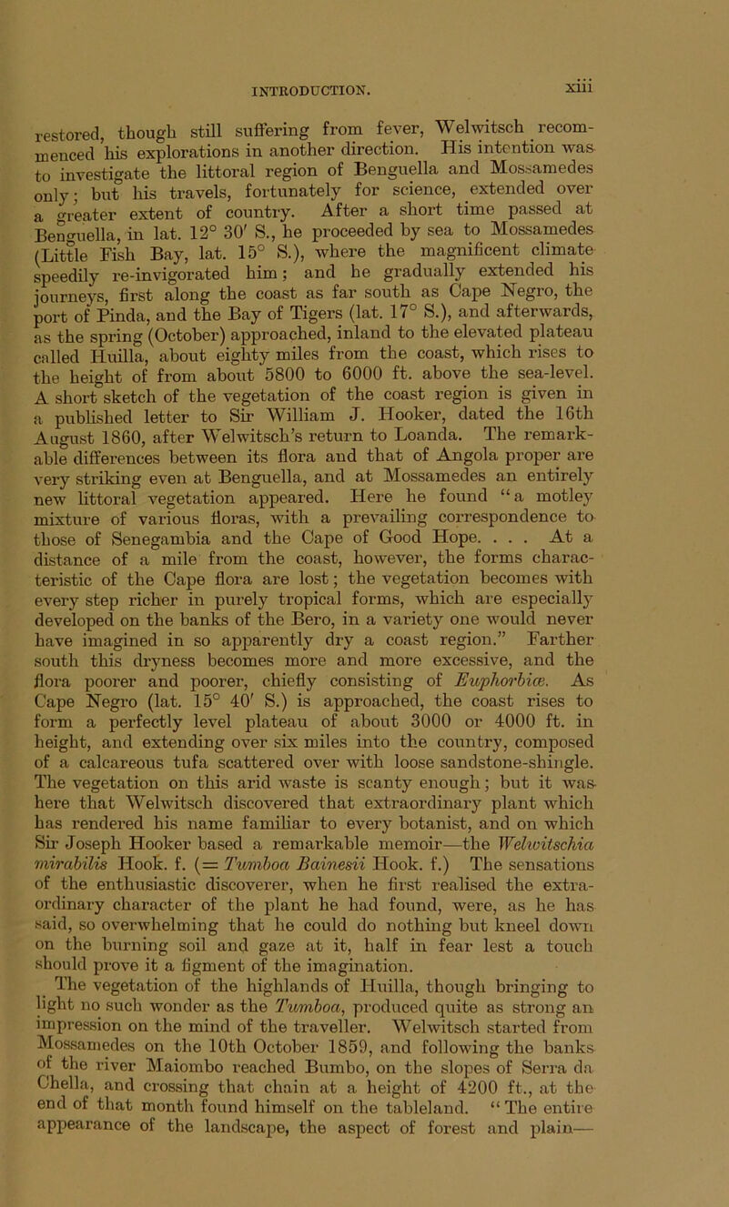 restored, though still suffering from fever, Weiwitsch _ recom- menced his explorations in another direction. His intention was to investigate the littoral region of Benguella and Mossamedes only; but his travels, fortunately for science, extended over a Greater extent of country. After a short time passed at Benguella, in lat. 12° 30' S., he proceeded by sea to Mossamedes (Little Fish Bay, lat. 15° S.), where the magnificent climate speedily re-invigorated him; and he gradually extended his journeys, first along the coast as far south as Gape Negro, the port of Pinda, and the Bay of Tigers (lat. 17° S.), and afterwards, as the spring (October) approached, inland to the elevated plateau called Huilla, about eighty miles from the coast, which rises to the height of from about 5800 to 6000 ft. above the sea-level. A short sketch of the vegetation of the coast region is given in a published letter to Sir William J. Hooker, dated the 16th August 1860, after Welwitsch’s return to Loanda. The remark- able differences between its flora and that of Angola proper are very striking even at Benguella, and at Mossamedes an entirely new littoral vegetation appeared. Here he found “a motley mixture of various floras, with a prevailing correspondence to those of Senegambia and the Cape of Good Hope. . . . At a distance of a mile from the coast, however, the forms charac- teristic of the Cape flora are lost; the vegetation becomes with every step richer in purely tropical forms, which are especially developed on the banks of the Bero, in a variety one would never have imagined in so apparently dry a coast region.” Farther south this dryness becomes more and more excessive, and the flora poorer and poorer, chiefly consisting of Euphorbia}. As Cape Negro (lat. 15° 40' S.) is approached, the coast rises to form a perfectly level plateau of about 3000 or 4000 ft. in height, and extending over six miles into the country, composed of a calcareous tufa scattered over with loose sandstone-shingle. The vegetation on this arid waste is scanty enough; but it was- here that Welwitsch discovered that extraordinary plant which has rendered his name familiar to every botanist, and on which Sir Joseph Hooker based a remai’kable memoir—the Welwitschia mirabilis Hook. f. (= Tvmboa Bainesii Flook. f.) The sensations of the enthusiastic discoverer, when he first realised the extra- ordinary character of the plant he had found, were, as he has said, so overwhelming that he could do nothing but kneel down on the burning soil and gaze at it, half in fear lest a touch should prove it a figment of the imagination. The vegetation of the highlands of Huilla, though bringing to light no such wonder as the Tumboa, produced quite as strong an impression on the mind of the traveller. Welwitsch started from Mossamedes on the 10th October 1859, and following the banks of the river Maiombo reached Bumbo, on the slopes of Serra da Chella, and crossing that chain at a height of 4200 ft., at the end of that month found himself on the tableland. “The entire appearance of the landscape, the aspect of forest and plain—