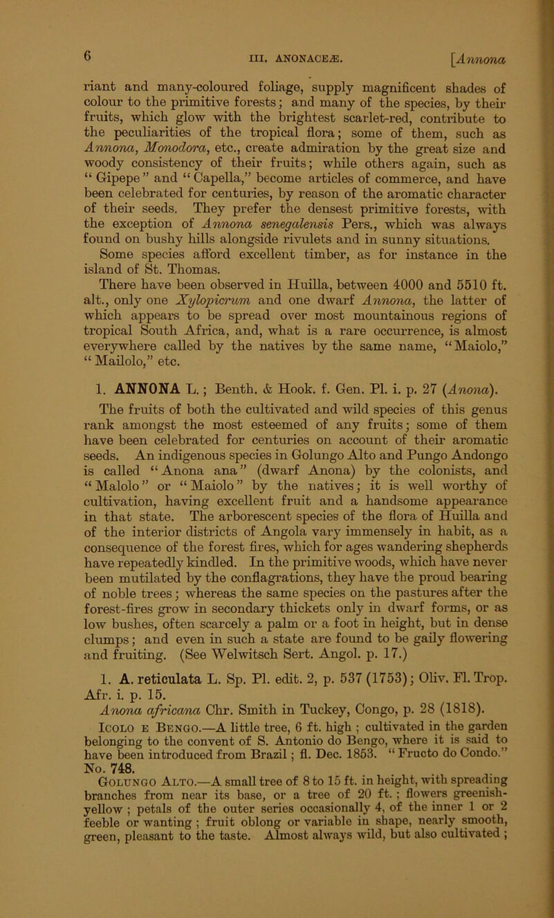 riant and many-coloured foliage, supply magnificent shades of colour to the primitive forests; and many of the species, by their fruits, which glow with the brightest scarlet-red, contribute to the peculiarities of the tropical flora; some of them, such as Annona, Monodora, etc., create admiration by the great size and woody consistency of their fruits; while others again, such as “ Gipepe ” and “ Capella,” become articles of commerce, and have been celebrated for centuries, by reason of the aromatic character of their seeds. They prefer the densest primitive forests, with the exception of Annona senegalensis Pers., which was always found on bushy hills alongside rivulets and in sunny situations. Some species afford excellent timber, as for instance in the island of St. Thomas. There have been observed in Huilla, between 4000 and 5510 ft. alt., only one Xylopicrum and one dwarf Annona, the latter of which appears to be spread over most mountainous regions of tropical South Africa, and, what is a rare occurrence, is almost everywhere called by the natives by the same name, “Maiolo,” “ Mailolo,” etc. 1. ANNONA L.; Benth. & Hook. f. Gen. PI. i. p. 27 (.Anona). The fruits of both the cultivated and wild species of this genus rank amongst the most esteemed of any fruits; some of them have been celebrated for centuries on account of their aromatic seeds. An indigenous species in Golungo Alto and Pungo Andongo is called “Anona ana” (dwarf Anona) by the colonists, and “ Maiolo ” or “ Maiolo ” by the natives; it is well worthy of cultivation, having excellent fruit and a handsome appearance in that state. The arborescent species of the flora of Huilla and of the interior districts of Angola vary immensely in habit, as a consequence of the forest fires, which for ages wandering shepherds have repeatedly kindled. In the primitive woods, which have never been mutilated by the conflagrations, they have the proud bearing of noble trees; whereas the same species on the pastures after the forest-fires grow in secondary thickets only in dwarf forms, or as low bushes, often scarcely a palm or a foot in height, but in dense clumps; and even in such a state are found to be gaily flowering and fruiting. (See Welwitsch Sert. Angol. p. 17.) 1. A. reticulata L. Sp. PL edit. 2, p. 537 (1753); Oliv. FI. Trop. Afr. i. p. 15. Anona africana Chr. Smith in Tuckey, Congo, p. 28 (1818). Icolo E Bengo.—A little tree, 6 ft. high ; cultivated in the garden belonging to the convent of S. Antonio do Bengo, where it is said to have been introduced from Brazil; fl. Dec. 1853. “ Fructo do Condo.” No. 748. Golungo Alto.—A small tree of 8 to 15 ft. in height, with spreading branches from near its base, or a tree of 20 ft. ; flowers greenish- yellow ; petals of the outer series occasionally 4, of the inner 1 or 2 feeble or wanting ; fruit oblong or variable in shape, nearly smooth, green, pleasant to the taste. Almost always wild, but also cultivated ;
