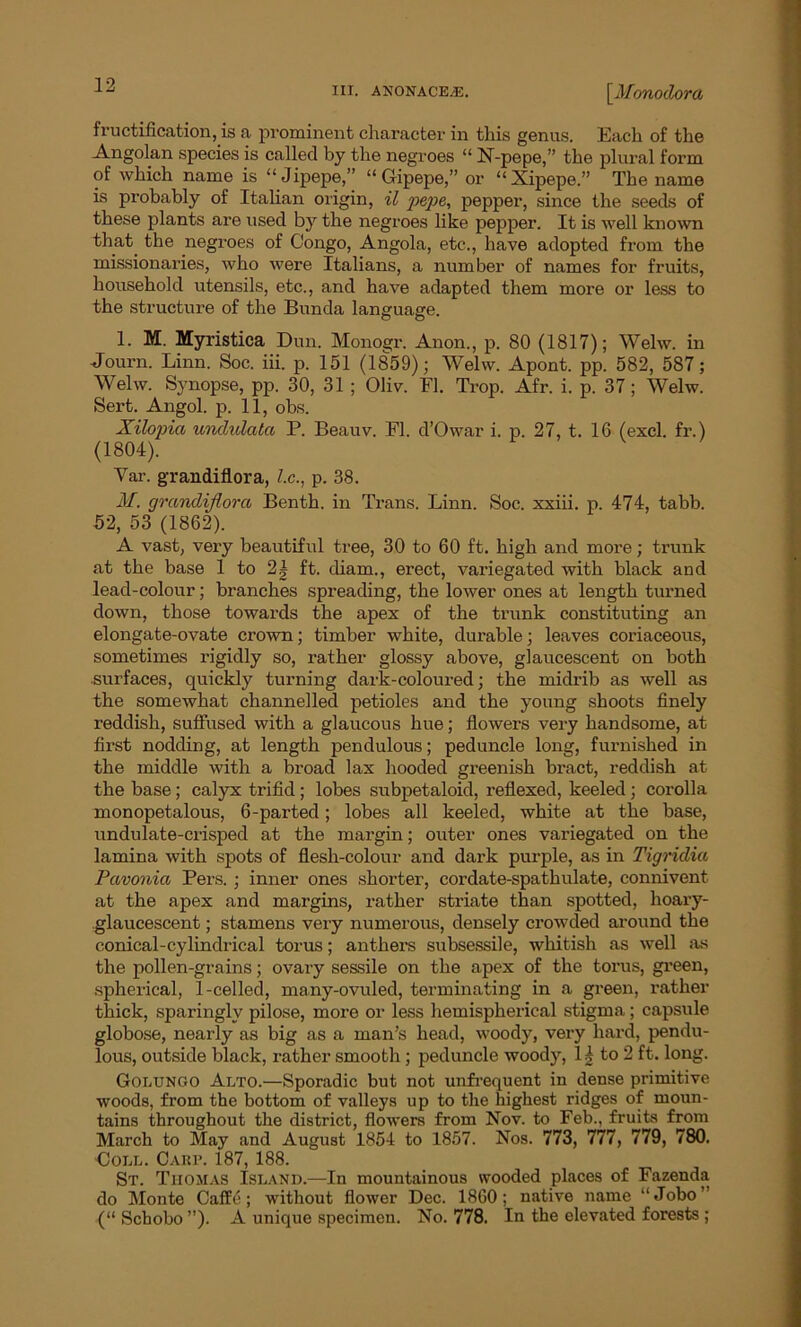 III. ANONACE/E. [Monodora fructification, is a prominent character in this genus. Each of the Angolan species is called by the negroes “ N-pepe,” the plural form of which name is “ Jipepe,” “ Gipepe,” or “Xipepe.” The name is probably of Italian origin, il pepe, pepper, since the seeds of these plants are used by the negroes like pepper. It is well known that the negroes of Congo, Angola, etc., have adopted from the missionaries, who were Italians, a number of names for fruits, household utensils, etc., and have adapted them more or less to the structure of the Bunda language. 1. M. Myristica Dun. Monogr. Anon., p. 80 (1817); Welw. in Journ. Linn. Soc. iii. p. 151 (1859); Welw. Apont. pp. 582, 587; Welw. Synopse, pp. 30, 31 ; Oliv. FI. Trop. Afr. i. p. 37; Welw. Sert. Angol. p. 11, obs. Xilopia undulatci P. Beauv. FI. d’Owar i. p. 27, t. 16 (excl. fr.) (1804). Var. grandiflora, l.c., p. 38. M. grandiflora Benth. in Trans. Linn. Soc. xxiii. p. 474, tabb. 52, 53 (1862). A vast, very beautiful tree, 30 to 60 ft. high and more; trunk at the base 1 to 24 ft. diam., erect, variegated with black and lead-colour; branches spreading, the lower ones at length turned down, those towards the apex of the trunk constituting an elongate-ovate crown; timber white, durable; leaves coriaceous, sometimes rigidly so, rather glossy above, glaucescent on both surfaces, quickly turning dark-coloured; the midrib as well as the somewhat channelled petioles and the young shoots finely reddish, suffused with a glaucous hue; flowers very handsome, at first nodding, at length pendulous; peduncle long, furnished in the middle with a broad lax hooded greenish bract, reddish at the base; calyx trifid; lobes subpetaloid, reflexed, keeled; corolla monopetalous, 6-parted; lobes all keeled, white at the base, undulate-crisped at the margin; outer ones variegated on the lamina with spots of flesh-colour and dark purple, as in Tigridia Pavonia Pers. ; inner ones shorter, cordate-spathulate, connivent at the apex and margins, rather striate than spotted, hoary- glaucescent; stamens very numerous, densely crowded around the conical-cylindrical torus; anthers subsessile, whitish as well as the pollen-grains; ovary sessile on the apex of the torus, green, spherical, 1-celled, many-ovuled, terminating in a green, rather thick, sparingly pilose, more or less hemispherical stigma; capsule globose, nearly as big as a man’s head, woody, very hard, pendu- lous, outside black, rather smooth ; peduncle woody, 1| to 2 ft. long. Golungo Alto.—Sporadic but not unfrequent in dense primitive woods, from the bottom of valleys up to the highest ridges of moun- tains throughout the district, flowers from Nov. to Feb., fruits from March to May and August 1854 to 1857. Nos. 773, 777, 779, 780. ■Coll. Carp. 187, 188. St. Thomas Island.—In mountainous wooded places of Fazenda do Monte Caffe; without flower Dec. 1860; native name “Jobo” (“ Schobo ”). A unique specimen. No. 778. In the elevated forests ;