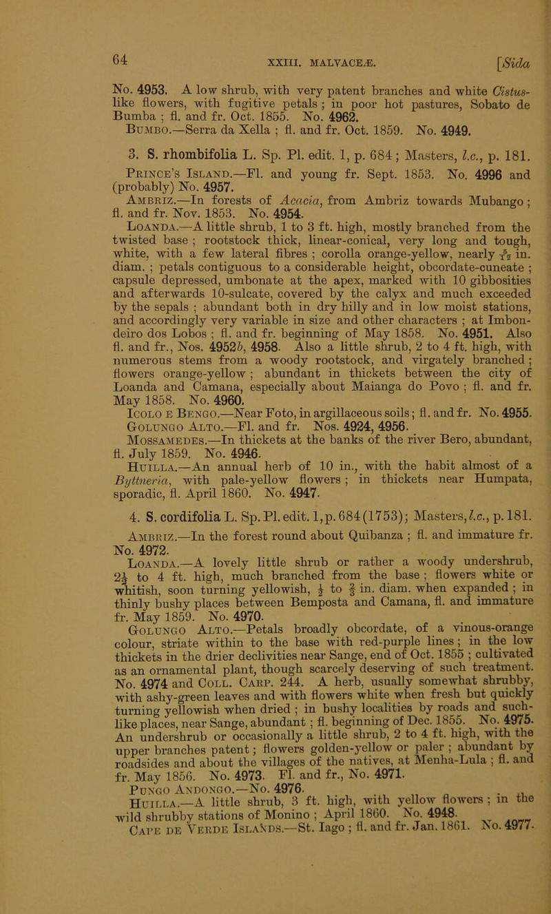 No. 4953. A low slirub, with very patent branches and white Cistus- like flowers, with fugitive petals ; in poor hot pastures, Sobato de Bumba ; fl. and fr. Oct. 1855. No. 4962. Bumbo.—Serra da Xella ; fl. and fr. Oct. 1859. No. 4949. 3. S. rhombifolia L. Sp. PI. edit. 1, p. 684; Masters, l.c., p. 181. Prince’s Island.—Fl. and young fr. Sept. 1853. No. 4996 and (pi’obably) No. 4957. Ambriz.—In forests of Acacia, from Ambriz towards Mubango : fl. and fr. Nov. 1853. No. 4954. Loanda.—A little shrub, 1 to 3 ft. high, mostly branched from the twisted base ; rootstock thick, linear-conical, very long and tough, white, with a few lateral fibres ; corolla orange-yellow, nearly x®5 in. diam. ; petals contiguous to a considerable height, obcordate-cuneate ; capsule depressed, umbonate at the apex, marked with 10 gibbosities and afterwards 10-sulcate, covered by the calyx and much exceeded by the sepals ; abundant both in dry hilly and in low moist stations, and accordingly very variable in size and other characters ; at Imbon- deiro dos Lobos ; fl. and fr. beginning of May 1858. No. 4951. Also fl. and fi'., Nos. 49525, 4958- Also a little shrub, 2 to 4 ft. high, with numerous stems from a woody rootstock, and virgately branched ; flowers orange-yellow ; abundant in thickets between the city of Loanda and Camana, especially about Maianga do Povo ; fl. and fr. May 1858. No. 4960. ICOLO E Bengo.—Near Foto, in argillaceous soils; fl. and fr. No. 4955. Golungo Alto.—Fl. and fr. Nos. 4924, 4956. _ Mossamedes.—In thickets at the banks of the river Bero, abundant, fl. July 1859. No. 4946. Huilla.—An annual herb of 10 in., with the habit almost of a Byttneria, with pale-yellow flowers ; in thickets near Humpata, sporadic, fl. April 1860. No. 4947. 4. S. cordifolia L. Sp.PI.edit. l,p. 684(1753); Masters,l.c., p. 181. Ambriz.—In the forest round about Quibanza ; fl. and immature fr. No. 4972. 3 J , , Loanda.—A lovely little shrub or rather a woody undershrub, 2J to 4 ft. high, much branched from the base ; flowers white or whitish, soon turning yellowish, £ to | in. diam. when expanded ; in thinly bushy places between Bemposta and Camana, fl. and immature fr. May 1859. No. 4970. Golungo At,to.—Petals broadly obcordate, of a vinous-orange colour, striate within to the base with red-purple lines; in the low thickets in the drier declivities near Sange, end of Oct. 1855 ; cultivated as an ornamental plant, though scarcely deserving of such treatment. No. 4974 and Coll. Carp. 244. A herb, usually somewhat shrubby, with ashy-green leaves and with flowers white when fresh but quickly turning yellowish when dried ; in bushy localities by roads and such- like places, near Sange, abundant; fl. beginning of Dec. 1855. No. 4975. An undershrub or occasionally a little shrub, 2 to 4 ft. high, with the upper branches patent; flowers golden-yellow or paler ; abundant by roadsides and about the villages of the natives, at Menha-Lula ; fl. and fr. May 1856. No. 4973. Fl. and fr., No. 4971. Pungo Andongo.—No. 4976. . Huilla.—A little shrub, 3 ft. high, with yellow flowers; in the wild shrubby stations of Monino ; April 1860. No. 4948. Cape de Verde Islands.—St. Iago ; fl. and fr. Jan. 1861. iso. 49/7.
