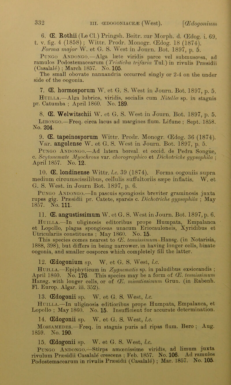 hi. CEDOGONiACE.dE (West). \CEdogonium 6. CE. Rothii (Le Cl.) Pringsh. Beitr. zur Morph, d. CEdog. i. 69, t. v. fig. 4 (1858); Wittr. Prodr. Monogr. QEdog. 18 (1874). Forma major W. et G. S. West in Journ. Bot. 1897, p. 5. Pungo Andongo.—Alga laete viridis parce vel submuscosa, ad ramulos Podostemacearum (Tristicha trifaria Tul.) in rivulis Praesidii (Casalale) ; March 1857. No. 105. The small obovate nannandria occurred singly or 2-4 on the under side of the oogonia. 7. (E. hormosporum W. et G. S. West in Journ. Bot. 1897, p. 5. Huilla.—Alga lubrica, viridis, socialis cum Nitellce sp. in stagnis pr. Catumba ; April 1860. No. 189. 8. CE. Welwitschii W. et G. S. West in Journ. Bot. 1897, p. 5. Libongo.—Freq. circa lacus ad margines flam. Lifune ; Sept. 1858. No. 204. 9. CE. tapeinosporum Wittr. Prodr. Monogr. CEdog. 36 (1874). Var. angolense W. et G. S. West in Journ. Bot. 1897, p. 5. Pungo Andongo.—Ad latera boreal, et occid. de Pedra Songue, c. Scytonemate Myochrous var. chorographico et Dichotriche gypsopjhila ; April 1857. No. 12. 10. (E. londinense Wittr. l.c. 39 (1874). Forma oogoniis supra medium circumscissilibus, cellulis suffultoriis saepe inflatis. W. et G. S. West, in Journ Bot. 1897, p. 6. Pungo Andongo.—In pascuis spongiosis breviter graminosis juxta rupes gig. Praesidii pr. Catete, sparsis c. Dichotriche gypsophila ; May 1857. No. 111. 11. (E. angustissimum W. et G. S. West in Journ. Bot. 1897, p. 6. Huilla.—In uliginosis editoribus prope Humpata, Empalanca et Lopollo, plagas spongiosas unacum Eriocauloneis, Xyridibus et Utriculariis constituens ; May 1860. No. 15. This species comes nearest to CE. tenuissimum Hansg. (in Notarisia, 1888, 398), but differs in being narrower, in having longer cells, binate oogonia, and smaller oospores which completely fill the latter. 12. (Edogonium sp. W. et G. S. West, l.c. Huilla.—Epiphyticum in Zygnematis sp. in paludibus exsiccandis ; April 1860. No. 176. This species may be a form of CE. tenuissimum Hansg. with longer cells, or of CE. minutissimum Grun. (in Rabenh. FI. Europ. Algar. iii. 352). 13. CEdogonii sp. W. et G. S. West, l.c. Huilla.—In uliginosis editioribus prope Humpata, Empalanca, et Lopollo ; May 1860. No. 15. Insufficient for accurate determination. 14. (Edogonii sp. W. et G. S. West, l.c. Mossamedes.—Freq. in stagnis puris ad ripas flum. Bero ; Aug. 1859. No. 190. 15. (Edogonii sp. W. et G. S. West, l.c. Pungo Andongo.—Stirps amoenissime viridis, ad limum juxta rivulum Praesidii Casalald crescens ; Feb. 1857. No. 106- Ad ramulos Podostemacearum in rivulis Pnesidii (Casalale) ; Mar. 1857. No. 105-