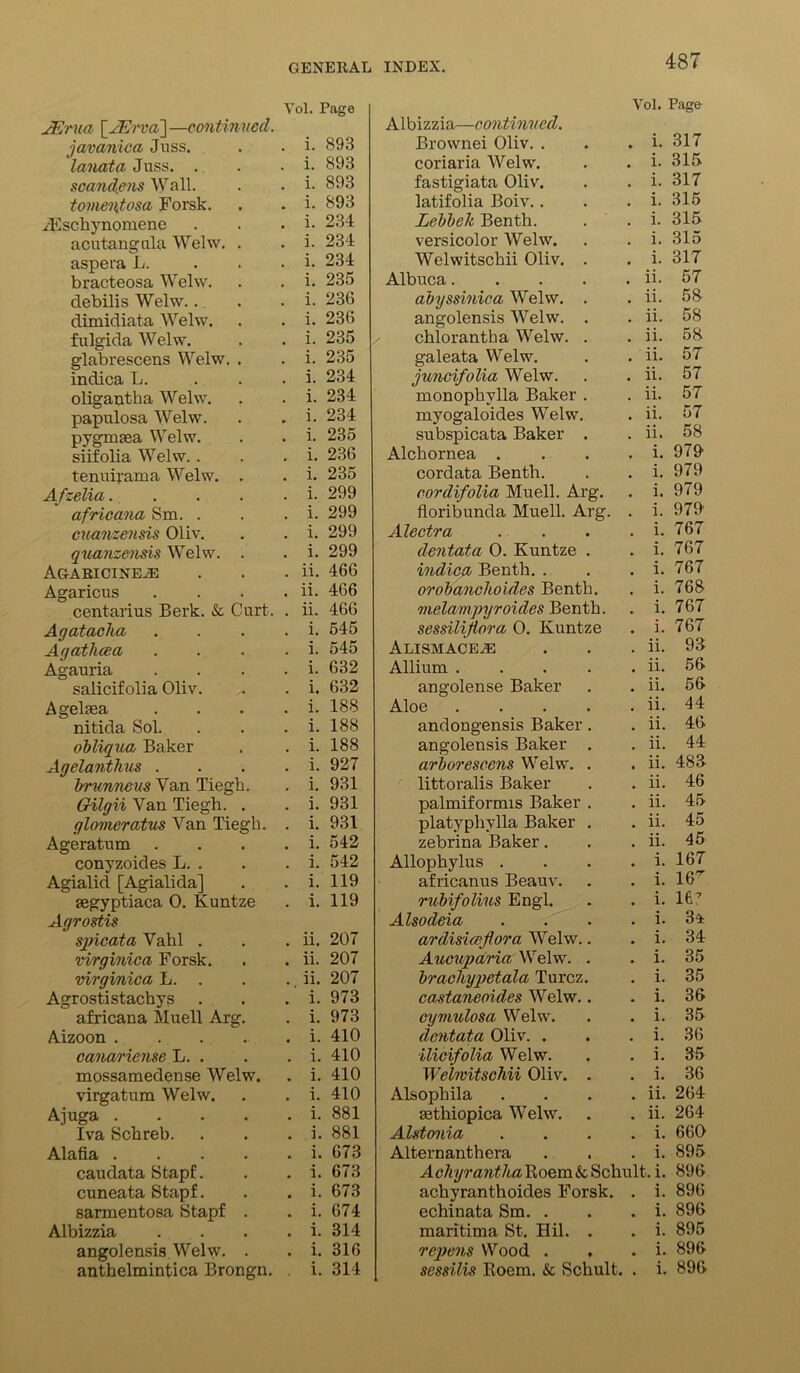 Vol. Page JErua f JErva] —continued. javanica Juss. i. 893 lanata Juss. . i. 893 scandens Wall. i. 893 foment osa Forsk. i. 893 yEschynomene i. 234 acutangula Welw. . i. 234 aspera L. i. 234 bracteosa Welw. i. 235 debilis Welw... i. 236 dimidiata Welw. i. 236 fulgida Welw. i. 235 glabrescens Welw. . i. 235 indica L. i. 234 oligantha Welw. i. 234 papulosa Welw. i. 234 pygmaea Welw. i. 235 siifolia Welw. . i. 236 tenuirama Welw. . i. 235 Afzelia.... i. 299 africana Sm. . i. 299 cuanzensis Oliv. i. 299 quanzensis Welw. . i. 299 Agaricine^: ii. 466 Agaricus ii. 466 centarius Berk. & Curt. ii. 466 Ayatacha i. 545 Ayatlicea i. 545 Agauria i. 632 salicifolia Oliv. i. 632 Agelsea i. 188 nitida Sol. i. 188 obliqua Baker i. 188 Agelanthus . i. 927 brunneusYan Tiegh. i. 931 Gilyii Van Tiegh. . i. 931 ylomeratus Van Tiegh. i. 931 Ageratum i. 542 conyzoides L. . i. 542 Agialicl [Agialida] i. 119 segyptiaca 0. Kuntze i. 119 Ayrostis spicata Vahl . ii. 207 virginica Forsk. ii. 207 virginica L. . ii. 207 Agrostistachys i. 973 africana Muell Arg. i. 973 Aizoon .... i. 410 canariense L. . i. 410 mossamedense Welw. i. 410 virgatum Welw. i. 410 Ajuga .... i. 881 Iva Schreb. i. 881 Alafia .... i. 673 caudata Stapf. i. 673 cuneata Stapf. i. 673 sarmentosa Stapf . i. 674 Albizzia i. 314 angolensis Welw. . anthelmintica Brongn. i. 316 i. 314 INDEX. 487 Vol. Page Albizzia—continued. Brownei Oliv. . . . i. 317 coriaria Welw. . . i. 315 fastigiata Oliv. . . i. 317 latifolia Boiv.. . . i. 315 Lebbek Benth. . . i. 315 versicolor Welw. . . i. 315 Welwitschii Oliv. . . i. 317 Albuca ii. 57 abyssinica Welw. . . ii. 58 angolensis Welw. . . ii. 58 chlorantba Welw. . . ii. 58 galeata Welw. . . ii. 57 juncifolia Welw. . . ii. 57 monophvlla Baker . . ii. 57 myogaloides Welw. . ii. 57 subspicata Baker . . ii. 58 Alckornea . . . . i. 979 cordata Benth. . . i. 979 cordifolia Muell. Arg. . i. 979 floribunda Muell. Arg. . i. 979 Alectra . . . . i. 767 dentata O. Kuntze . . i. 767 indica Benth. . . . i. 767 orobanclioides Benth. . i. 768 melampyroides Benth. . i. 767 sessilijiora 0. Kuntze . i. 767 Alismace^e . . . ii. 93 Allium ii. 56 angolense Baker . . ii. 56 Aloe . . . . . ii. 44 andongensis Baker. . ii. 46 angolensis Baker . . ii. 44 arboreseens Welw. . . ii. 483- littoralis Baker . . ii. 46 palmiformis Baker . . ii. 45 platyphylla Baker . . ii. 45 zebrina Baker. . . ii. 45 Allophylus . . . . i. 167 africanus Beauv. . . i. 16'T rubifolius Engl. . . i. lfi7 Alsodeia . . . . i. 34 ardisicejiora Welw.. . i. 34 Aucuparia Welw. . . i. 35 brachypetala Turcz. . i. 35 castaneoides Welw.. . i. 36 cymulosa Welw. . . i. 35 dentata Oliv. . . . i. 36 ilicifolia Welw. . . i. 35 Welwitschii Oliv. . . i. 36 Alsophila . . . . ii. 264 Eethiopica Welw. . . ii. 264 Alstonia . . . . i. 660 Alternanthera . . . i. 895 AchyranthaRoem& Schult. i. 896 achyranthoides Forsk. . i. 896 echinata Sm. . . . i. 896 maritima St. Hil. . . i. 895 repens Wood . . . i. 896 sessilis Roem. & Schult. . i. 896