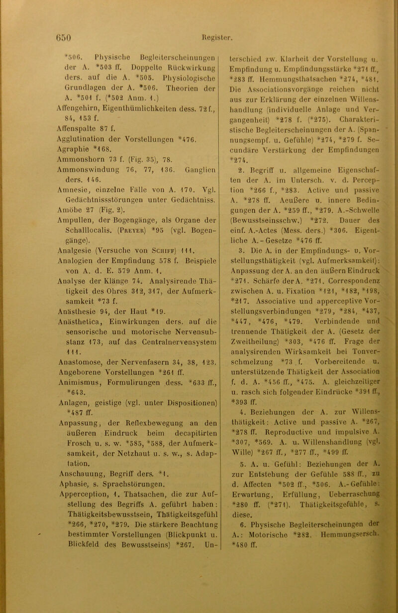 *506. Physische Begleiterscheinungen der A. *503 IT. Doppelte Rückwirkung ders. auf die A. *505. Physiologische Grundlagen der A. *506. Theorien der A. *501 f. (*502 Anm. 1.) Affengehirn, Eigentümlichkeiten dess. 72f., 84, 153 f. Affenspalte 87 f. Agglutination der Vorstellungen *476. Agraphie *168. Ammonshorn 73 f. (Fig. 35), 78. Ammonswindung 76, 77, 136. Ganglien ders. 1 46. Amnesie, einzelne Fälle von A. 17 0. Vgl. Gedächtnisstörungen unter Gedächtniss. Amöbe 27 (Fig. 2). Ampullen, der Bogengänge, als Organe der Schalllocalis. (Preyer) *95 (vgl. Bogen- gänge). Analgesie (Versuche von Schiff) 111. Analogien der Empfindung 578 f. Beispiele von A. d. E. 579 Anm. 1. Analyse der Klänge 74. Analysirende Thä- ligkeit des Ohres 312,317, der Aufmerk- samkeit *73 f. Anästhesie 94, der Haut *19. Anästhetica, Einwirkungen ders. auf die sensorische und motorische Nervensub- stanz 173, auf das Centralnervensystem 111. Anastomose, der Nervenfasern 34, 38, 1 23. Angeborene Vorstellungen *261 ff. Animismus, Formulirungen dess. *633 ff., *643. Anlagen, geistige (vgl. unter Dispositionen) *487 ff. Anpassung, der Reflexbewegung an den äußeren Eindruck beim decapitirten Frosch u. s. w. *585, *588, der Aufmerk- samkeit, der Netzhaut u. s. w., s. Adap- tation. Anschauung, Begriff ders. *1. Aphasie, s. Sprachstörungen. Apperception, 1. Thatsachen, die zur Auf- stellung des Begriffs A. geführt haben: Thätigkeitsbewusstsein, Thätigkeitsgefüld *266, *270, *279. Die stärkere Beachtung bestimmter Vorstellungen (Blickpunkt u. Blickfeld des Bewusstseins) *267. Un- terschied zw. Klarheit der Vorstellung u. Empfindung u. Empfindungsstärke *271 ff., *283 ff. Hemmungslhatsachen *274, *481. Die Associationsvorgänge reichen nicht aus zur Erklärung der einzelnen Willens- handlung (individuelle Anlage und Ver- gangenheit) *278 f. (*275). Charakteri- stische Begleiterscheinungen der A. (Span- nungsempf. u. Gefühle) *274, *279 f. Se- cundäre Verstärkung der Empfindungen *274. 2. Begriff u. allgemeine Eigenschaf- ten der A. im Untersch. v. d. Percep- tion *266 f., *283. Active und passive A. *278 ff. Aeußere u. innere Bedin- gungen der A. *259 ff., *279. A.-Schwelle (Bewusstseinsschw.) *272. Dauer des einf. A.-Actes (Mess, ders.) *306. Eigent- liche A.-Gesetze *476 ff. 3. Die A. in der Empfindungs- u. Vor- stellungsthätigkeit (vgl. Aufmerksamkeit): Anpassung der A. an den äußern Eindruck *271. Schärfe derA. *271. Correspondenz zwischen A. u. Fixation *121, *182, *198, *217. Associative und apperceptive Vor- stellungsverbindungen *279, *284, *437, *447, *476, *479. Verbindende und trennende Thätigkeit der A. (Gesetz der Zweitheilung) *303, *476 ff. Frage der analysirenden Wirksamkeit bei Tonver- schmelzung *73 f. Vorbereitende u. unterstützende Thätigkeit der Association f. d. A. *456 ff., *475. A. gleichzeitiger u. rasch sich folgender Eindrücke *391 ff., *393 ff. 4. Beziehungen der A. zur Willens- thätigkeit: Active und passive A. *267, *278 ff. Reproductive und impulsive A. *307, *569. A. u. Willenshandlung (vgl. Wille) *267 ff., *277 ff., *499 ff. 5. A. u. Gefühl: Beziehungen der A. zur Entstehung der Gefühle 588 ff., zu d. Affecten *502 ff., *506. A.-Gefühle: Erwartung, Erfüllung, Ueberraschung *280 ff. (*271). Thätigkeitsgefühle, s. diese. 6. Physische Begleiterscheinungen der A.: Motorischo *282. Hemmungsersch. *480 ff.