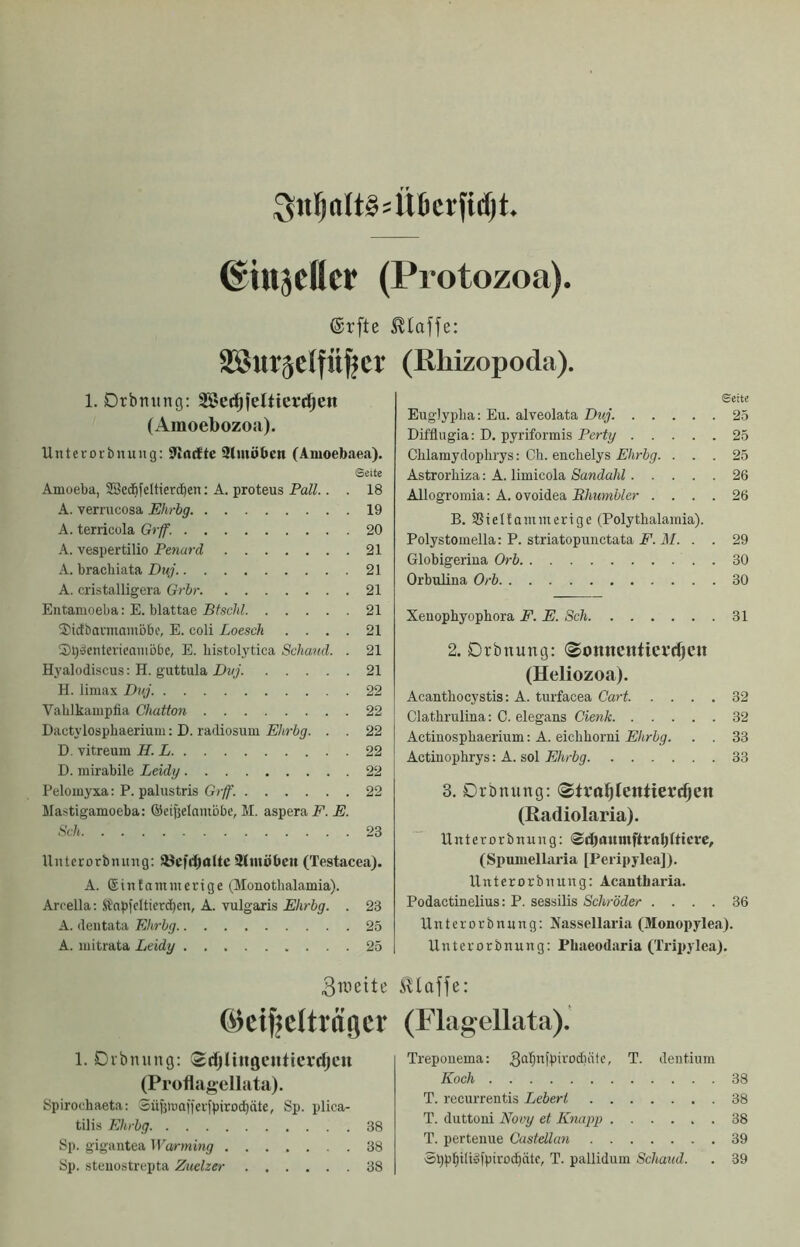 S«f)nIt§5Ü6cr[id)t ©tttäcUcr (Protozoa). ®rfte Stoffe: aB«r5cIfü^cr 1. Drbmtng: SSerfjjeltierrfjen (Amoebozoa). Untererbnuug: 5Htttftc Slmöbcn (Amoebaea). Seite Amoeba, SScdfifcltierc^en: A. proteus Pall.. . 18 A. verrucosa Ehrbg 19 A. terricola Grff. 20 A. vespertilio Penurd 21 A. bracliiata Duj 21 A. cristalligera Grbr 21 Entamoeba: E. blattae Bfschl 21 3)ictbarmamöbe, E. coli Loesch .... 21 3)i)»entericaniöbe, E. bistolytica Schand. . 21 Hyalodiscus: H. guttula Duj. 21 H. limax Duj. 22 Vablkampfia Chatton 22 Dactylosphaerium: D. radiosum Ehrbg. . . 22 D, vitreum H. L 22 D. inirabile Leidy 22 Pelomyxa: P. palustris Grff. 22 Mastigamoeba: ®etjjdninobe, M. aspera F. E. Sch 23 Untcrorbnnng: ülntöbctt (Testacea). A. ©intaminerige (Monotbalamia). Arrella: Äapfclticrc^en, A. vulgaris Ehrbg. . 23 A. dentata Ehrbg 25 A. mitrata Leidy 25 3iyeite ©eifjcitvögcr 1. Dibniing; Srfjlingcuticrdjcu (Proflagellata). Spirochaeta: Süfjiuaiferfpiroc^äte, Sp. plica- tilis Ehrbg 38 Sp. gigantea Warming 38 Sp. steuostrepta Zuelzer 38 (Rhizopoda). Seite Euglypba: Eu. alveolata Duj 25 Difflugia: D. pyriformis Perty 25 Cblamydopbrys: Cb. enchelys Ehrbg. ... 25 Astrorbiza: A. limicola Sandahl 26 Allogromia: A. ovoidea Rhumüler .... 26 B. SSieltammerige (Polythalamia). Polystomella: P. striatopunctata J. J/. . . 29 Globigeriua Orb 30 Orbulina Orb 30 Xenopbyophora E. E. Sch 31 2. Drbnung: ®onne«tierd)c« (Heliozoa). Acanthocystis: A. turfacea Cart 32 Clatbrulina: C. elegans denk 32 Actiuospbaerium: A. eiebborni Ehrbg. . . 33 Actiuopbrys: A. sol Ehrbg 33 3. Drbnung: (Stra^Ientiercfjen (Radiolaria). Unterorbnung: (Spumellaria [Peripjlea]). Unterorbnung: Acantharia. Podactinelius: P. sessilis Schröder .... 36 Unterorbnung: Nassellaria (Monopylea). Unterorbnung: Pbaeodaria (Tripylea). klaffe: (Flagellata). Treponema: T. dentium Koch 38 T. recurrentis Lebert 38 T. duttoni Nouy et Knapp 38 T. pertenue Castellan 39 Sl)pl^iIt§fpirod)citc, T. pallidum Schaud. . 39