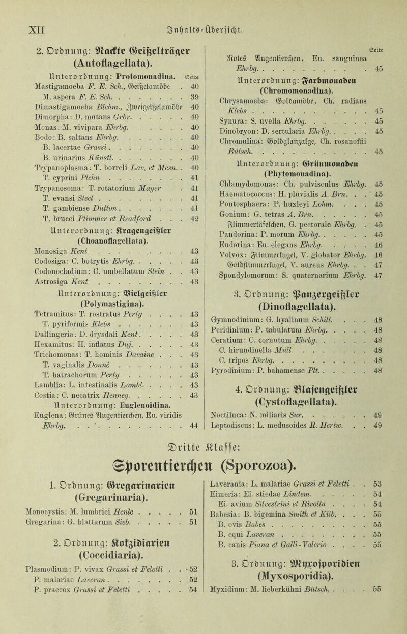 xir 3nI;aIt§ = Überfid)t. 2. Drbnung; S^acfte ß^eif^eUfüßct* (Aiitoflagellata). ltnterorbnung; Protomouadina. seUe Mastigamoeba F. E. Sch., ©eiiselninobe . 40 31. aspera F. E. Sch 39 Dimastigamoeba Blchm., ä'ueigcijjelamDbc 40 Diinorplia: D. mutans Grhr 40 Monas; 31. vivipara Ehrbg 40 Bodo: B. saltans Ehrbg 40 B. lacertae Grassi........ 40 B. urinarius Künstl 40 Trypanoplasma: T. borreli Lav. et Mesn. . 40 T. cypriui Plelm 41 Trypanosoma: T. rotatorium i¥ayer . . 41 T. evansi Steel 41 T. gambiense Dutton 41 T. bmcei Flimmer et Bradford ... 42 Unterocbnung: ^ro(jengcif?Icr (Choanoflagellata). 3Ionosiga Kent 43 Codosiga: C. botrytis Ehrbg 43 Codonocladium; C. umbellatum Stein . . 43 Astrosiga Kent 43 H n t er 0 rb n un g: ißiclgciftlcv (Polymastig ina). Tetramitus: T. rostratus Pcrty .... 43 T. pyriformis Klebs 43 Dalliugeria; D. drysdali Kent 43 Hexamitus: H. inflatus Dny. 43 Trichomonas; T. hominis Davaine ... 43 T. vaginalis Donne 43 T. batrachoruni Perty 43 Lamblia: L. intestinalis Lambl 43 Costia: C. necatrix Henneg 43 11 nterorbnung: Euglenoidina. Euglena: @rüne§ illugentierdjen, En. viridis Ehrbg, . . ' 44 Seite 3ioted ?lugsntierd)en, En. sangninea Ehrbg .45 Untererbnxmg: ^'(U'bmuitabctt (Chromomouadiua). Chrysamoeba: ©olbnmöbe, Ch. radiaus Klebs 45 Synura: S. uvella Ehrbg 45 Dinobryon: D. sertularia Ehrbg 45 Chromnliua: ®olbgIan5aIgc, Ch. rosanoffii Butsch 45 11 ntcr0 rb n un g: Gltuiimonabctt (Pliytoiuouadiua). Chlamydomonas: Ch. pnlvisculus Ehrbg. 45 Haematococcus: H. pluvialis A. J3ro. . . 45 Pontosphaera: P. huxleyi Lohm. ... 45 Gonium: G. tetras A. 45 Slimmertiifcldjen, G. pectorale Ehrbg. . 45 Pandorina; P. morum Ehrbg 45 Eudorina: Eu. elegans Ehrbg 46 Volvox: glimmerfugel, V. globator Ehrbg. 46 ©DlbfUnnnertugel, V. aureus Ehrbg. . . 47 Spondylomorum: S. quaternarium Ehrbg. 47 3. Drbnung: ^an5crgetfikf (Dinoflagellata). Gymnodiuium: G. hyalinum Schill. ... 48 Peridinium: P. tabulatuni Ehrbg 48 Ceratium; C. coruutum Ehrbg 48 C. hirundinella Müll 48 C. tripos Ehrbg 48 Pyrodinium; P. bahamense Pit 48 4. Drbnnng: ^lofcngeifelci' (Cystoflagellata). Noctiluca: N. miliaris Sur 49 Leptodiscus: L. medusoides i?. Hertto. . . 49 2)ritte S)jorcntierd)cu (Sporozoa). 1. Drbnnng: ©regorinofien (Gregarinaria). 3Ionocystis: 31. lumbrici Henle 51 Gregarina; G. blattarum Sieb 51 2. Drbnnng: 5?of5tMorteu (Coccidiaria). Plasmodium; P. vivax Grassi et Feletti . . ■ 52 P. malariae Laveran 52 P. praecox Grassi et Feletti 54 Laverania; L. malariae Grassi et Feletti . . 53 Eimeria: Ei. stiedae Lindem 54 Ei. avium Silvestrini et Rivolta .... 54 Babesia: B. higemina, Smith et Kilb. ... 55 B. ovis Bubes 55 B. equi Laveran 55 B. cauis Piana et Galli-Valerio .... 55 3. Drbnung: Siyiijyof^Joribicn (Myxosporidia). 3Iyxidium: 31. lieberkühni Butsch 55