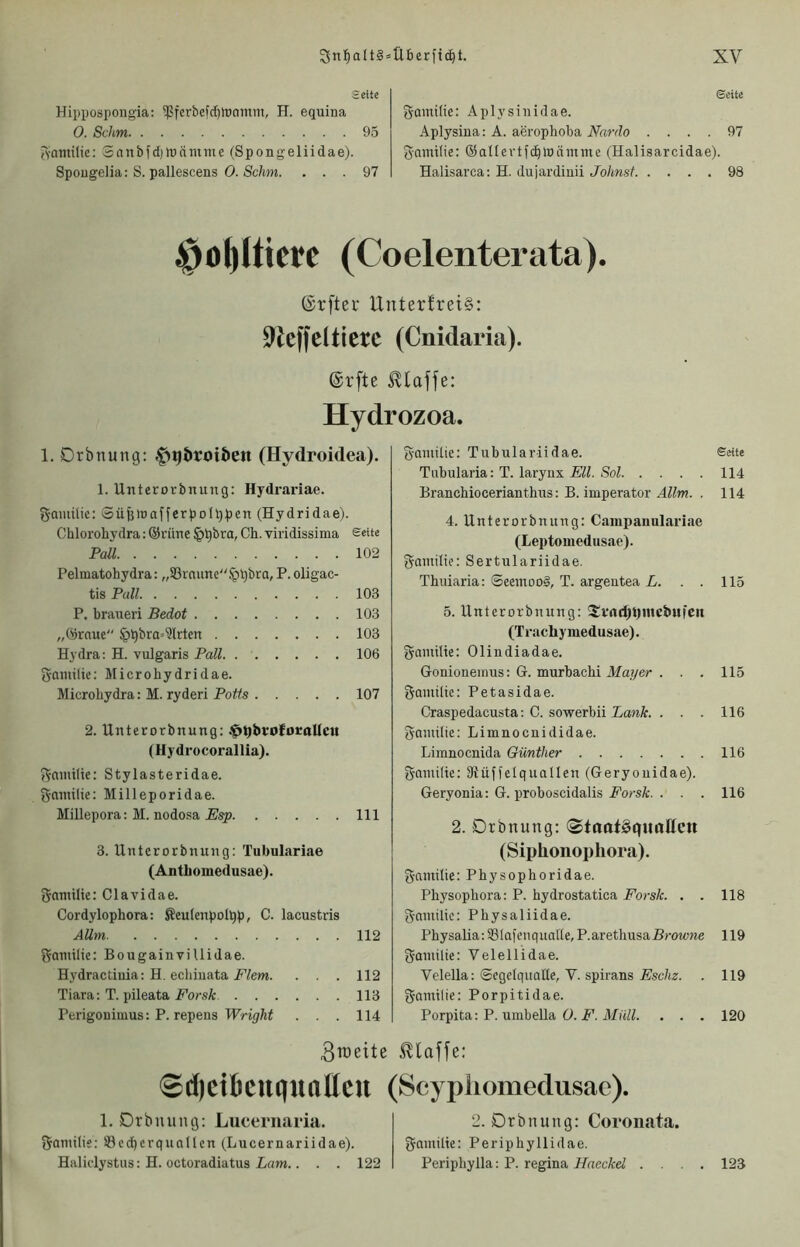 Seite Hippospoiigia; ^ßferbefcfjttmmm, H. equina 0. Schm 93 rvamilic: Snnbfdjlüänune (Spongeliidae). Spougelia; S. pallescens 0. Sc/tm. ... 97 ©eite güinilie: Aplysinidae. Aplysina: A. aerophoba Nardo .... 97 S^nmtlie: ©allevtfi^wäminc (Halisarcidae). Halisarca; H. dujardinii Johnst 98 (Coelenterata). ©rfter Unterfrei§: ^kffelticrc (Cnidaria). (Srfte klaffe: Hydrozoa. 1. Drbnung: ,f>t|&roi&en (Hydroidea). 1. Unterorbnung: Hydrariae. gamilic: ®ü6lDafferpoIi)pen (Hydridae). Chlorohydra; ®rüne §^bra, Ch. Tiridissima Seite Pall 102 Pelmatohydra: „Sßrnune §l}bro, P. oligac- tis Pall 103 P. braueri Bedot 103 „(Sraue §l)bra=9lrten 103 Hydra: H. vulgaris Pall. 106 gamilie: Microhydridae. Microbydra: M. ryderi Potts 107 2. Unterorbnung: ^QbvofocaUcu (Hydrocorallia). J^nmilte: Stylasteridae. 5-ninilie: Milleporidae. Millepora: M. nodosa Esp 111 3. Unterorbnung: Tubulariae (Antbomedusae). Scinnlie: Clavidae. Cordylophora: Äeutenpol^p, C. lacustris AUm 112 Familie: Bougainvillidae. Hydractiuia: H. ecbiuata . . . 112 Tiara; T. pileata Forsk 113 Perigonimus: P. repens . . . 114 g-ainilie: Tubulariidae. Seite Tubularia: T. larynx EU. Sol 114 Branchiocerianthus: B. imperator AUm. . 114 4. Unterorbnung: Campauulariae (Leptomedusae). gamilte: Sertulariidae. Thuiaria: SeeinooS, T. argentea L. . . 115 5. Unterorbnung: St‘(ic()i)mebu|en (Trachyniedusae). gainilte: Olindiadae. Gonionemus: G. murbachi Afayer . . . 115 gaintlie: Petasidae. Craspedacusta: C. sowerbii ianA. . . . 116 Familie: Limnocuididae. Limnocnida Günther 116 gamüie: 3tüffelquaIIen (Geryouidae). Geryonia: G. proboscidalis A'orsÄ:. . . . 116 2. Drbnung: ©taat^quoltctt (Siphonophora). gnntüie: Physophoridae. Physopbora: P. hydrostatica Forsk. . . 118 g-amilic: Physaliidae. Physalia: Slaf en qualle, P.arethusa J5row?ie 119 g-aniilte: Velellidae. Velella: ©cgelquoUe, V. Spirans A^sc/tz. . 119 gainilic: Porpitidae. Porpita: P. umbella 0. .F. il/ii/^. . . . 120 3nieite 0d)c{6cnquattcu (Scypiiomedusac). 1. Drbnung: Luceriiaria. {Joniilis: ®ecfjerqunllen (Lucernariidae). Haliclystus: H. octoradiatus iam.. . . 122 2. Drbnung: Coronata. gfamilie: Periphyllidae. Periphylla: P. regina Haeckel . . 123