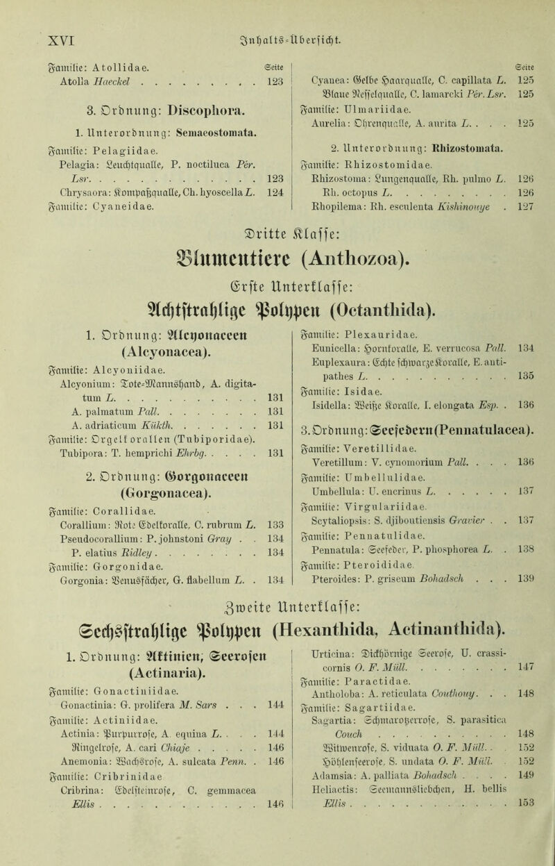 gamilie: Atollidae. Seit« [ AtolJa Haeckel 123 ! 3. Drbnung: Discophora. 1. llnterorbnung: Semacostomata. gamiüc: Pelagiidae. Pelagia: 2eud)tqualle, P. noctiluca Per. Lsr 123 Chrysaora: S?Dmpa^qitaIle,Cli.byoscellaZ. 124 SHiiuiüe; Cyaiieidae. Seite Cyauea: Selbe Jpaniqua'de, C. capillata L. 125 SBlaue 9?effelqiiallc, C. lamarcki Per.Lsr. 125 S-amilte; Ulmariidae. Aurelia; Dbrenquafie, A. aurita L. . . . 125 2. llnterorbnung: Ilhizostoniata. Samilte: Rliizostomidae. Rhizostoiiia: SungenquaKc, Rh. pulmo L. 126 Rh. octopus L 126 Rhopilema: Rh. esculeuta A'is/unoi(^e . 127 ®ritte S^Iaffe: 3?lumcuticre (Anthozoa). (Srfte Unterftaffe: (Octantlüda). 1. Drbnung: ?Uci)onoccen (Alcyonacea). gnmüte: Alcyouiidae. Alcyoninm: Xote=9JJnnngbtinb, A. digita- tum L 131 A. palmatnm Pall 131 A. adriaticum Kükth 131 gamilie: Orgelt ornllen (Tubiporidae). Tubipora: T. hemprichi A/irög' 131 2. Drbnung: ©orgoitncecii (Gorgonacea). ganiilie: Corallidae. Coralliiim: 91ote föbeltornlle, C. rubrum L. 133 Pseudocorallium: P.johnstoni Gray . . 134 P. elatius RicUey 134 gnmilie: Gorgonidae. Gorgonia: Ißenusfndjer, G. flabellum L. . 134 ganiüie; Plexauridae. Eunicella: ,'pornforalle, E. verrucosa Pall. 134 Euplexaura: Sebte fd)lunr3cfi'oraUe, E.auti- pathes L 135 gnmilie: Isidae. Isidella: SBeiße Äorallc, I. elougata Esp. . 136 3. Dr b nun g: ($cef ehern (Peiinatulacea). g-amilte: Veretillidae. Veretillum: V. cyuomorium Pall. . . . 136 gnntilie: Umbellulidae. Umbellula: U. eucriims L 137 (5-aiuilie: Virgulariidae. Scytaliopsi.s; S. djiboutieusis Gmrier . . 137 g-ainilie: Penuatulidae. Pennatula: Seefebev, P. phosphorea L. . 138 gamilie: P t e r o i d i d a e. Pteroides: P. griseum Bohadsch . . . 139 Unterflajfe: 0erfi§ftta()Uae (Hexantlüda, Actinaiithida). 1. Drbnung: StDinien, Teerofen (Actinaria). gnmtlie: Gonactiniidae. Gonactiiiia: G. prolifera M. Sars . . . 144 gnniüie: Actiuiidae. Actiiiia: ^Purpurrofe, A. equiua L. . . . 144 3iingelrofe, A. cari Chiaje 146 Anemouia: 3Sod)§rofe, A. sulcata Penn. . 146 g-mutlic: Cribrinidae Cribrina: Sbclfteinrofe, C. gemmacea Ellis 146 Urticiua; Oidbormge Seerofe, U. crassi- cornis 0. F. Müll 147 fynmilie; Paractidae. Antholoba: A. retictüata . . 148 JynmUie: Sagartiidae. Sagartia: SdjmarohcrrDic, S. parasitica Couch 148 SSitloenrolc, S. viduata 0. F. Müll. ■ 152 :^öbIenicerofe, S. uudata 0. F. Müll. ■ 152 Adamsia: A. palliata jBo/««dsc/i .... 149 Hcliactis: Seentnnn3liebd)en, H. bellis Ellis 153