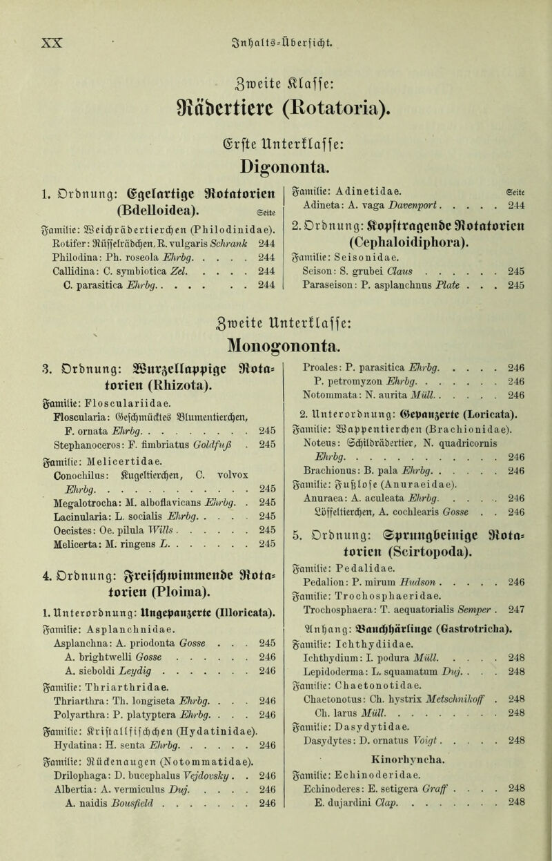 3roeite Stoffe: 9iäbcttierc (Rotatoria). ©rfte IXnterflaffe: Digononta. 1. Drbnung: (ggelortigc 9lotatoriett (Bdelloidea). eeite g-amilic: SBcic^räbcrtierc^cn (Philodinidae). ßotifer: Siüffelräbc^en, R. vulgaris Schrank 244 Philodina: Ph. roseola Ehrbg 244 Callidina: C. symbiotica Zd 244 C. parasitica Ehrbg . . 244 gamilie: Adinetidae. Seite Adineta; A. vaga Davenport 244 2, Drbnung: SJo^»ftragen&e 9<iototorie« (Cephaloidiphora). gamilie: Seisonidae. Seison: S. grubei Claus 245 Paraseison: P. asplanchnus Plate . . . 245 3n)ette Unter!taffe: Moiiogononta. 3. Drbnung: SSuräeUappige 9(lota* torien (Rhizota). gamitie: Flosculariidae. Floscularia: ®ef(^müifte§ 33Iumcntierd^en, F. omata Ehrbg 245 Stephanoceros; F. fimbriatus Goldfuß . 245 gamtlie: Melicertidae. Conocbilus: Sugeltierc^cn, C. volvox Ehrbg 245 Megalotrocha: M. alboflavicans Ehrbg. . 245 Lacinularia: L. socialis Ehrbg 245 Oecistes: Oe. pilula Wills 245 Melicerta: M. ringens L 245 4. Drbnung: greif«^tt)immettt»e torien (Ploiina). 1. llntcrorbnung: Ungcpanjctte (Illoricata). ^amtlte: Asplanchnidae. Asplanchna: A. priodonta Gosse . . . 245 A. brightwelli Gosse 246 A. sieboldi Leydig 246 fjamtlte: Thriartbridae. Thriarthra: Tb. longiseta . . . 246 Polyartbra: P. platyptera Ehrbg. . . . 246 fjamilie: ®riftallfifd)djen (Hydatinidae). Hydatina: H. senta Ehrbg 246 gautilie: SJüdenaugeu (Notommatidae). Drilopbaga; D. bucepbalus . . 246 Albertia: A. vermiculus Duj. .... 246 A. naidis Bousfield 246 Proales: P. parasitica Ehrbg 246 P. petromyzon Ehrbg 246 Notommata; N. aurita Müll 246 2. llntcrorbnung: ^Icpanjcrte (Loricata), f^amilie: 3Bappentierd)cn (Bracliionidae). Noteus: ©c^itbrübertier, N. quadricornis Ehrbg 246 Bracbionus: B. pala 246 gainilie: guj^lofe (Anuraeidae). Anuraea: A. aculeata Ehrbg. . . . . 246 yöffeltierc^en, A. cocblearis Gosse . . 246 5. Drbnung: (®prmtöl)eimge 9lota= torien (Scirtopoda). ganiitie: Pedalidae. Pedalion: P. mirum Hudson 246 gamilie: Trocbospbaeridae. Trocbospbaera: T. aequatorialis Semper . 247 ?ln^ang: ißatti:^i)ät(iitgc (Gastrotricba). g-amilie: Icbtbydiidae. Icbtbydium: I. podura Müll 248 Lepidoderma: L. squamatum Duj. . . . 248 Familie: Cbaetonotidae. Cbaetonotus: Cb. bystrix Metschnikoff . 248 Cb. larus Müll 248 gnuiiüc: Dasydytidae. Dasydytes; D. ornatus Voigt 248 Kinorhyncha. 2familie: Ecbinoderidae. Ecbiuoderes: E. setigera Graff .... 248 E. dujardini Clap 248
