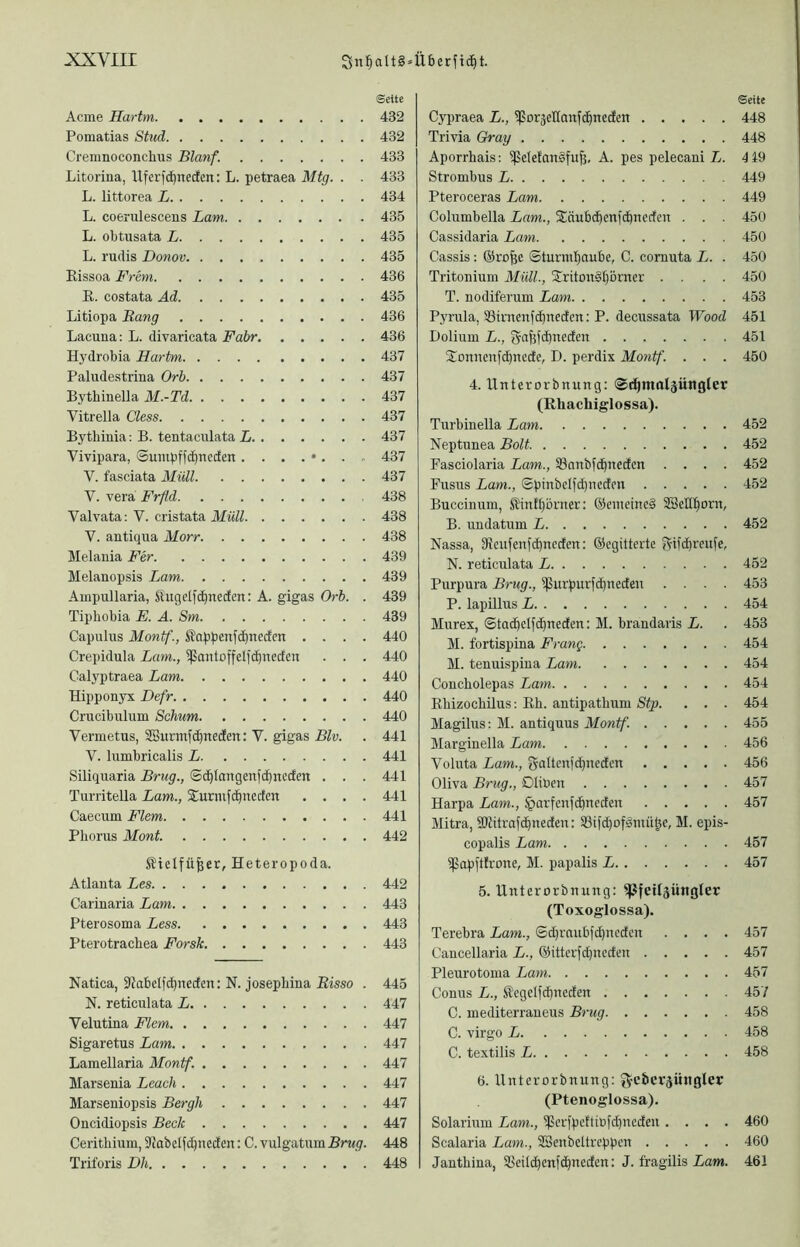 Acme Hartm Pomatias Shid Cremnoconchus Blanf. Litorina, llferfc^neden: L. petraea Mtg. . ■ L. littorea L L. coerulescens Lam L. obtusata L L. rudis Donov Eissoa Frem R. costata Ad Litiopa Rang Lacuua: L. divaricata Fahr Hydrobia Hartm Paludestrina Orh Bytbinella M.-Td Vitrella Cless Bytbinia: B. tentaciüata L Vivipara, <Suiiipffc^nccfen ........ V. fasciata Müll V. vei’a Frfld Valvata: V. cristata Müll V. antiqua Morr Melania Fer Melauopsis Lam Ainpullaria, Stugelfc^necfen: A. gigas Orh. . Tipbobia E. A. Sm Capulus Montf., ®a^j^)cnfc^ncdm . . . . Crepidula Lam., ^Pantoffelf^necfen . . . Calyptraea Lam Hipponyx Defr Crucibulum Schum Vermetus, SSurmfc^nedm: V. gigas Blv. V. lumbricalis L Süiquaria Brug., ©d^Iangenfd)itcden . . . Turritella Lam., j£urmf(^necfcn . . . . Caecum Flem Pliorus Mont. Ätelfüfeer, Heteropoda. Atlanta Les Carinaria Lam Pterosoma Less Pterotrachea Forsk Natica, i(fabelfd)necfcn: N. josepbina Risso . N. reticulata L Velutina Flem Sigaretus Lam Lamellaria Montf. Marsenia Leach Marseniopsis Bergh Oncidiopsis Beck Ceritbium, SJabclfc^neden: C. vulgatumBra^. Triforis Dh Seite Cypraea L., ^ßorjellanfc^nedcn 448 Trivia Gray 448 Aporrhais: ^eletonSfufs, A. pes pelecani Z. 419 Strombus L 449 Pteroceras Lam 449 Columbella Lam., Stäubi^enfc^nectcn . . . 450 Cassidaria Lam 450 Cassis; ©rofee ©turml^aube, C. comuta L. . 450 Tritonium Müll., 5triton§l)örner .... 450 T. nodiferum Lam 453 P3Tula, 33irnenj'cbnecfcn; P. decussata Wood 451 Dolium L., gnfefdjneden 451 2;onncnfc^nedc, D. perdix Montf. . . . 450 4. llntcrorbnung: ®d^maläüngler (Rhachiglossa). Turbinella Lam 452 Neptunea Bolt 452 Fasciolaria Lam., Snnbfcbnedcn .... 452 Fusus Lam., Spinbelfdjncdcn 452 Buccinum, SÜinlfprner: ©emcined SScH^ont, B. uüdatum L 452 Nassa, 91ciifenfd)neden: ©cgitterte gifdjratfe, N. reticulata L 452 Purpura Brug., 5ßurpurfd}neden .... 453 P. lapillus L 454 Murex, ©tacbelfc^nedcn: M. brandaris L. . 453 M. fortispina Frang 454 M. tenuispina Latn 454 Concbolepas Lam 454 Rbizocbilus; Eh. antipathum Stp. . . . 454 Magilus; M. antiquus Montf. 455 Marginella Lam 456 Voluta Lam., galtcnfcbncdcn 456 Oliva Brug,, Dliben 457 Harpa Lam., §arfcnfd^neden 457 Mitra, aJlttrafd^nedcn: S3ifd)ofdutü^e, M. epis- copalis Lam 457 ^apl'tfrone, M. papalis L 457 5. Unterorbnung: ^feUäüngler (Toxoglossa). Terebra Lam., ©d)raubfd)ncdcn .... 457 Cancellaria L., ©itterfdjncdcn 457 Pleurotoiiia Lam 457 Conus L., Äcgcifcbneden 457 C. mediterraneus Brug 458 C. virgo L 458 C. textilis L 458 6. Unterorbnung: 3’eJ>cräiingler (Ptenoglossa). Solarium Lam., ißcrfpeftttifd)ncden .... 460 Scalaria Lam., SSenbeltreppcn 460 Jantbina, ®ei(d^enfd^neden: J. fragilis Lam. 461 Seite 432 432 433 433 434 435 435 435 436 435 436 436 437 437 437 437 437 437 437 438 438 438 439 439 439 439 440 440 440 440 440 441 441 441 441 441 442 442 443 443 443 445 447 447 447 447 447 447 447 448 448