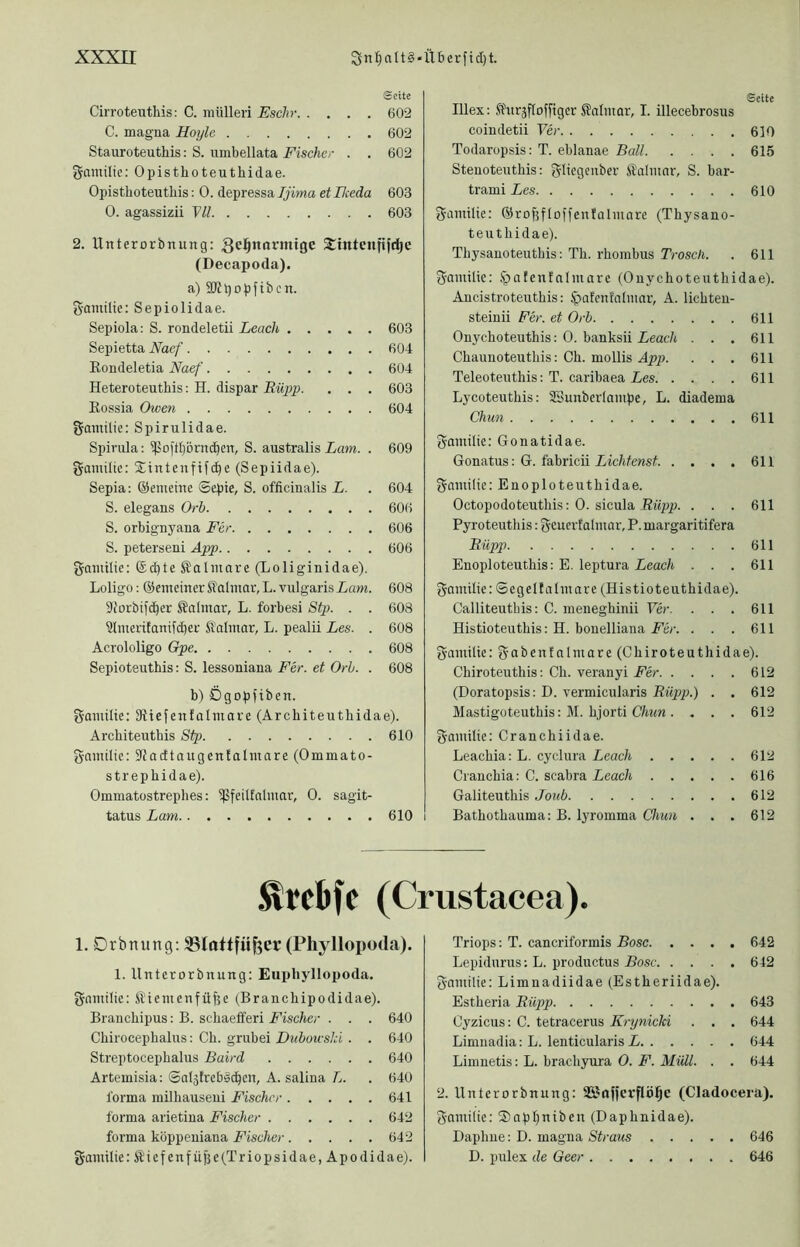 Seite Cirroteutliis: C. mülleri Eschr 602 C. magna Royle 602 Stauroteuthis: S. umbellata Fischer . . 602 Samilie: Opisthoteuthidae. Opisthoteutliis: 0. depressa Ijima etReda 603 0. agassizii yil 603 2. Unterorbnung: Qei^nrtrmige S:mtenfifcl)e (Decapoda). a) 9}Jl)D^3ftbcn. g-amilie: Sepiolidae. Sepiola: S. rondeletii Leach 603 Sepietta Naef 604 Kondeletia Naef 604 Heteroteuthis: H. dispar Rüpp. . . . 603 Eossia Owen 604 gamilic: Spirulidae. Spinüa; $oft()örndben, S. australis Eaw. . 609 gamiltc: Slintenfifc^e (Sepiidae). Sepia: ©emeine ©epte, S. officinalis L. . 604 S. elegans Orb 606 S. orbignyana Fer 606 S. peterseni App 606 gnnülie; födjte Salmare (Loliginidae). Loligo: ©emeiner S'almor, L. vulgaris Lam. 608 9forbifc^er Äalmar, L. forbesi Stj). . . 608 ülmerifanifdjer ft'aimar, L. pealii Les. . 608 Acrololigo Gpe 608 Sepioteuthis: S. lessoniana Fer. et Orb. . 608 b) Ögopfiben. gamilie: Stiefentalmare (Architeutbidae). Arebiteutbis Stp 610 gnmilie: 9?adtaugenlalninre (Ommato- strepbidae). Ommatüstrepbes: ißfeilfnlmar, 0. sagit- tatus Lam 610 ©citc Illex: Sfuräftoffiger Salmar, I. illecebrosus coindetii Ver 610 Todaropsis: T. eblanae Ball 615 Stenoteutbis: gliegeixber Äalmnr, S. bar- trami Les 610 gamilie: ©rofjfloffenfalmare (Tbysano- teutbidae). Tbysanoteutbis: Tb. rbombus Trosch. . 611 gamilic: .^nfcnfnlmare (Ouyeboteutbidae). Ancistroteutbis: ^afcnlalmar, A. licbteu- steinii Fer. et Orb 611 Onycboteutbis: 0. banksii Leach ... 611 Cbauuoteutbis: Cb. mollis App. . . . 611 Teleoteutbis; T. caribaea Les 611 Lycoteutbis: SSunberlampe, L. diadema Chun 611 gamilie: Gonatidae. Gonatus; G. fabricii Lichtenst 611 gnmilic: Euoploteutbidae. Octopodoteutbis: 0. sicula Btyxp. . . . 611 Pyroteutbis: geucrtalmar, P. margaritifera Rüpp 611 Enoploteutbis: E. leptura Leach . . . 611 gnmilie: ©egcitniinare (Histioteutbidae). Calliteutbis: C. menegbinii Ver. . . . 611 Histioteutbis: H. bonelliana Fer. . . . 611 gamtlic: gabenfnimare (Cbiroteutbidae). Cbiroteutbis; Cb. veranyi Fer 612 (Doratopsis: D. vermicularis Rüpp.) . . 612 Mastigoteutbis: M. bjorti C/mw. . . . 612 gamilte: Cranebiidae. Leacbia; L. cyclura Leach 612 Ciancbia: C. scabra Leach 616 Galiteutbis Joub 612 Batbotbauma: B. lyromma Chun . . . 612 Ärcftfe (Crustacea). 1. Drbnung; (Phyllopoila). 1. Unterorbnung: Eupliyllopoda. gnmtlic: Äiemenfüfie (Branebipodidae). Branebipus: B. sebaefferi Fischer . . . 640 Cbirocepbalus: Cb. grubei Dubouski . . 640 Streptocepbalus Baird 640 Artemisia: ©aljtrebsd^cn, A. salina A. . 640 forma milbauseui Fischer 641 forma arietina Fischer 642 forma köppeuiana Fischer 642 gamilte: Siefenfü{3e(Triopsidae, Apodidae). Triops: T. cancriformis Bose 642 Lepidurus: L. productus Bose 642 gamilte: Limnadiidae (Estberiidae). Estberia Rüpp 643 Cyzicus: C. tetracerus Krynicki . . . 644 Limiiadia: L. lenticularis L 644 Limuetis: L. bracbyura 0. F. Müll. . . 644 2. Unterorbnung: 35SJnfierflö§c (Cladocera). gamilte: ®apl)niben (Dapbnidae). Daplme: D. magna Straus 646 D. pulex de Geer 646