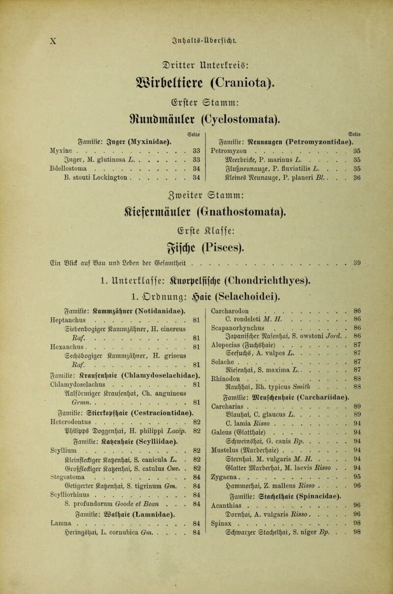 3)ritter Unterfrei§: SBitBcItiete (Craniota), ©rfter ©tamm: 0fvunbmän(et (Cyclostomata). ©ette O'nger (Myxinidae). Myxine 33 Saget, M. giutinosa L 33 Bdellostoma 34 B. stouti Lockington 34 Seite ganiilie: 9?eunougctt (Petromyzontidae). Petromyzon 35 Sßeetbricfe, P. marinus L 35 g-Iujjneunauge, P. fluviatilis Z<. . . . 35 kleines SJeuaauge, P. planeri Bl.. . . 36 3ioeiter ©tatnm: ^icjetmäulet (Onatliostomata). ®rfte gijc^e (Pisces). 6tit 33ItdE auf S3nu unb Seben bet ©efamtf^eit 39 1. Unterftaffe: (Chondrichthyes). 1. Drbnung: ^aic (Selaclioidei). gamilte: JJamntää^iter (Notidanidae). Heptanckus 81 Siebcnbogiger SBamiuääl^ner, H. cinereus Baf. 81 Hexancbus 81 ©edflbogiger S?omuijäI;uet, H. griseus Raf. 81 Samilie: ßroufeufjnic (Clilamydoselachidae). Clilamydoselachus 81 ?lalfünuiger Staufen^at, Ch. anguineus Grmn 81 gamilie; @tierfof)f^ate (Cestraciontidae). Heterodontus 82 Soggen^ai, H. philippi Lacep. 82 gamilie: Sa^eitljtttc (Scylliidae). Scyllium 82 Sletnflectiger Sa^enl^at, S. canicula L. . 82 ©rofeflecEtger ®a|en!^ai, S. catulus Cuv. . 82 8tegostoma 84 ©etigerter Sa^en^at, S. tigrimim Gm. . 84 Scylliorhinus 84 S. profundorum Goocle et Bean ... 84 f^amtlie: SJBal^aie (Lamnidae). Lamna 84 ,§eting§l)at, L. coruubica Gm 84 Carcharodou 86 C. rondeleti M. H. 86 Scapauorliynchus 86 Sapanifc^er 9Jafeul;at, S. owstoni Jord. . 86 Alopecias (guc^S^aie) 87 ©eefud)§, A. vulpes L 87 Selache 87 fRtefen^ai, S. maxima L 87 Rhinodon 88 Sfiau^^at, Rh. typicus Smith .... 88 Samilte: fÖJcttft^enljnie (Carchariidae). Carcharias 89 Sßlauljat, C. glaucus L 89 C. lamia Risso 94 Galeus (®(attl)aie) 94 ®i^itiein§l)oi, G. canis Bp 94 Mustelus (SJiatber^ate) 94 ®teru|at, M. vulgaris M. H. . . . . 94 ©latter SMarberl^ai, M. laevis Risso . . 94 Zygaena 95 §amnter^ai, Z. malleus Risso .... 96 gantilte: ©tnrijcl^aic (Spinacidae). Acanthias 96 ®orn^ai, A. vulgaris Risso 96 Spinax 98 ©d^tuat3et ©tac^el^ai, S. niger Bp. . . 98