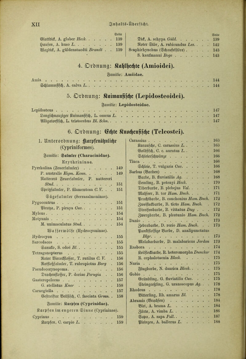 Seite ©lattbid, A. glaber Heck 139 Raufen, A. huso L 139 SSiii'bicf, A. güldenstaedti Brandt . . 139 ®tcf, A. schypa Giild Stoter ©tör, A. rubicundus Les. . Scaphirbyncbus (S^nufelftöre) . . . S. kaufmaiini Boge 4. Dibnung: ^a^lfjce^tc (Amioidei). Amia ©c^Iomiuftfc^, A. calva L. gaiuiüe: Amiidae. 5. Orbnung: ^aimnnfif^c (Lepidosteoidei). gaiiiilie: Lepidosteidae. Lepidosteus Snngfc^noujiger Saüuanfifi^, L. osseus L 'ätHigatorfifi^, L, tristocebus BL Schn Seite 139 142 143 143 144 144 147 147 147 6. Orbnung: (Sd)tc ^nodjcufif^c (Teleostei). 1. Unterorb nun g: ^arpfenäl)nlirije (Cypriniformes). gaiuilte: ©atmter (Characinidae). Erythrininae. Pyrrbulina (geuerfalmler) 149 P. australis Eigm. Kenn 149 9?atterer§ g-euei-falmler, P. nattereri Sind 151 ©prtl^falmlef, P. filamentosa C. F. . . 151 © äg efalm 1 ef (Serrasalmouinae). Pygocentrus 151 ^ira^a, P. piraya Cuv 151 Myleus 154 Metynuis 154 M. unimaculatus Sind 154 fferlublfe (Hydrocyouinae). Hydrocyoü 155 Sarcodaces 155 ©anuto, S. odoe Bl 155 Tetragoiiopterus 155 ätoter SSieredfloffer, T. rutilus C. V. . 156 3{otfIoj$faliutec, T. rubropictus Berg . 156 Pseudücoryaopoma 156 3)ra(^enflDlfei‘, P. doriae Perugia . . 156 Gasteropelecus 157 G. stellatus Kner 158 Camegiella 157 ©eftreiftev S3eilfi[^, C. fasciata Grmn. . 158 gamilie: fi'orpfeii (Cypriiiidae). Starpfen im engeren ©iune (Cypriuiuae). Cypiinus 159 Starpfen, C. carpio L 159 Carassius 163 Storauf^e, C. carassius L 163 @olbfif(^, C. c. auratus L 166 ©d)Ieiertd^mänäe 166 Tinea 166 ©c^teie, T. virlgaris Cuv 166 Barbus (Farben) 168 S3avbe, B. fluviatilis Ag 168 ©emting, B. petenyi Heck 170 2;iberbarbe, B. plebejus Yal 171 Sßal^feer, B. tor ^Mc/t J71 ißrnc^tbarbe, B. conebonius Ham. Buch. 172 3iueiflecfbarbe, B. ticto Ham. Buch. . 172 ©treifenbarbe, B. vittatus Day . . . 172 3>uergbnrbe, B. pbutunio Ham. Buch. 172 Danio 173 3ebrabarbe, D. rerio Ifam. JBmc/i. . . 173 ißunftftolfige Sßarbe, D. analipunctatus Blgr 173 3Kalabarbarbe, D. malabaricus Jerdon 173 Rasbora 174 Steilfledbarbe, R. heteromorpba Duncker 174 R. cepbalotaenia Bleek 175 Nuria 175 glugbarbe, N. danrica Bleek 175 Gobio 175 ©rünbling, G. fluviatilis Cuv. . . . 175 ©teingrefsling, G. uranoscopus Ag. . . 178 Rhodeus 178 Söittecling, Rb. amarus Bl 178 Abramis (S3rqd)fen) 184 58Iei, A. brama L 184 3ärte, A. vimba L 186 ©apa, A. sapa Pall 187 ißlein5en, A. ballerus L : 188