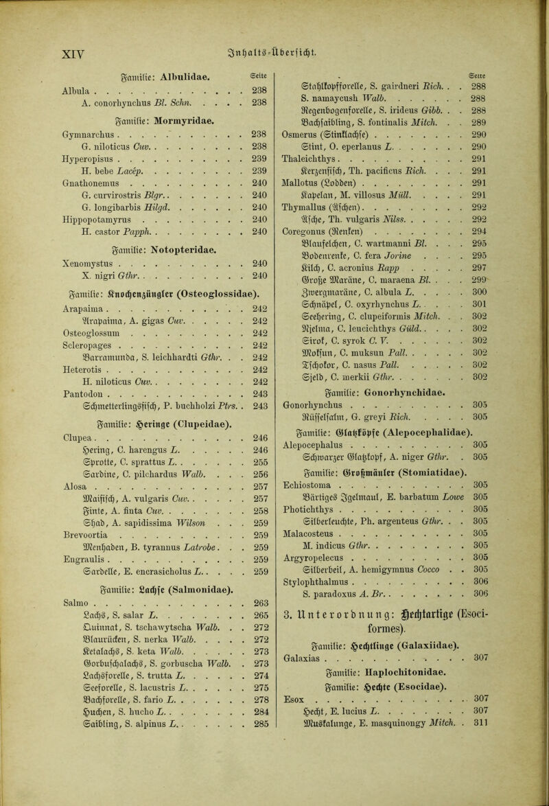 gmui(ie: Albuliclae. Albiüa 238 A. conorhynclius BL Schn 238 ganülte: Mormyridae. Gymnarchus 238 G. niloticas Cuv 238 Hyperopisus 239 H. bebe Lacep 239 Gnatbonemiis 240 G. curvirostris Blgr 240 G. longibarbis Hilgd 240 Hippopotamyrus 240 H. castor Papph 240 gmiiilie; Notopteridae. Xeuomystus 240 X. nigri Gthr 240 gamüie: i?no(!^ettäüngIer (Osteoglossidae). Arapaima . 242 ^^Irabatma, A. gigas Cuv 242 Osteoglossiim 242 Scleropages 242 93arramunba, S. leicbhardti Gthr. . . 242 Heterotis 242 H. niloticus Cuv 242 Pantoclou 243 @c^metterltng§fifc^, P. buchholzi Ptrs. . 243 gctmilie: geringe (Clupeidae). Clupea 246 gering, C. harengus L 246 ©protte, C. sprattus L 255 ©arbine, C. pilchardus Walb. . . . 256 Alosa 257 3Kaififc^, A. vulgaris Cuv 257 Siute, A. finta Cuv 258 ©l;ab, A. sapidissima WiZsow . . . 259 Brevoortia 259 SKcnl^abeu, B. tyrannus Latrobe. . . 259 Eugraulis 259 ©arbeHe, E. encrasicholus Zr 259 gomtlie: Soi^fe (Salmonidae). Salmo 263 Sac^§, S. salar L 265 Duiunat, S. tschawytscha Walb. . . 272 SStaurüifen, S. nerka Walb 272 Äetalad^S, S. keta Walb 273 @orbufc^aIac^§, S. gorbuscba Walb. . 273 2ac^§forelfe, S. trutta L 274 ©ceforelte, S. lacustris L 275 S3a(^foretIc, S. fario L 278 §ucben, S. bucboZ 284 ©aibling, S. alpinus L 285 . Sette ©trt^IIobfforelte, S. gairdneri Bich. . . 288 S. nainaycusb Walb 288 9?egenbugenforeIIe, S. irideus Gibb. . . 288 SSa^fatbüug, S. foutiualis Milch. . . 289 Osmerus (©tinflad^fe) 290 ©tint, 0. eperlauus L 290 Thaleichthys 291 Seräenftfd), Th. pacificus Bich. . . . 291 Mallotus (Sobben) 291 Kapelan, M. villosus Müll 291 Tbymallus (^If^en) 292 Th. vulgaris Miss 292 Coregonus (31enfen) 294 181 auf eitlen, C. -wartnianni Bl. .. . 295 IBobenrenfe, C. fera Jorine .... 295 Kild), C. acronius Bapp 297 ©rojje SJfaräne, C. maraena Bl. . . . 299 Siuergiuaräne, C. albula L 300 ©(^näpel, C. oxyrhynchus Z 301 ©eeliering, C. clupeiformis Milch. . . 302 9fidma, C. leucichthys Güld 302 ©troE, C. syrok C.Y. 302 SJJolfun, C. muksuu Pall 302 Sfc^oEor, C. nasus Pall 302 ©Jelb, C. iuerkii Gthr 302 gantilie: Gonorhynchidae. Gonorhynchus 305 91üffelfdm, G. greyi Bich 305 gamtlie: ©laljföpfe (Alepoceplialidae). Alepocephalus 305 ©(^mar5er (Sla^Eopf, A. niger Gthr. . 305 gamtlie: @ro§müuIer (Stomiatidae). Echiostoma 305 IBiirtigeä ^gelmaut, E. barbatum Lcnve 305 Photichthys 305 ©ilberleuc^te, Ph. argenteus Gthr. . . 305 Malacosteus 305 M. indicus Gthr 305 Argyropelecus 305 ©ilberbeil, A. hemigymnus Cocco . . 305 Stylophthalmus 306 S. paradoxus A. Br 306 3. U n t e r 0 r b u u n g: §erijtartitif (Esoci- formes). gamilie: §eil)tlittgc (Galaxiidae). Galaxias 307 gaiuilie: Haploclütonidae. gamilie: ^et^tc (Esocidae). Esox 307 §ec^t, E. lucius Z 307 3Jfu§Eahmge, E. masquiuougy Mitch. . 311