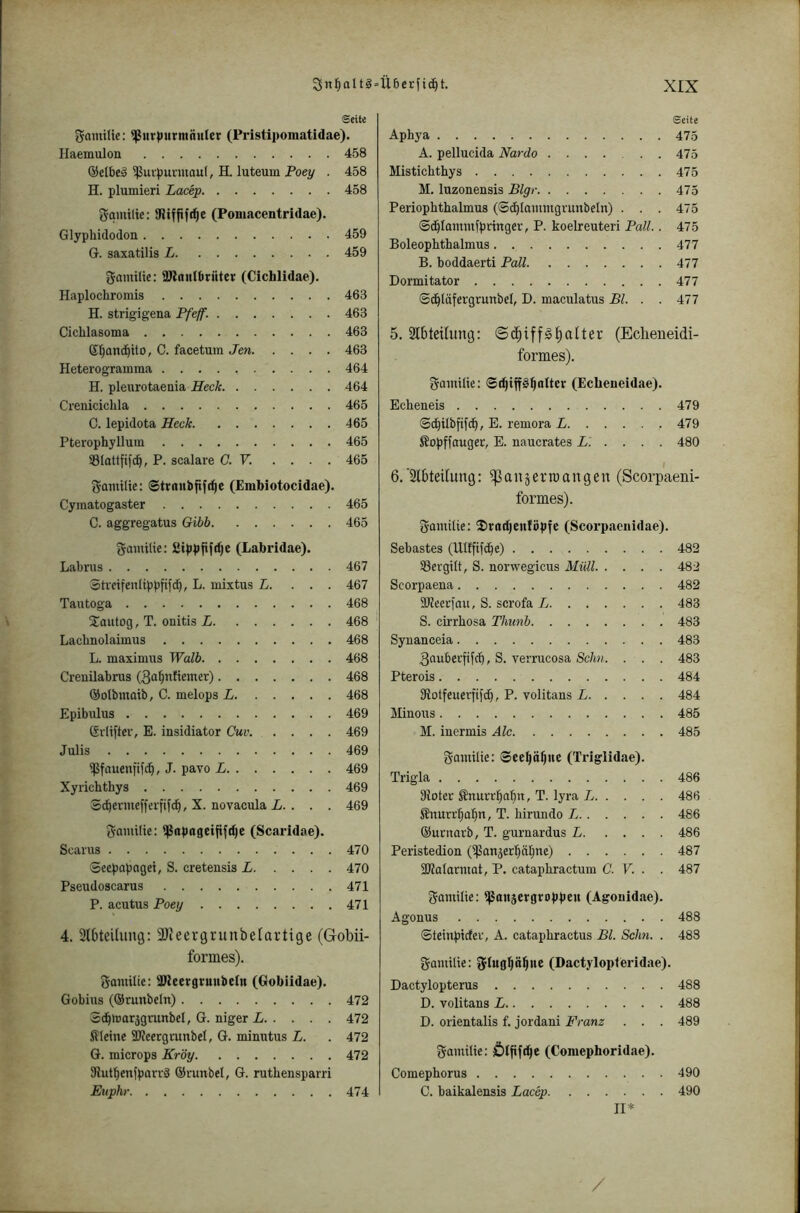 Seite gamilie: $ut|)urntäit(er (Pristipomatidae). Haemulon 458 ®elbe§ ^uipunuauf, H. luteum Poey . 458 H. plumieri Lacey 458 Sqmtlie: IRiffifdje (Pomacentridae). Glyphidodon 459 G. saxatilis L 459 gamilie: 3Jlnul6rütcr (Cichlidae). Haplocliromis 463 H. strigigena Pfeff. 463 Cichlasoma 463 ß^and^ito, C. facetum Jen 463 Heterogramma 464 H. pleurotaenia Heck 464 Crenicichla 465 C. lepidota Heck 465 Pterophyllum 465 ©lattfifc^, P. scalare C. V. .... 465 gamtlie: ©ttniibfift^e (Embiotocidae). Cymatogaster 465 C. aggregatus Gibb 465 gamilie: SJippfifdje (Labridae). Labrus 467 Sti'eifcnli|3bfifd), L- mixtus L. . . . 467 Tautoga 468 Slautog, T. onitis L 468 ■ Lacbnolaimus 468 L. maximus Walb 468 Creuilabrus (3a^nfiejner) 468 ©olbmaib, C. melops L 468 Epibulus 469 ßrliftev, E. insidiator Cuv 469 Julis 469 ipfauenfifd^, J. pavo L 469 Xyrichthys 469 S(^evmeffa-fifc^, X. novacula i. . . . 469 ißapogcififd)e (Scaridae). Scarus 470 SeepQpaget, S. cretensis L 470 Pseudoscarus 471 P. acutus Poey 471 4. Stbteilung: 3Jteer9runbelartige (Gobii- formes). {^antilie: Uneecgtuubeln (Gobiidae). Gobius (©runbeln) 472 Sc^iuarjgmnbel, G. niger L 472 Stieme SUcergrunbel, G. minutus L. . 472 G. microps Kröy 472 JJut^enfporrä ®i’unbel, G. ruthensparri Euphr 474 Seite Aphya 475 A. pellucida Nardo 475 Mistichthys 475 M. luzonensis Blgr 475 Periophthalmus (©d^Iammgmnbeln) . . . 475 ©d^Iammfpringer, P. koelreuteri Pall.. 475 Boleophthalmus 477 B. boddaerti Pall 477 Dormitator 477 Sd^Iüfergrunbel, D. maculatus Bl. . . 477 5. Slbteiliing: ©d^iff^^aUer (Eclieueidi- formes). giimtlie: 0^iff§^ottcv (Echeneidae). Echeneis 479 Sc^ilbfifc^, E. remora L 479 Äopffauger, E. naucrates L. ... . 480 6.'Slbteilung: ^aujerroangen (Scorpaeni- formes). Samitie: ißrodjenföpfe (Scorpaonidae). Sebastes (Ulfftfc^e) 482 SSergilt, S. norwegicus Müll 482 Scorpaena 482 äKeecfau, S. scrofa L 483 S. cii-rbosa Thunb 483 Syuanceia 483 3aubei’fifcb, S. verrucosa Schn. . . . 483 Pterois 484 Jiotfeuerfifc^, P. volitans L 484 Minous 485 M. inermis Ale 485 gamilie: See^ö^ue (Triglidae). Trigla 486 Dloter Snurcl^al^rt, T. lyra i 486 Änurrbal^n, T. hirundo L 486 ®ucnarb, T. gurnardus L 486 Peristedion (ißanjer'^äl^ne) 487 3KaIanuat, P. catapbractum C. V. . . 487 gamilie: IßonäcrgroppeH (Agouidae). Agonus 483 ©teinptcfer, A. catapbractus Bl. Schn. . 483 gamitie: glug^ä^ne (Dactylopleridae). Dactylopterus 488 D. volitans L 488 D. orientalis f. jordani Franz . . . 489 gamüie; Ölfift^e (Comephoridae). Comephorus 490 C. baikalensis Lacep 490 II* /