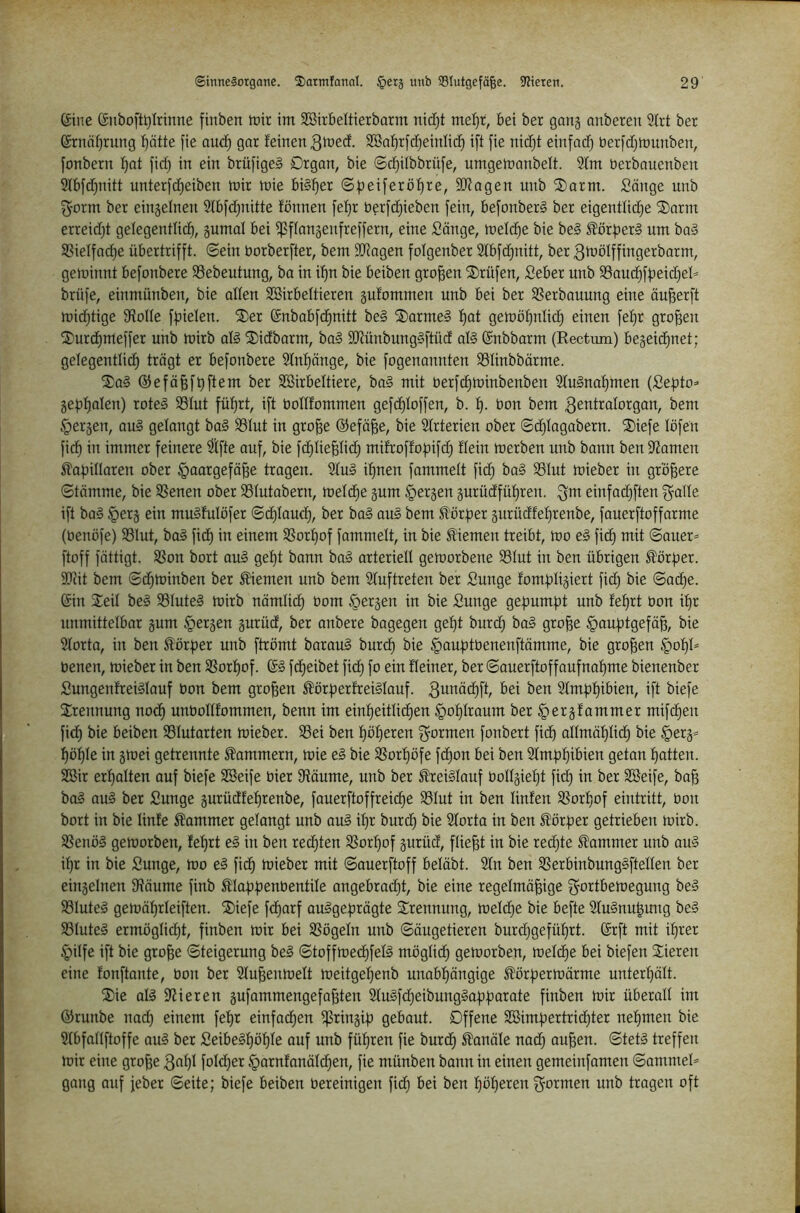 (Sine ©nboft^Irinne finben tüir im 3BirBeItterbarm nidjt mel)r, bei ber gang anberen 2(rt ber ©rnä^rung I)ätte fie au^ gar feinen SBal^rfcfjeinlic^ ift fie nidjt einfach berfdjmunben, fonbern f)at fid) in ein brüfige§ Drgan, bie ©d^übbrüfe, urngemanbelt. 2fm berbauenben 9lbfd)nitt unterj'd^eiben mir mie bisher ©|3ei[erö^re, SJJagen unb ®arm. Sänge unb ^onn ber eingelnen 9fbfd;nitte fönnen [e!^r berfdjieben fein, befonberS ber eigentlidje ®arm erreid)t gelegentlich, gumat bei i]3ftangenfreffern, eine Sönge, meld)e bie be§ ^ör|)er§ um ba§ 93ielfacf)e übertrifft, ©ein borberfter, bem SJtagen folgenber 2fbfd)nitt, ber ^tbötffingerbarm, geminnt befonbere 93ebeutung, ba in i^n bie beiben großen Prüfen, Seber unb 93aucf)ff)eid}et^ brüfe, einmünben, bie alten SSirbettieren gufommen unb bei ber SSerbauung eine äu^erft midjtige Spotte ffjieten. SDer Snbabfdhnitt be§ 5)arme§ gemöf)nlid) einen fef)r großen 5)urd)meffer unb mirb all SDidbarm, bal äJJünbunglftüd all (Snbbarm (Rectum) begeic^net; gelegenttid) trägt er befonbere 9tnf)änge, bie fogenannten SStinbbärme. ^al ©efä^fhftem ber SBirbettiere, bal mit berfchminbenben 9tulnat)men (Se^to^- ge)3t)alen) rotel SStut führt, ift bottfommen gefdjtoffen, b. f)- öon bem ^etitralorgan, bem §ergen, aul gelangt bal 93tut in gro^e ©efä^e, bie Strterien ober ©d)tagabern. ®iefe löfen fid) in immer feinere 9tfte auf, bie fchtiepd) mifroffohifd) ftein merben unb bann ben 9^amen ^laüitlaren ober §aargefäp tragen. 2tul ihnen fammett fid) bal 95Iut mieber in gröpre ©tämme, bie 9Senen ober 95tutabern, metd^e gum §ergen gurüdführen. ^m einfadjften ^alle ift bal §erg ein mulfulöfer ©dhlaud), ber bal aul bem Vorher gurüdfehrenbe, fauerftoffarme (benöfe) 33Iut, bal fidh in einem SSorhof fammett, in bie Kiemen treibt, mo el fidh mit ©auer» ftoff fättigt. Sßon bort aul geht bann bal arteriett gemorbene 93tut in ben übrigen I'örher. SKit bem ©d)minben ber fernen unb bem Stuftreten ber Sunge fomhügiert fidh ©adhe. ©in 2:eit bei SStutel mirb nämtich bom bergen in bie Sunge gehurnft unb fehrt bon ihr unmittetbar gum §ergen gurüd, ber anbere bagegen geht burdh bal grop ^au^tgefäh, bie Storta, in ben £ör)3er unb ftrömt baraul burdh bie §auhtbenenftämme, bie gropn §oht= benen, mieber in ben SSorhof. (Sl fdjeibet fidh fo deiner, ber ©auerftoffaufnahme bienenber Sungenfreiltauf bon bem gropn ^örherfreiltauf. 3^nödhft, bei ben Stm^hibien, ift biefe Trennung noch unbottfommen, benn im einheittidhen §ohtraum ber §ergfammer mifdhen fid) bie beiben 95tutarten mieber. 9Sei ben höhnten f^ormen fonbert fidh attmähtid) bie §erg= höhte in gmei getrennte 5?ommern, mie el bie SSorhöfe fd)on bei ben Stmhhiömtt getan hatten. 2ßir ert)atten auf biefe 28eife hier 9fäume, unb ber ^eiltauf bottgieht fid) in ber Söeife, ba^ bol aul ber Sunge gurüdfehrenbe, fauerftoffreiche SStut in ben tinfen SSorhof eintritt, bon bort in bie tinfe Kammer getaugt unb aul it)r burdh bie Storta in ben Vorher getrieben mirb. Sßenöl gemorben, fehrt el in ben rechten SSorhof gurüd, flieht in bie redhte Kammer unb aul it)r in bie Sunge, mo el fidh tcieber mit ©auerftoff betäbt. 9tn ben SSerbinbunglftetten ber eingetnen Sfäume finb Elahfenbentite angebrad)t, bie eine regetmä^ige f^ortbemegung bei 931utel gemährteiften. ®iefe fdharf oulgehrägte Trennung, metd)e bie befte 2tulnu|ung bei 93tutel ermögticht, finben mir bei SSögetn unb ©äugetieren burd)geführt. @rft mit ihrer §itfe ift bie gro§e ©teigerung bei ©toffmedhfeti mögtich gemorben, metche bei biefen Spieren eine fonftante, bon ber 9tuhenmett meitgehenb unabhängige ^örf)ermärme unterhätt. ®ie afl Spieren gufammengefahten 9tulfd)eibunglahhai^afe finben mir überatt im ®runbe nad) einem fehr einfachen )}Sringih gebaut. Offene SBimf)ertrid)ter nehmen bie Stbfnttftoffe aul ber Seibelhöhte auf unb führen fie burdh ^anäte nad) auhen. ©teti treffen mir eine grof^e 3nt)f fotd)er §arnfanätdhen, fie münben bann in einen gemeinfamen ©ammet^ gang auf jeber ©eite; biefe beiben bereinigen fp bei ben höheren f^ormen unb tragen oft