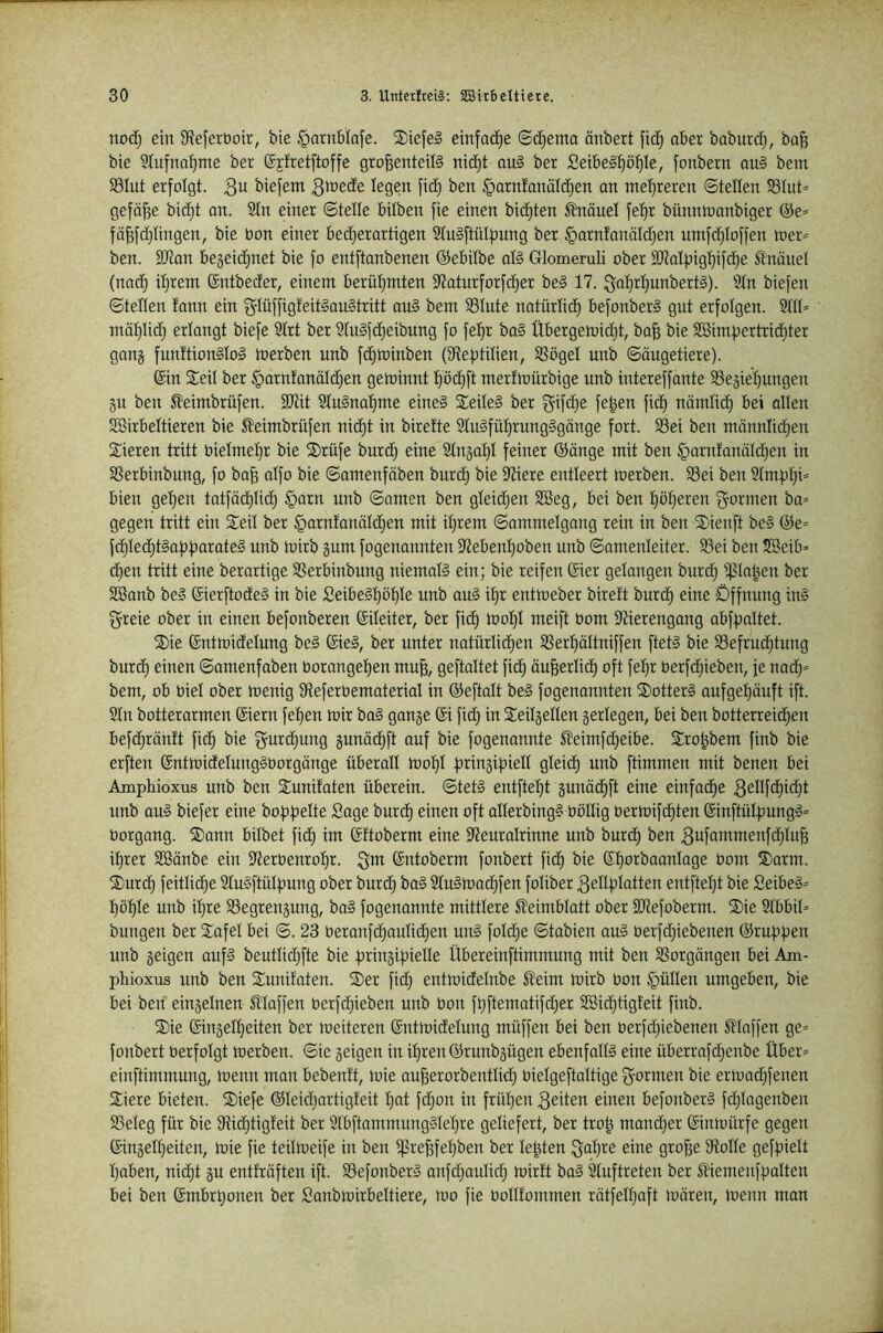 nod) ein SReferboir, bie §arnBInfe. S)ie[e§ emfa(3^e Schema önbert fid; aber baburd), bo^ bie Siufna'^me ber Sjfretftoffe großenteils nid)t auS ber SeibeSßößle, fonbern auS bem S3Iut erfolgt. 3^ biefem 3tbede legen fid^ ben §arnfanätd)en an mehreren ©teilen S3Int= geföße bid)t an. 2In einer ©teile bilben fie einen bid^ten ^äuel feßr bünntoanbiger ©e^ fäßfd^Iingen, bie bon einer bedjerartigen 3IuSftüI|)ung ber §arnfanäld}en umfd)Ioffen n^er^ ben. SJdm begeid^net bie fo entftanbenen ©ebilbe als Glomeruli ober 3)?alfiigl)ifc^e SInönel (nad) il)rem ©ntbeder, einem berühmten ^JJoturforfdier beS 17. 3aI)rI)unbertS). Sin biefen ©teilen fann ein glüffigfeitSanStritt auS bem SSInte natürlid) befonberS gut erfolgen. SIII* mäßlid; erlangt biefe SIrt ber SluSfdjeibung fo feßr baS Übergemidjt, baß bie SBimpertridjter gang funftionSloS toerben unb fd)U)inben (9ftef)tilien, SSögel unb ©äugetiere). (Sin Seil ber §arnfanäld;en geminnt ßödift merfmürbige unb intereffante ^Begießungen gu ben ^eimbrüfen. SD7it SluSnaßme eines SeileS ber ^ifdße feßen fidß nömlid) bei ollen SSirbeltieren bie ^eimbrüfen nid)t in birefte SluSfüßrungSgönge fort. S3ei ben mönnlid^en Sieren tritt bielmeßr bie Srüfe burd) eine SIngaßl feiner ©änge mit ben §arntanäld)en in Sßerbinbung, fo baß aifo bie ©amenföben burdj bie entleert toerben. 93ei ben SIm|tßi= bien geßen tntfädßlid) §arn unb ©amen ben gleichen 2öeg, bei ben ßößeren f^ormen ba= gegen tritt ein Seil ber §arn!anöld)en mit ißrem ©ommelgang rein in ben Sienft beS ©e= fd)Ied)tSa)5f)arateS unb mirb gum fogenannten 97ebenßoben unb ©amenleiter. S3ei ben SBeib» d)en tritt eine berartige SSerbinbung niemals ein; bie reifen (Sier gelangen burdß ipinßen ber Söonb beS ©ierftodeS in bie SeibeSßößle unb auS ißr enttoeber bireft burd) eine Dffnnng inS greie ober in einen befonberen ©ileiter, ber fid) tooßl meift Oom Siierengang abfßaltet. Sie (Snttoidelung beS (SieS, ber unter natürlicßen SSerßältniffen ftetS bie SBefrucßtung burd) einen ©omenfaben borangeßen muß, geftoltet ficß äußerlicß oft feßr berfcßieben, je nad)= bem, ob biel ober menig Dteferbemateriol in ©eftalt beS fogenannten SotterS aufgeßäuft ift. Sin botterarmen (Siern feßen mir boS gonge (Si fidß in Seilgellen gerlegen, bei ben botterreidjen befdßrönft fidß bie ^urdjung gunädßft auf bie fogenannte SÜeimfd^eibe. Sroßbem finb bie erften ©ntmidelungSborgänge überoll moßl ftringißiell gleidß unb ftimmen mit benen bei Amphioxus unb ben Sunifoten überein. ©tetS entfteßt gunädßft eine einfadße 3eIIfdßid)t unb aus biefer eine boßßelte Sage burdß einen oft allerbingS böllig bermifdßten (SinftüIßungS= borgang. Sann bilbet fid) im (SItoberm eine 97euralrinne unb burdß ben 3ufammenfdßlnß ißrer Söänbe ein Sierbenroßr. 3^ ©ntoberm fonbert fidß bie (Sßorbaanloge bom Sorm. Surdß feitlidße SluSftüIßung ober burdß boS SluSmodßfen foliber 3eIIßIotten entfteßt bie SeibeS- ßößle unb ißre SSegrengung, boS fogenannte mittlere Keimblatt ober SOJefoberm. Sie Slbbil» bungen ber Safel bei ©. 23 beranfdßoulidjen unS foId)e ©tabien auS berfdßiebenen ©rußßen unb geigen aufS beutlidjfte bie pringißielle Übereinftimmung mit ben SSorgängen bei Am- phioxus unb ben Sunifoten. Ser fid; entmidelnbe £eim mirb bon füllen umgeben, bie bei beit eingelnen 5Haffen berfdjieben unb bon fßftemotifd^er 3®id)tigfeit finb. Sie (Singelßeiten ber meiteren (Sntmidelung müffen bei ben berfdjiebenen SHnffen ge= fonbert berfolgt merben. ©ie geigen in ißren ©runbgügen ebenfalls eine überrafdßenbe Über= einftimmung, menn mon bebenft, mie außerorbentlid) bielgeftaltige f^ormen bie erioad)fenen Siere bieten. Siefe ©leidjortigfeit ßat fdjon in früßen 3eiten einen befonberS fdjiagenben SSeleg für bie 9tidjtigfeit ber SlbftammungSIeßre geliefert, ber troß mandjer ©inmürfe gegen (Singelßeiten, mie fie teilmeife in ben Ißreßfeßben ber leßten ^oßt^e eine große ÜtoIIe gefpielt ßoben, nidßt gu entfräften ift. ^BefonberS anfd}ouIidß mirft boS Auftreten ber Sliemenfßalten bei ben Smbrßonen ber Sanbmirbeltiere, mo fie bollfommen rätfelßoft mören, menn man
