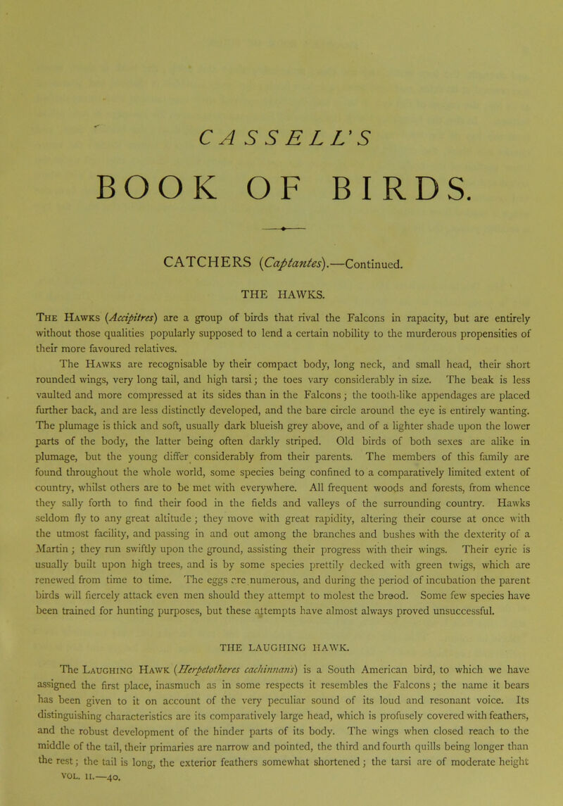 CASSELL’S BOOK OF BIRDS. CATCHERS (Captantes).—Continued. THE HAWKS. The Hawks (Accipitres) are a group of birds that rival the Falcons in rapacity, but are entirely without those qualities popularly supposed to lend a certain nobility to the murderous propensities of their more favoured relatives. The Hawks are recognisable by their compact body, long neck, and small head, their short rounded wings, very long tail, and high tarsi; the toes vary considerably in size. The beak is less vaulted and more compressed at its sides than in the Falcons; the tooth-like appendages are placed further back, and are less distinctly developed, and the bare circle around the eye is entirely wanting. The plumage is thick and soft, usually dark blueish grey above, and of a lighter shade upon the lower parts of the body, the latter being often darkly striped. Old birds of both sexes are alike in plumage, but the young differ considerably from their parents. The members of this family are found throughout the whole world, some species being confined to a comparatively limited extent of country, whilst others are to be met with everywhere. All frequent woods and forests, from whence they sally forth to find their food in the fields and valleys of the surrounding country. Hawks seldom fly to any great altitude ; they move with great rapidity, altering their course at once with the utmost facility, and passing in and out among the branches and bushes with the dexterity of a Martin ; they run swiftly upon the ground, assisting their progress with their wings. Their eyrie is usually built upon high trees, and is by some species prettily decked with green twigs, which are renewed from time to time. The eggs are numerous, and during the period of incubation the parent birds will fiercely attack even men should they attempt to molest the brood. Some few species have been trained for hunting purposes, but these attempts have almost always proved unsuccessful. THE LAUGHING HAWK. The Laughing Hawk (Herpctothercs cachinnaris) is a South American bird, to which we have assigned the first place, inasmuch as in some respects it resembles the Falcons; the name it bears has been given to it on account of the very peculiar sound of its loud and resonant voice. Its distinguishing characteristics are its comparatively large head, which is profusely covered with feathers, and the robust development of the hinder parts of its body. The wings when closed reach to the middle of the tail, their primaries are narrow and pointed, the third and fourth quills being longer than the rest; the tail is long, the exterior feathers somewhat shortened; the tarsi are of moderate height VOL. 11.—40.
