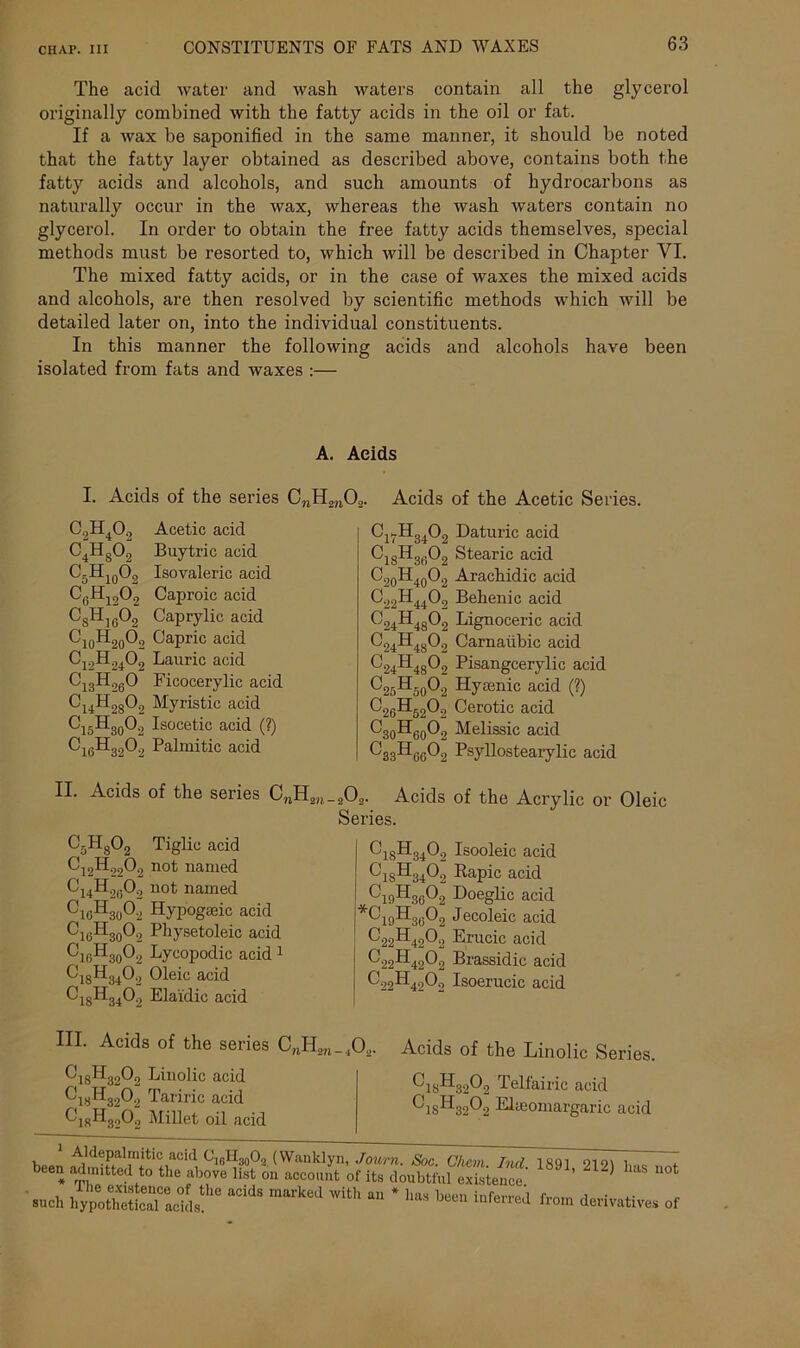 The acid water and wash waters contain all the glycerol originally combined with the fatty acids in the oil or fat. If a Avax be saponified in the same manner, it should be noted that the fatty layer obtained as described above, contains both the fatty acids and alcohols, and such amounts of hydrocarbons as naturally occur in the wax, whereas the wash waters contain no glycerol. In order to obtain the free fatty acids themselves, special methods must be resorted to, Avhich will be described in Chapter VI. The mixed fatty acids, or in the case of waxes the mixed acids and alcohols, are then resolved by scientific methods which will be detailed later on, into the individual constituents. In this manner the following acids and alcohols have been isolated from fats and waxes :— A. Acids I. Acids of the series CnH2n02. C2H402 Acetic acid C4H3O2 Buytric acid C5Hi0O2 Isovaleric acid C6Hi202 Caproic acid CgHjgOg Caprylie acid Ci0H20O2 Capric acid Ci2H2402 Laurie acid Ci3H260 Ficocerylic acid Ci4H2802 Myristic acid C15H3o02 Isocetic acid (?) Ci6H3202 Palmitic acid Acids of the Acetic Series. Ci7H3402 Daturic acid CiSH3fi02 Stearic acid C20H40O2 Arachidic acid C22H4402 Behenic acid C24H4802 Lignoceric acid C24H4S02 Carnaubic acid C24H4802 Pisangcerylic acid O26H60O2 Hyienic acid (?) C26H5202 Cerotic acid C30H60O2 Melissic acid ^33-^6G^2 Psyllostearylic acid II. Acids of the series C„H2))_„02. Acids of the Acrylic or Oleic Series. GsH802 Tigbc acid C12H2202 not named Ci4H2fi02 not named CigH30°2 Hyp'ogaeic acid Oi6H30Q| Physetoleic acid ^ig^3o^2 Lycopodia acid 1 C18H3402 Oleic acid C18H3402 Ela'idic acid C18H3402 Isooleic acid C18H3402 Rapic acid C19H3602 Doeglic acid *G19H3602 Jecoleic acid C22H42O2 Erucic acid C22H42O2 Brassidic acid C22H4202 Isoerucic acid III. Acids of the series CnH2?i_ ,02. G18H3202 Linolic acid ^njH3202 Tariric acid ^18^-82^0 Millet oil acid Acids of the Linolic Series. Telfairic acid Elteomargaric acid 1 Aldepalmitic acid O16H30O2 (Wauklyn, Joum. Soc. Chem Ind 1891 9191 1, , tan to the li,t on nooonnt of it, donbtM SionS' ' *2) °l •noh C„ttaS“oM, ** m“rM - tan derivative, of