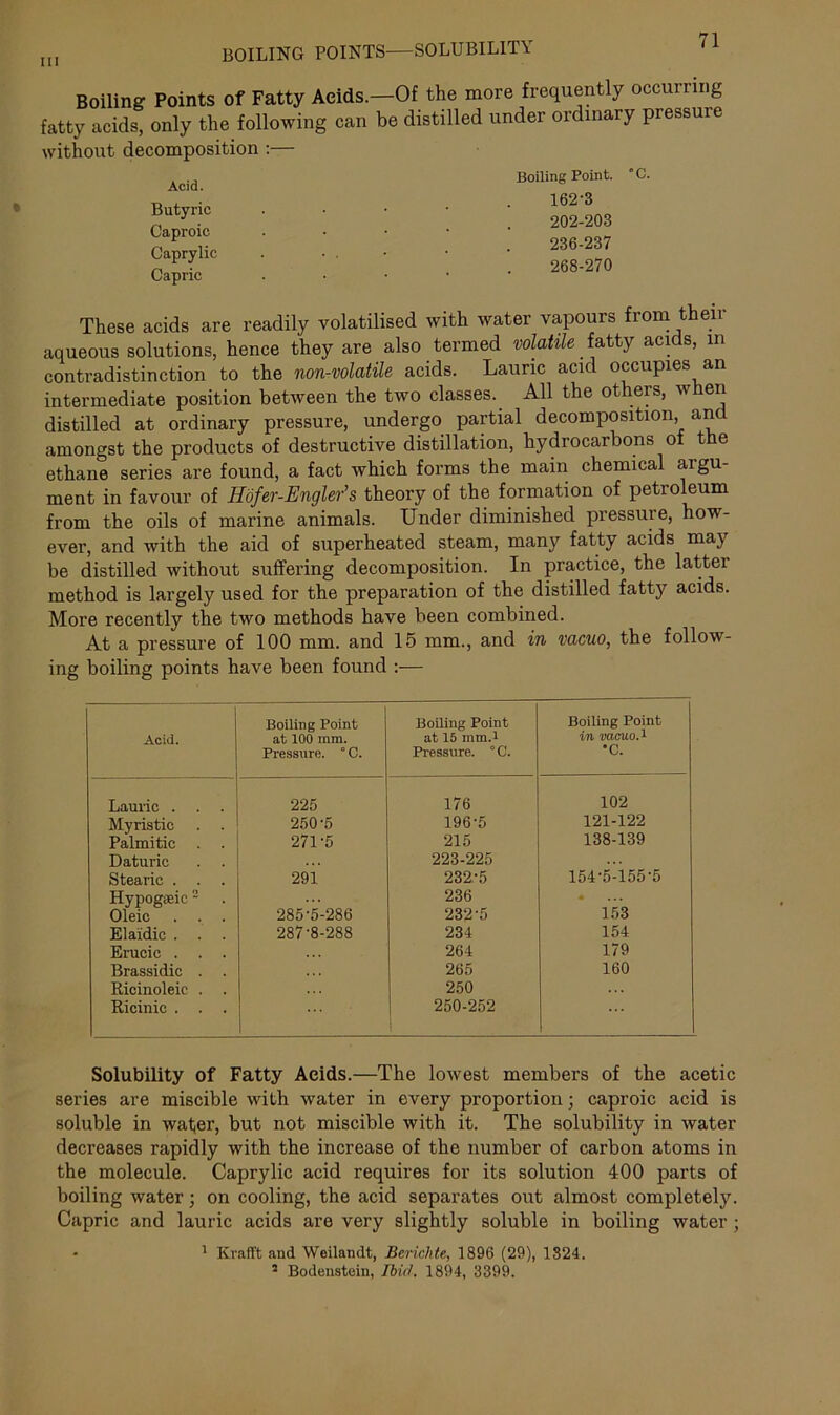 BOILING POINTS—SOLUBILITY Boiling Points of Fatty Acids.—Of the more frequently occurring fatty acids, only the following can be distilled under ordinary pressure without decomposition :— Acid. Butyric Caproic Caprylic Capric Boiling Point. ° C. 162-3 202-203 236-237 268-270 These acids are readily volatilised with water vapours from then- aqueous solutions, hence they are also termed volatile.fatty acids, in contradistinction to the non-volatile acids. Laurie acid occupies an intermediate position between the two classes. All the others, when distilled at ordinary pressure, undergo partial decomposition, and amongst the products of destructive distillation, hydrocarbons of the ethane series are found, a fact which forms the main chemical argu- ment in favour of Hofer-Engler’s theory of the formation of petroleum from the oils of marine animals. Under diminished pressure, how- ever, and with the aid of superheated steam, many fatty acids may be distilled without suffering decomposition. In practice, the lattei method is largely used for the preparation of the distilled fatty acids. More recently the two methods have been combined. At a pressure of 100 mm. and 15 mm., and in vacuo, the follow- ing boiling points have been found :— Acid. Boiling Point at 100 mm. Pressure. ° C. Boiling Point at 15 mm.1 Pressure. C. Boiling Point in vacuo.1 •c. Lauric . . . 225 176 102 Myristic 250-5 196-5 121-122 Palmitic 271-5 215 138-139 Daturic . . 223-225 Stearic . 291 232-5 154-5-155-5 Hypogseic 2 236 * . . * Oieic 285-5-286 232-5 153 Elaidic . . . 287-8-288 234 154 Erucic . . . 264 179 Brassidic . 265 160 Ricinoleic . . 250 Ricinic . . 250-252 Solubility of Fatty Acids.—The lowest members of the acetic series are miscible with water in every proportion; caproic acid is soluble in wafer, but not miscible with it. The solubility in water decreases rapidly with the increase of the number of carbon atoms in the molecule. Caprylic acid requires for its solution 400 parts of boiling water; on cooling, the acid separates out almost completely. Capric and lauric acids are very slightly soluble in boiling water; • 1 Krafft and Weilandt, Berichte, 1896 (29), 1824. 5 Bodenstein, Ibid. 1894, 3399.