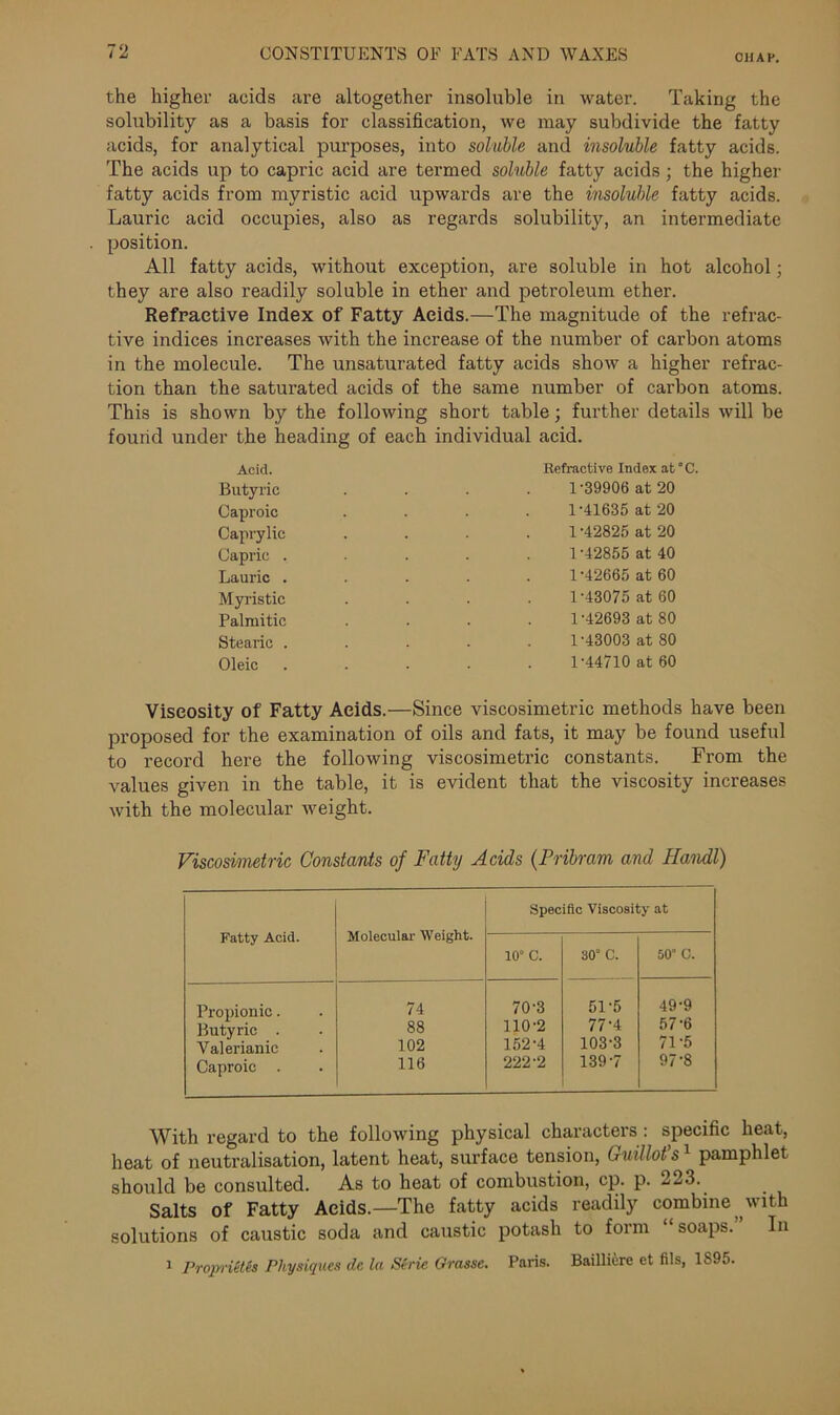 CllAF. the higher acids are altogether insoluble in water. Taking the solubility as a basis for classification, we may subdivide the fatty acids, for analytical purposes, into soluble and insoluble fatty acids. The acids up to capric acid are termed soluble fatty acids; the higher fatty acids from myristic acid upwards are the insoluble fatty acids. Laurie acid occupies, also as regards solubility, an intermediate position. All fatty acids, without exception, are soluble in hot alcohol; they are also readily soluble in ether and petroleum ether. Refractive Index of Fatty Acids.—The magnitude of the refrac- tive indices increases with the increase of the number of carbon atoms in the molecule. The unsaturated fatty acids show a higher refrac- tion than the saturated acids of the same number of carbon atoms. This is shown by the following short table; further details will be found under the heading of each individual acid. Acid. Butyric Caproic Caprylic Capric . Laurie . Myristic Palmitic Stearic . Oleic Refractive Index at°C. 1-39906 at 20 1-41635 at 20 1-42825 at 20 1-42855 at 40 1-42665 at 60 1-43075 at 60 1-42693 at 80 1-43003 at 80 1-44710 at 60 Viscosity of Fatty Acids.—Since viscosimetric methods have been proposed for the examination of oils and fats, it may be found useful to record here the following viscosimetric constants. From the values given in the table, it is evident that the viscosity increases with the molecular weight. Viscosimetric Constants of Fatty Acids (Pribram and Handl) Fatty Acid. Molecular Weight. Specific Viscosity at 10° C. 30° C. 50° C. Propionic. 74 70-3 51-5 49-9 Butyric . 88 110-2 77-4 57-6 Valerianic 102 152-4 103-3 715 Caproic . 116 222-2 139-7 97-8 With regard to the following physical characters: specific heat, heat of neutralisation, latent heat, surface tension, Guillot’s1 pamphlet should be consulted. As to heat of combustion, cp. p. 223. Salts of Fatty Acids.—The fatty acids readily combine with solutions of caustic soda and caustic potash to form soaps. In 1 Propriety Physiques de la Serie Grasse. Paris. Bailliure et fils, 1S95.