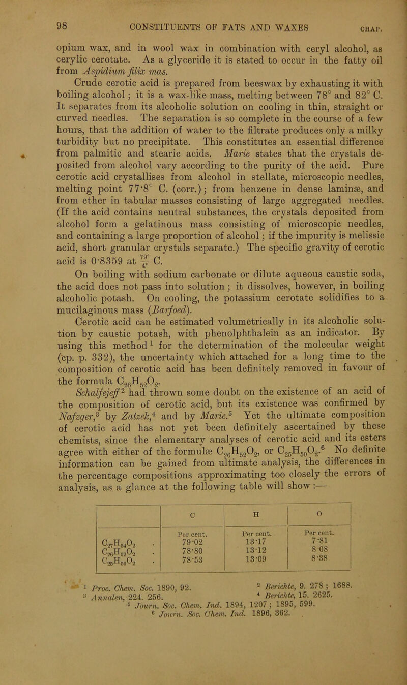 opium wax, and in wool wax in combination with ceryl alcohol, as eery lie cerotate. As a glyceride it is stated to occur in the fatty oil from Aspidium filix mas. Crude cerotic acid is prepared from beeswax by exhausting it with boiling alcohol; it is a wax-lilt e mass, melting between 78° and 82° C. It separates from its alcoholic solution on cooling in thin, straight or curved needles. The separation is so complete in the course of a few hours, that the addition of water to the filtrate produces only a milky turbidity but no precipitate. This constitutes an essential difference from palmitic and stearic acids. Marie states that the crystals de- posited from alcohol vary according to the purity of the acid. Pure cerotic acid crystallises from alcohol in stellate, microscopic needles, melting point 77'8° C. (corr.); from benzene in dense laminae, and from ether in tabular masses consisting of large aggregated needles. (If the acid contains neutral substances, the crystals deposited from alcohol form a gelatinous mass consisting of microscopic needles, and containing a large proportion of alcohol; if the impurity is melissic acid, short granular crystals separate.) The specific gravity of cerotic acid is 0‘8359 at ^ C. On boiling with sodium carbonate or dilute aqueous caustic soda, the acid does not pass into solution ; it dissolves, however, in boiling alcoholic potash. On cooling, the potassium cerotate solidifies to a mucilaginous mass (Barfoed). Cerotic acid can be estimated volumetrically in its alcoholic solu- tion by caustic potash, with phenolphthalein as an indicator. By using this method1 for the determination of the molecular weight (cp. p. 332), the uncertainty which attached for a long time to the composition of cerotic acid has been definitely removed in favour of the formula C26H5202. Schalfejeff2 had thrown some doubt on the existence of an acid of the composition of cerotic acid, but its existence was confirmed by Nafzger,3 by Zatzekf and by Marie.3 Yet the ultimate composition of cerotic acid has not yet been definitely ascertained by these chemists, since the elementary analyses of cerotic acid and its esters agree with either of the formulae C26H520.2, or C25H50O2.6 No definite information can be gained from ultimate analysis, the diflerences in the percentage compositions approximating too closely the errors of analysis, as a glance at the following table will show:— C H O D27U5402 ^ 'ashhof-h Per cent. 79-02 78-80 78-53 Per cent. 13T7 13-12 13-09 Per cent. 7- 81 8 08 8- 38 1 1 Proc. Chem. Soc. 1890, 92. 2 Berichte, 9. 278 ; 1688. ■> Annalen, 224. 256. 4 Berichte, 15. 2625. 0 Journ. Soc. Chem. hid. 1894, 1207 ; 1895, 599. Joui'ii. Soc. Chem. Ind. 1896, 362.