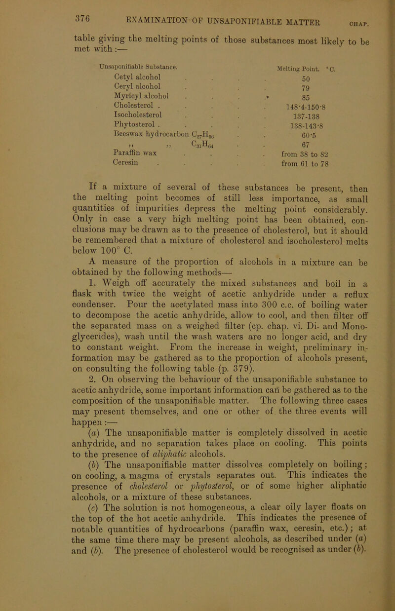 chap. table giving the melting points of those substances most likely to be met with :— Unsaponiflable Substance. Cetyl alcohol Ceryl alcohol Myricyl alcohol Cholesterol . Isocholesterol Phytosterol . Beeswax hydrocarbon C27H58 >i C31Hm Paraffin wax Ceresin Melting Point. “C. 50 79 85 148-4-150-8 137-138 138-143-8 60-5 67 front 38 to 82 from 61 to 78 If a mixture of several of these substances be present, then the melting point becomes of still less importance, as small quantities of impurities depress the melting point considerably. Only in case a very high melting point has been obtained, con- clusions may be drawn as to the presence of cholesterol, but it should be remembered that a mixture of cholesterol and isocholesterol melts below 100c C. A measure of the proportion of alcohols in a mixture can be obtained by the following methods— 1. Weigh off accurately the mixed substances and boil in a flask with twice the weight of acetic anhydride under a reflux condenser. Pour the acetylated mass into 300 c.c. of boiling water to decompose the acetic anhydride, allow to cool, and then filter off the separated mass on a weighed filter (cp. chap. vi. Di- and Mono- glycerides), wash until the wash waters are no longer acid, and dry to constant weight. From the increase in weight, preliminary in- formation may be gathered as to the proportion of alcohols present, on consulting the following table (p. 379). 2. On observing the behaviour of the unsaponiflable substance to acetic anhydride, some important information can be gathered as to the composition of the unsaponiflable matter. The following three cases may present themselves, and one or other of the three events will happen :— (a) The unsaponiflable matter is completely dissolved in acetic anhydride, and no separation takes place on cooling. This points to the presence of aliphatic alcohols. (h) The unsaponiflable matter dissolves completely on boiling; on cooling, a magma of crystals separates out. This indicates the presence of cholesterol or phytosterol, or of some higher aliphatic alcohols, or a mixture of these substances. (c) The solution is not homogeneous, a clear oily layer floats on the top of the hot acetic anhydride. This indicates the presence of notable quantities of hydrocarbons (paraffin wax, ceresin, etc.); at the same time there may be present alcohols, as described under (a) and (/;). The presence of cholesterol would be recognised as under (h).