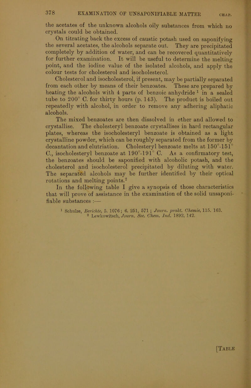 CHAP. the acetates of the unknown alcohols oily substances from which no crystals could be obtained. On titrating back the excess of caustic potash used on saponifying the several acetates, the alcohols separate out. They are precipitated completely by addition of water, and can be recovered quantitatively for further examination. It will be useful to determine the melting point, and the iodine value of the isolated alcohols, and apply the colour tests for cholesterol and isocholesterol. Cholesterol and isocholesterol, if present, may be partially separated from each other by means of their benzoates. These are prepared by heating the alcohols with 4 parts of benzoic anhydride 1 in a sealed tube to 200° C. for thirty hours (p. 143). The product is boiled out repeatedly with alcohol, in order to remove any adhering aliphatic alcohols. The mixed benzoates are then dissolved in ether and allowed to crystallise. The cholesteryl benzoate crystallises in hard rectangular plates, whereas the isocholesteryl benzoate is obtained as a light crystalline powder, which can be roughly separated from the former by decantation and elutriation. Cholesteryl benzoate melts at 150°-151° C., isocholesteryl benzoate at 190°-19T' C. As a confirmatory test, the benzoates should be saponified with alcoholic potash, and the cholesterol and isocholesterol precipitated by diluting with water. The separated alcohols may be further identified by their optical rotations and melting points.2 In the following table I give a synopsis of those characteristics that will prove of assistance in the examination of the solid unsaponi- fiable substances :— 1 Schulze, Berichtc, 5. 1076; 6. 251, 571 ; Journ. prakt. Chemie, 115. 163. 2 Lewkowitscli, Journ. Soc. Chem. Jnd. 1892, 142. [Tabi.e