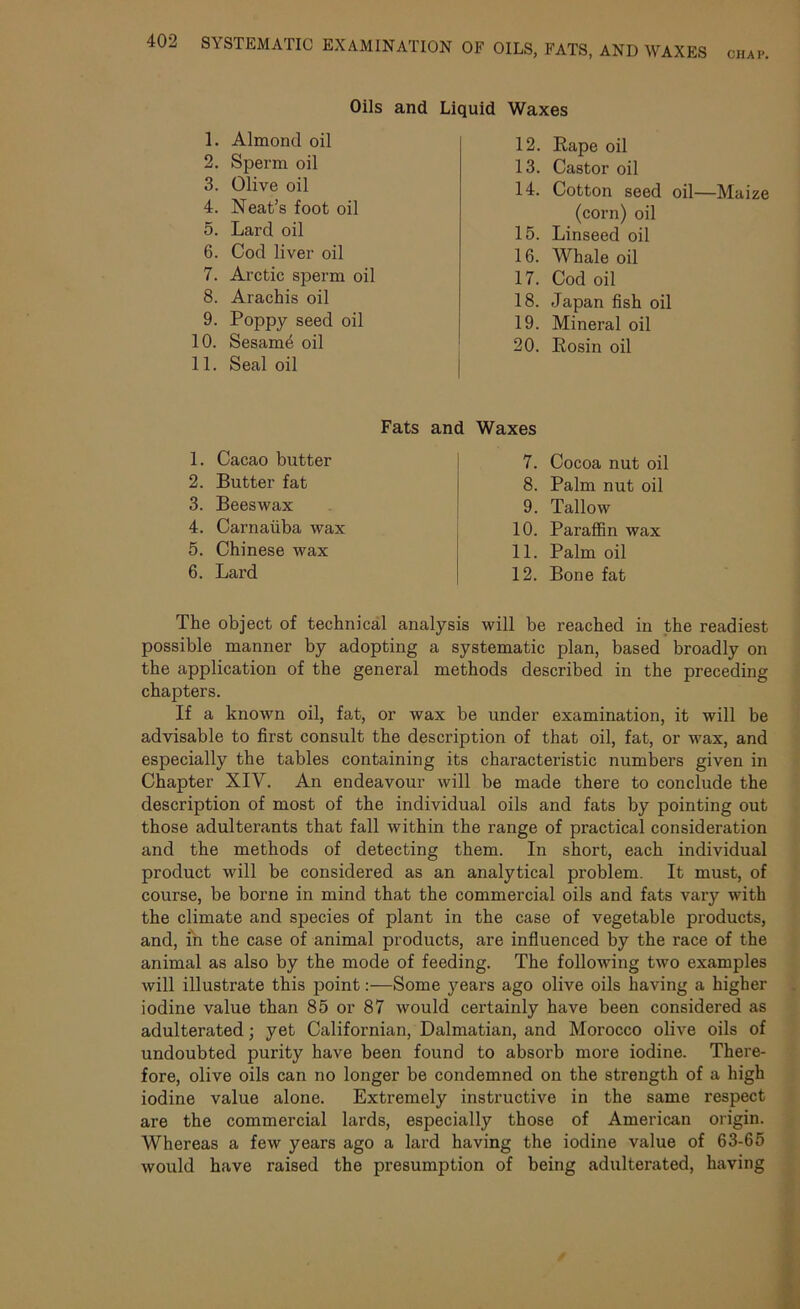 Oils and Liquid Waxes 1. Almond oil 2. Sperm oil 3. Olive oil 4. Neat’s foot oil 5. Lard oil 6. Cod liver oil 7. Arctic sperm oil 8. Arachis oil 9. Poppy seed oil 10. Sesame oil 11. Seal oil Fats and 1. Cacao butter 2. Butter fat 3. Beeswax 4. Carnaiiba wax 5. Chinese wax 6. Lard 12. Rape oil 13. Castor oil 14. Cotton seed oil—Maize (corn) oil 15. Linseed oil 16. Whale oil 17. Cod oil 18. Japan fish oil 19. Mineral oil 20. Rosin oil Waxes 7. Cocoa nut oil 8. Palm nut oil 9. Tallow 10. Paraffin wax 11. Palm oil 12. Bone fat The object of technical analysis will be reached in the readiest possible manner by adopting a systematic plan, based broadly on the application of the general methods described in the preceding chapters. If a known oil, fat, or wax be under examination, it will be advisable to first consult the description of that oil, fat, or wax, and especially the tables containing its characteristic numbers given in Chapter XIV. An endeavour will be made there to conclude the description of most of the individual oils and fats by pointing out those adulterants that fall within the range of practical consideration and the methods of detecting them. In short, each individual product will be considered as an analytical problem. It must, of course, be borne in mind that the commercial oils and fats vary with the climate and species of plant in the case of vegetable products, and, in the case of animal products, are influenced by the race of the animal as also by the mode of feeding. The following two examples will illustrate this point:—Some years ago olive oils having a higher iodine value than 85 or 87 would certainly have been considered as adulterated; yet Californian, Dalmatian, and Morocco olive oils of undoubted purity have been found to absorb more iodine. There- fore, olive oils can no longer be condemned on the strength of a high iodine value alone. Extremely instructive in the same respect are the commercial lards, especially those of American origin. Whereas a few years ago a lard having the iodine value of 63-65 would have raised the presumption of being adulterated, having