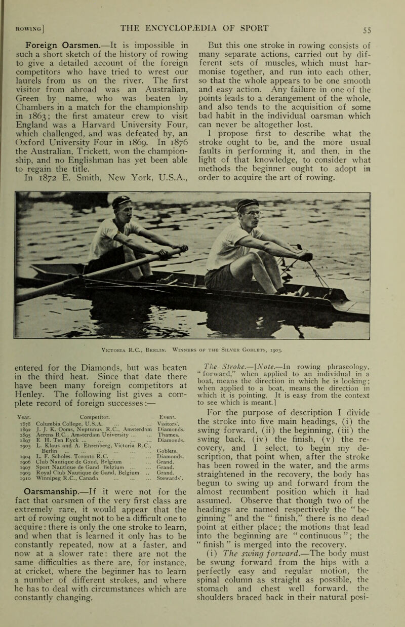 Foreign Oarsmen.—It is impossible in such a short sketch of the history of rowing to give a detailed account of the foreign competitors who have tried to wrest our laurels from us on the river. The first visitor from abroad was an Australian, Green by name, who was beaten by Chambers in a match for the championship in 1863; the first amateur crew to visit England was a Harvard University Four, which challenged, and was defeated by, an Oxford University Four in 1869. In 1876 the Australian, Trickett, won the champion- ship, and no Englishman has yet been able to regain the title. In 1872 E. Smith, New York, U.S.A., But this one stroke in rowing consists of many separate actions, carried out by dif- ferent sets of muscles, which must har- monise together, and run into each other, so that the whole appears to be one smooth and easy action. Any failure in one of the points leads to a derangement of the whole, and also tends to the acquisition of some bad habit in the individual oarsman which can never be altogether lost. 1 propose first to describe what the stroke ought to be, and the more usual faults in performing it, and then, in the light of that knowledge, to consider what methods the beginner ought to adopt in order to acquire the art of rowing. Victoria R.C., Berlin. Winners of the Silver Goblets, 1903. entered for the Diamonds, but was beaten in the third heat. Since that date there have been many foreign competitors at Henley. The following list gives a com- plete record of foreign successes:— Year. Competitor. Event. 1878 Columbia College, U.S.A. ... ... ... Visitors’. 1892 J. J. K. Ooms, Neptunus R.C., Amsterdam Diamonds. 1895 Aerens B.C.. Amsterdam University ... ... Thames. 1897 E H. Ten Eyck ... ... ... ... Diamonds. 1903 L. Klaus and A. Ehrenberg, Victoria R.C., Berlin ... ... ... Goblets. 1904 L. F. Scholes. Toronto R.C. ... Diamonds. 1906 Club Nautique de Gaud, Belgium ... Grand. 1907 Sport Nautique de Gand Belgium Grand. 1909 Royal Club Nautique de Gand, Belgium .. Grand. 1910 Winnipeg R.C., Canada ... ... ... Stewards'. Oarsmanship.—If it were not for the fact that oarsmen of the very first class are extremely rare, it would appear that the art of rowing ought not to be a difficult one to acquire: there is only the one stroke to learn, and when that is learned it only has to be constantly repeated, now at a faster, and now at a slower rate: there are not the same difficulties as there are, for instance, at cricket, where the beginner has to learn a number of different strokes, and where he has to deal with circumstances which are constantly changing. The Stroke.—[Note.—In rowing phraseology, “ forward,” when applied to an individual in a boat, means the direction in which he is looking; when applied to a boat, means the direction in which it is pointing. It is easy from the context to see which is meant.l For the purpose of description I divide the stroke into five main headings, (i) the swing forward, (ii) the beginning, (iii) the swing back, (iv) the finish, (v) the re- covery, and I select, to begin my de- scription, that point when, after the stroke has been rowed in the water, and the arms straightened in the recovery, the body has begun to swing up and forward from the almost recumbent position which it had assumed. Observe that though two of the headings are named respectively the “ be- ginning ” and the “ finish,” there is no dead point at either place; the motions that lead into the beginning are “ continuous ”; the “ finish ” is merged into the recovery. (i) The swing forward.—The body must be swung forward from the hips with a perfectly easy and regular motion, the spinal column as straight as possible, the stomach and chest well forward, the shoulders braced back in their natural posi-