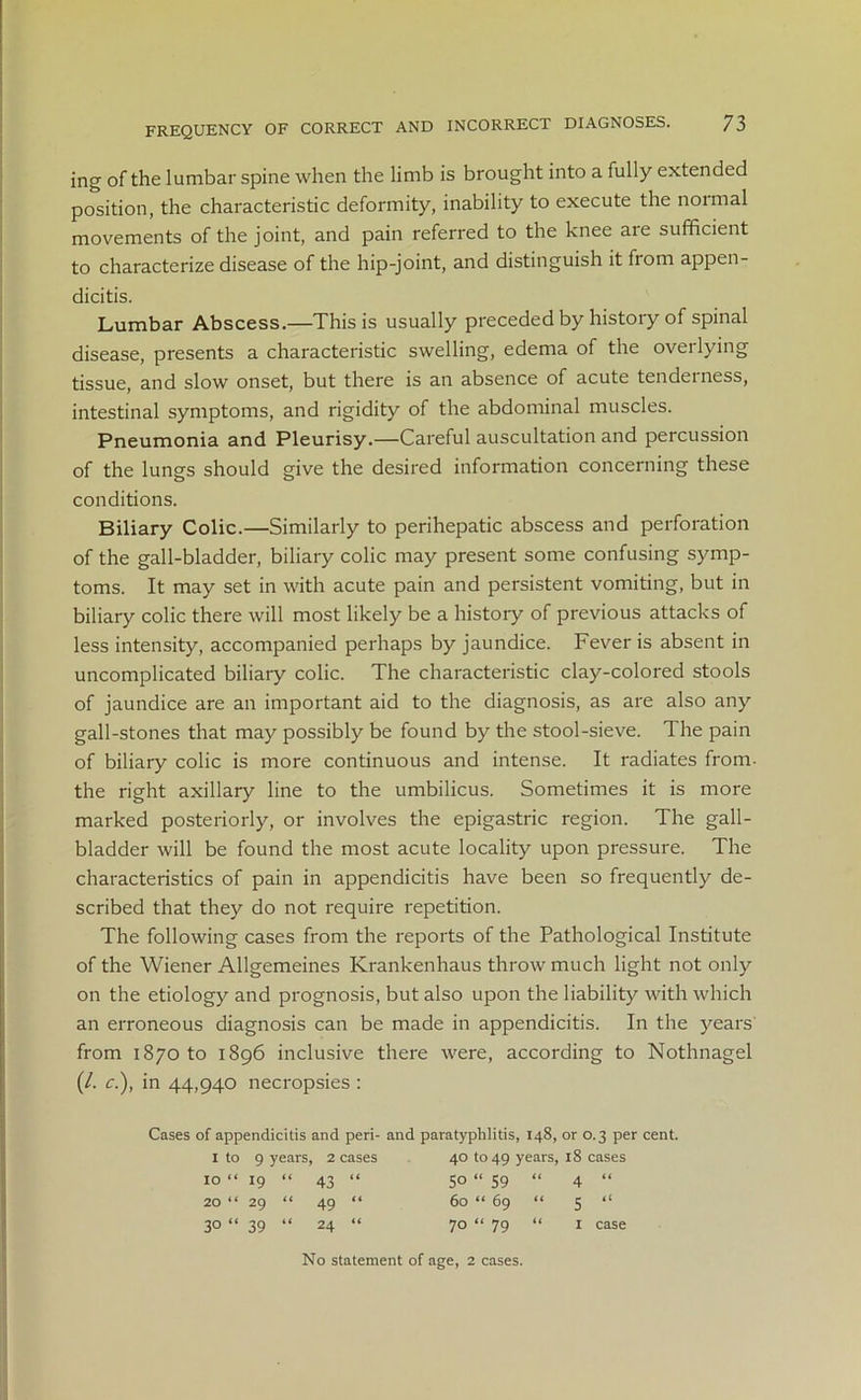ing of the lumbar spine when the limb is brought into a fully extended position, the characteristic deformity, inability to execute the noimal movements of the joint, and pain referred to the knee are sufficient to characterize disease of the hip-joint, and distinguish it from appen- dicitis. Lumbar Abscess.—This is usually preceded by history of spinal disease, presents a characteristic swelling, edema of the overlying tissue, and slow onset, but there is an absence of acute tenderness, intestinal symptoms, and rigidity of the abdominal muscles. Pneumonia and Pleurisy.—Careful auscultation and percussion of the lungs should give the desired information concerning these conditions. Biliary Colic.—Similarly to perihepatic abscess and perforation of the gall-bladder, biliary colic may present some confusing symp- toms. It may set in with acute pain and persistent vomiting, but in biliary colic there will most likely be a history of previous attacks of less intensity, accompanied perhaps by jaundice. Fever is absent in uncomplicated biliary colic. The characteristic clay-colored stools of jaundice are an important aid to the diagnosis, as are also any gall-stones that may possibly be found by the stool-sieve. The pain of biliary colic is more continuous and intense. It radiates from- the right axillary line to the umbilicus. Sometimes it is more marked posteriorly, or involves the epigastric region. The gall- bladder will be found the most acute locality upon pressure. The characteristics of pain in appendicitis have been so frequently de- scribed that they do not require repetition. The following cases from the reports of the Pathological Institute of the Wiener Allgemeines Krankenhaus throw much light not only on the etiology and prognosis, but also upon the liability with which an erroneous diagnosis can be made in appendicitis. In the years' from 1870 to 1896 inclusive there were, according to Nothnagel (/. c.), in 44,940 necropsies : Cases of appendicitis and peri- and paratyphlitis, 148, or 0.3 per cent. 1 to 9 years, 2 cases 40 to 49 years, 18 cases 10 “ 19 “ 43 “ 50 “ 59 “ 4 “ 20 “ 29 “ 49 “ 60 “ 69 “ 5 “ 30 “ 39 “ 24 “ On O 1 case No statement of age, 2 cases.