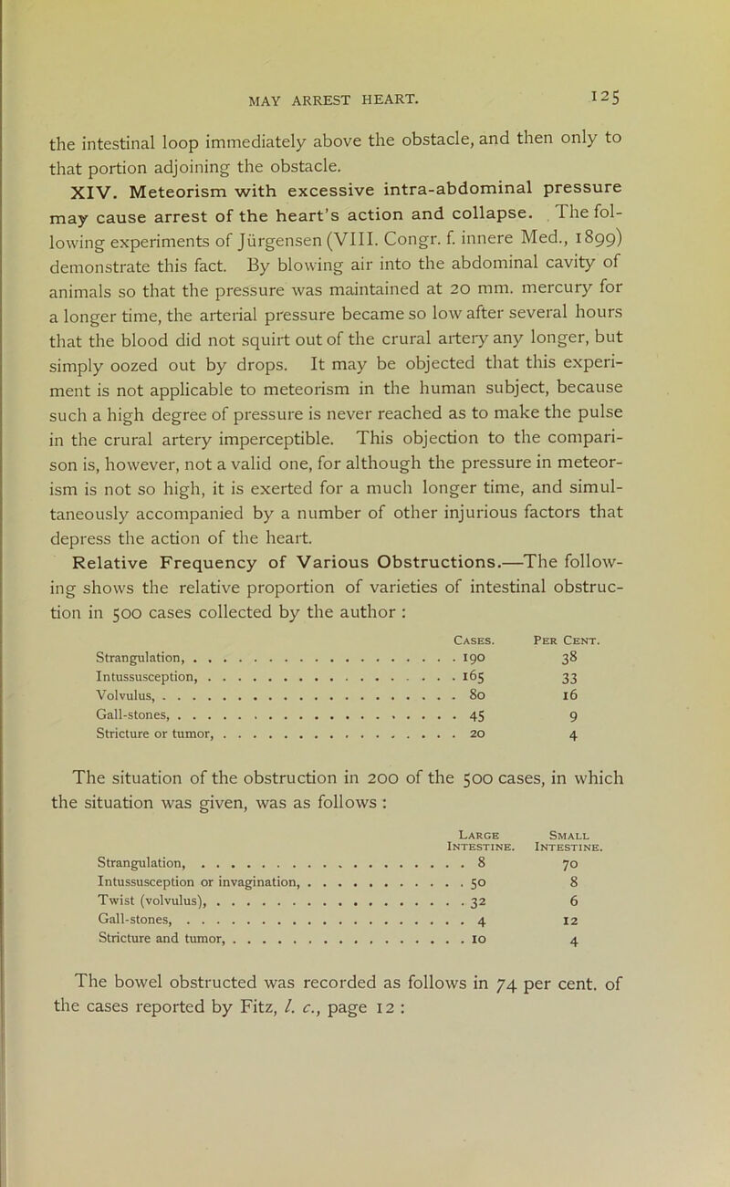 the intestinal loop immediately above the obstacle, and then only to that portion adjoining the obstacle. XIV. Meteorism with excessive intra-abdominal pressure may cause arrest of the heart’s action and collapse. The fol- lowing experiments of Jiirgensen (VIII. Congr. f. innere Med., 1899) demonstrate this fact. By blowing air into the abdominal cavity of animals so that the pressure was maintained at 20 mm. mercury for a longer time, the arterial pressure became so low after several hours that the blood did not squirt out of the crural artery any longer, but simply oozed out by drops. It may be objected that this experi- ment is not applicable to meteorism in the human subject, because such a high degree of pressure is never reached as to make the pulse in the crural artery imperceptible. This objection to the compari- son is, however, not a valid one, for although the pressure in meteor- ism is not so high, it is exerted for a much longer time, and simul- taneously accompanied by a number of other injurious factors that depress the action of the heart. Relative Frequency of Various Obstructions.—The follow- ing shows the relative proportion of varieties of intestinal obstruc- tion in 500 cases collected by the author : Cases. Strangulation, 190 Intussusception, 165 Volvulus 80 Gall-stones, 45 Stricture or tumor, 20 Per Cent. 38 33 16 9 4 The situation of the obstruction in 200 of the 500 cases, in which the situation was given, was as follows : Large Small Intestine. Intestine. Strangulation 8 70 Intussusception or invagination, 50 8 Twist (volvulus), 32 6 Gall-stones, 4 12 Stricture and tumor, 10 4 The bowel obstructed was recorded as follows in 74 per cent, of the cases reported by Fitz, /. c., page 12 :