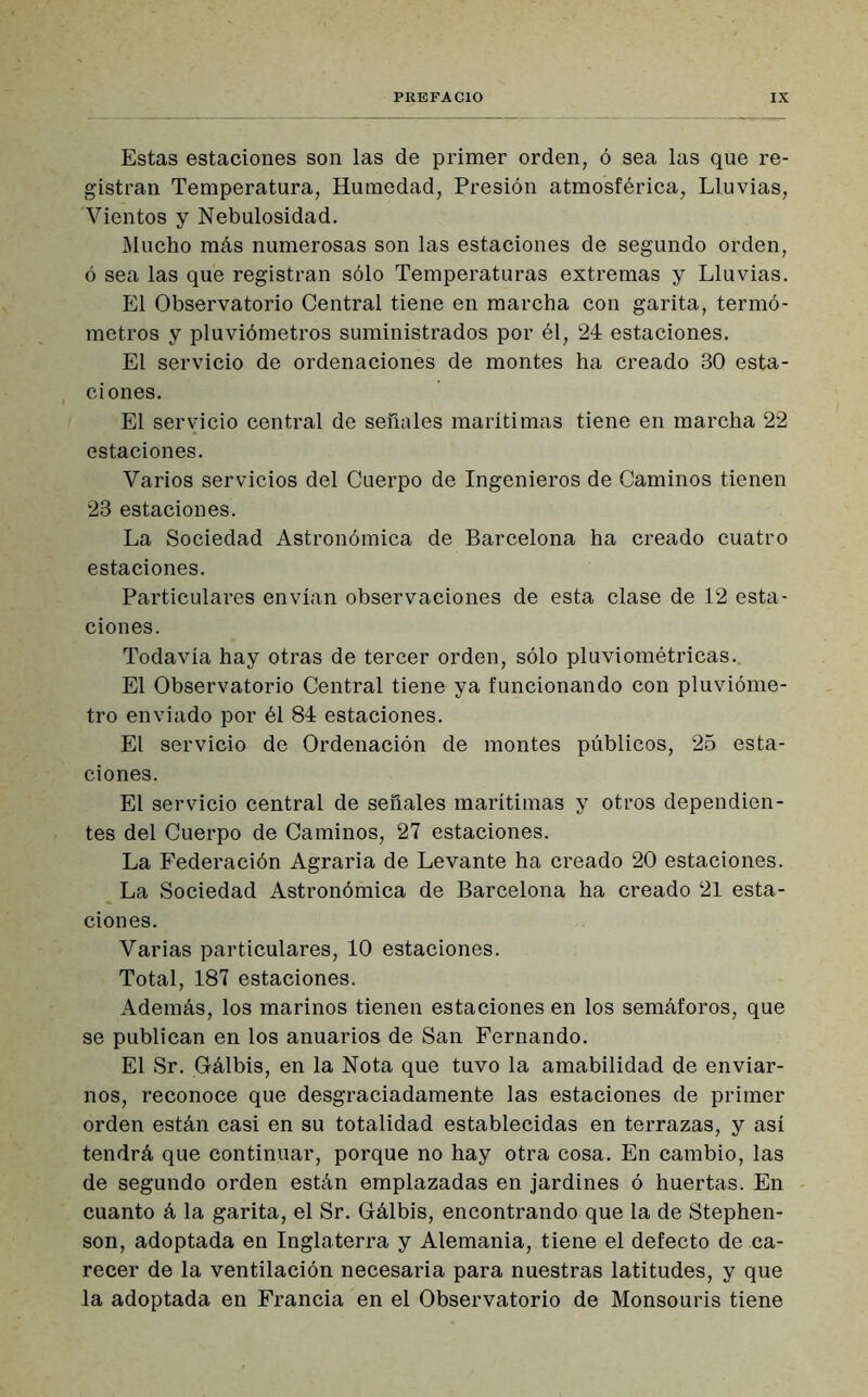 Estas estaciones son las de primer orden, ó sea las que re- gistran Temperatura, Humedad, Presión atmosférica, Lluvias, Vientos y Nebulosidad. Mucho más numerosas son las estaciones de segundo orden, ó sea las que registran sólo Temperaturas extremas y Lluvias. El Observatorio Central tiene en marcha con garita, termó- metros y pluviómetros suministrados por él, 24 estaciones. El servicio de ordenaciones de montes ha creado 30 esta- ciones. El servicio central de señales marítimas tiene en marcha 22 estaciones. Varios servicios del Cuerpo de Ingenieros de Caminos tienen 23 estaciones. La Sociedad Astronómica de Barcelona ha creado cuatro estaciones. Particulares envían observaciones de esta clase de 12 esta- ciones. Todavía hay otras de tercer orden, sólo pluviométricas. El Observatorio Central tiene ya funcionando con pluvióme- tro enviado por él 84 estaciones. El servicio de Ordenación de montes públicos, 25 esta- ciones. El servicio central de señales marítimas y otros dependien- tes del Cuerpo de Caminos, 27 estaciones. La Federación Agraria de Levante ha creado 20 estaciones. La Sociedad Astronómica de Barcelona ha creado 21 esta- ciones. Varias particulares, 10 estaciones. Total, 187 estaciones. Además, los marinos tienen estaciones en los semáforos, que se publican en los anuarios de San Fernando. El Sr. Grálbis, en la Nota que tuvo la amabilidad de enviar- nos, reconoce que desgraciadamente las estaciones de primer orden están casi en su totalidad establecidas en terrazas, y así tendrá que continuar, porque no hay otra cosa. En cambio, las de segundo orden están emplazadas en jardines ó huertas. En cuanto á la garita, el Sr. Grálbis, encontrando que la de Stephen- son, adoptada en Inglaterra y Alemania, tiene el defecto de ca- recer de la ventilación necesaria para nuestras latitudes, y que la adoptada en Francia en el Observatorio de Monsouris tiene