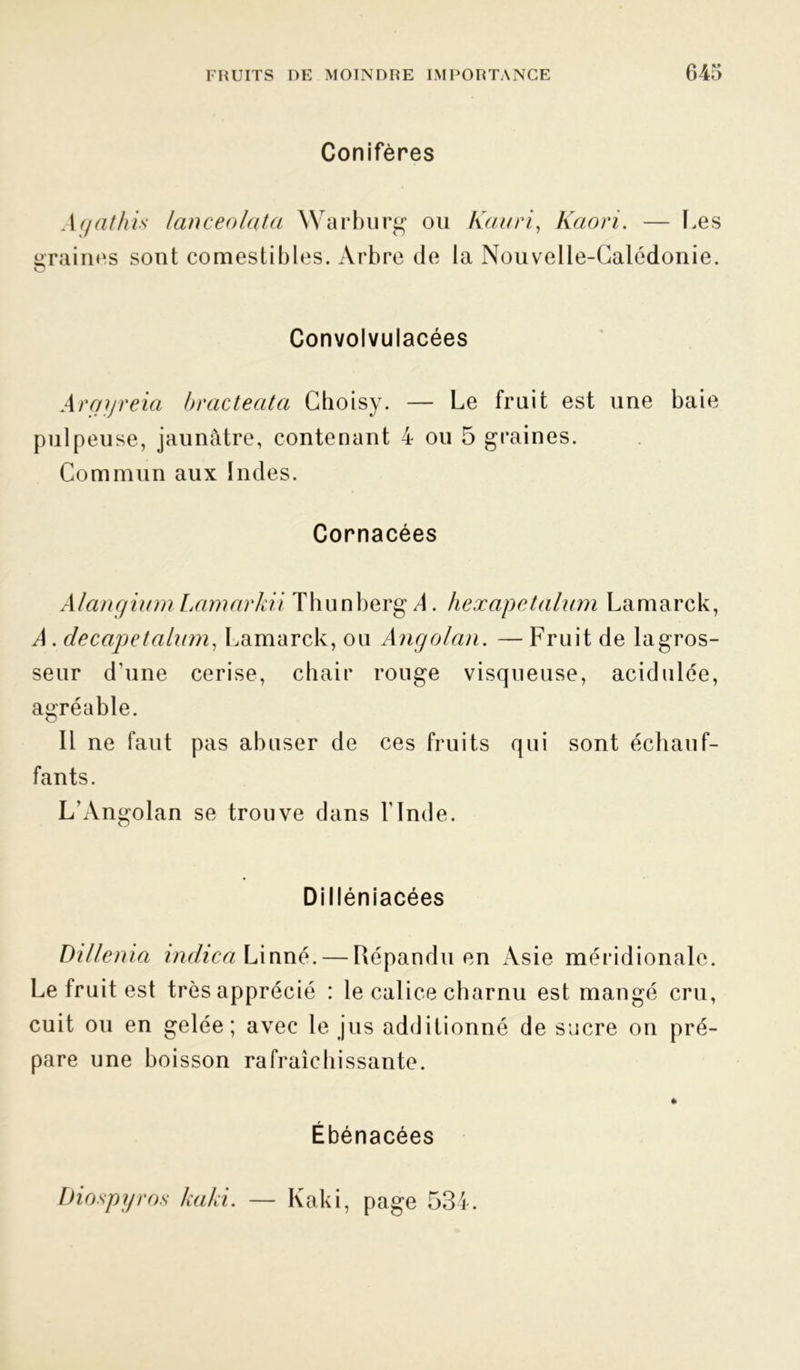 Conifères Aqathis lanceolata Warburg ou Kauri, Kciori. — Les graines sont comestibles. Arbre de la Nouvelle-Calédonie. Convolvulacées Arqyreia bracteata Choisy. — Le fruit est une baie pulpeuse, jaunâtre, contenant 4 ou 5 graines. Commun aux Indes. Cornacées AlangiumLamarkii Thunbergd. hexapetaliim Lamarck, A . decapetalum, Lamarck, ou Angolan. — Fruit de lagros- seur d'une cerise, chair rouge visqueuse, acidulée, agréable. Il ne faut pas abuser de ces fruits qui sont échauf- fants. L’Angolan se trouve dans l'Inde. Dilléniacées Dillenia indien Linné. — Répandu en Asie méridionale. Le fruit est très apprécié : le calice charnu est mangé cru, cuit ou en gelée; avec le jus additionné de sucre on pré- pare une boisson rafraîchissante. Ébénacées Diospyros kaki. — Kaki, page 534.