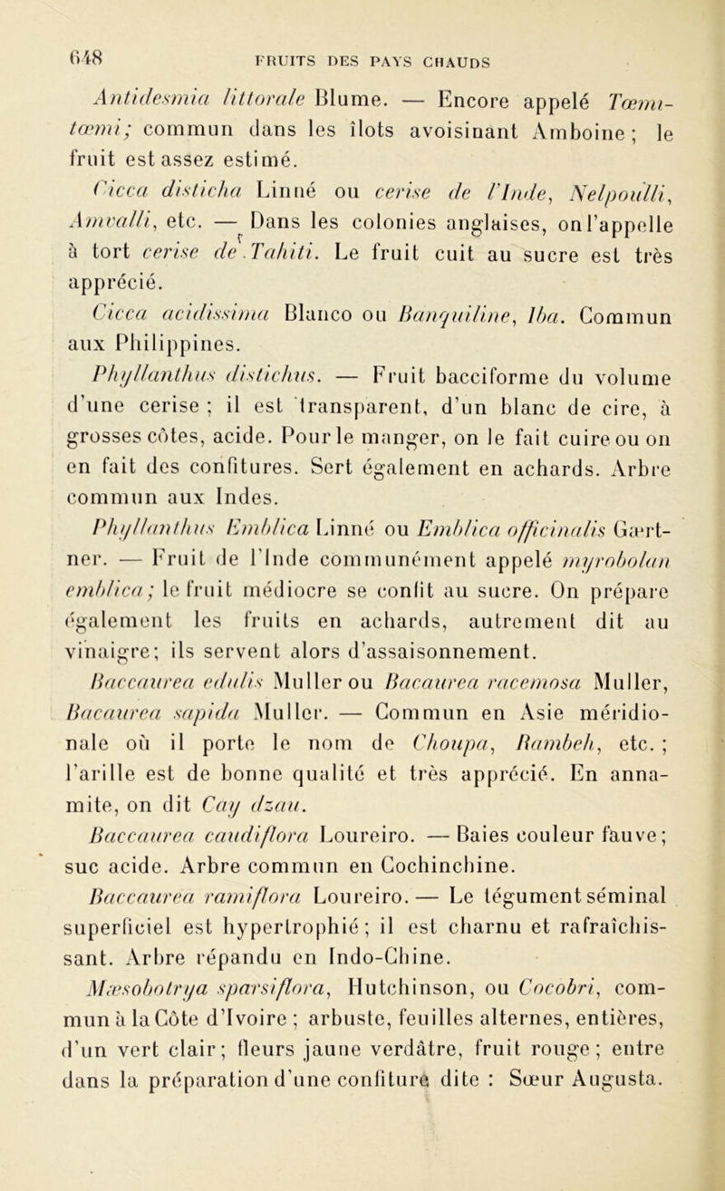 Antidesmia littorale Blume. — Encore appelé Tœmi- tœmi; commun clans les îlots avoisinant Amboine ; le fruit est assez estimé. Cicca disticha Linné ou cerise de l'Inde, Nelpoulli, Amvalli, etc. — Dans les colonies anglaises, on l’appelle a tort cerise de . Tahiti. Le fruit cuit au sucre est très apprécié. Cicca acidissima Blanco ou Bànquiline, lba. Commun aux Philippines. Phyllanthus distichiis. — Fruit bacciforme du volume d’une cerise ; il est transparent, d’un blanc de cire, à grosses côtes, acide. Pour le manger, on le fait cuire ou on en fait des confitures. Sert également en achards. Arbre commun aux Indes. Phi/lianthus Emblica Linné ou Emblica ofpcinalis Gært- ner. — Fruit de l'Inde communément appelé myrobolan emblica; le fruit médiocre se conlit au sucre. On prépare également les fruits en achards, autrement dit au vinaigre; ils servent alors d’assaisonnement. Baccaarea edulis Muller ou Bacaurea racemosa Muller, Bacciurea sapida Muller. — Commun en Asie méridio- nale où il porte le nom de Choupa, Bambeli, etc. ; l'arille est de bonne qualité et très apprécié. En anna- mite, on dit Cay dzau. Baccaarea candiflora Loureiro. — Baies couleur fauve; suc acide. Arbre commun en Cochincbine. Bciccaurea r ami flora Loureiro.— Le tégument séminal superficiel est hypertrophié; il est charnu et rafraîchis- sant. Arbre répandu en Indo-Chine. Mæsobotrya s par si flora, Hutch inson, ou Cocobri, com- mun à la Côte d’ivoire ; arbuste, feuilles alternes, entières, d’un vert clair; Ileurs jaune verdâtre, fruit rouge; entre dans la préparation d’une confiture dite : Sœur Augusta.