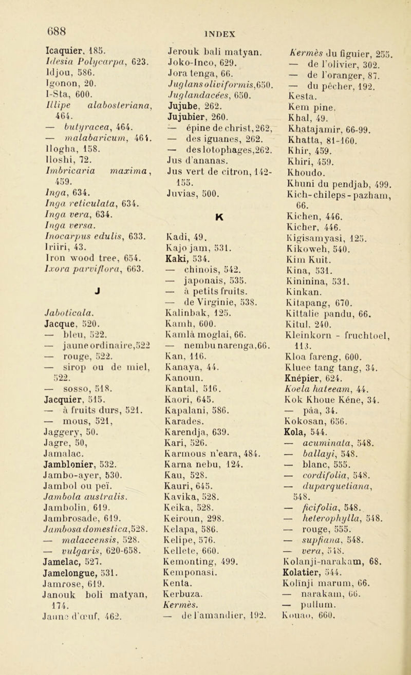 Icaquier, 185. Idesia Polyccirpa, 623. ldjou, 586. Igonon, 20. I-Sta, 600. Illipe alabosleriana, 464. — butyracea, 464. — malabaricum, 46i. Ilogha, 158. Iloshi, 72. Imbricaria maxima, 459. lnga, 634. /apa reticulata, 634. /w^a rem, 634. /y<7a versa. Inocarpus edulis, 633. Iriiri, 43. Iron wood tree, 654. Ixora parviflora, 663. J Jabotîcala. Jacque, 520. — bleu, 522. — jaune ordinaire,522 — rouge, 522. — sirop ou de miel, 522. — sosso, 518. Jacquier, 515. — à fruits durs, 521. — mous, 521, Jaggery, 50. Jagre, 50, Jamalac. Jamblonier, 532. Jambo-ayer, 530. Jambol ou peï. Jambola auslralis. Jambolin, 619. Jambrosade, 619. J a mbosa d ornes t ica, 528. — rnalaccensis, 528. — vulgaris, 620-658. Jamelac, 527. Jamelongue, 531. Jamrose, 619. Janouk boli matyan, 174. Jaune d'œuf, 462. Jerouk bali matyan. Joko-lnco, 629. Jora lenga, 66. Juglansoliüiformis, 650. Juylandacées, 650. Jujube, 262. Jujubier, 260. — épine de christ, 262, — des iguanes, 262. — deslotophages,262. Jus d’ananas. Jus vert de citron, 142- 155. Juvias, 500. K Kadi, 49. Kajo jam, 531. Kaki, 534. — chinois, 542. — japonais, 535. — à petits fruits. — de Virginie, 538. Kalinbak, 125. Kamh, 600. Kamlà moglai, 66. — nembu narenga,66. Kan, 116. Kanaya, 44. Kanoun. kantal, 516. Kaori, 645. Kapalani, 586. Karades. Karendja, 639. Ivari, 526. Karmous n’eara, 484. Karna nebu, 124. Kau, 528. Kauri, 645. Kavika, 528. Keika, 528. Keiroun, 298. Kelapa, 586. Kelipe, 576. Kellete, 660. Kemonting, 499. Kemponasi. Kenta. Kerbuza. Kermès. — de l'amandier, 192. Kermès du figuier, 255. — de l’olivier, 302. — de l’oranger, 87. — du pêcher, 192. Kesta. Kern pine. Khal, 49. Khatajamir, 66-99. Khatta, 81-160. Khir, 459. Khiri, 459. Khoudo. Khuni du pendjab, 499. Kich- chileps - pazham, 66. Kichen, 446. Kicher, 446. Kigisamyasi, 125. Kikoweh, 540. Kim Kuit. Kina, 531. Kininina, 531. Kinkan. Kitapang, 670. Kittalie pandu, 66. Kitul, 240. Kleinkorn - frucbtoel, 113. Kloa fareng, 600. Kluee tang tang, 34. Knépier, 624. Koela hateeam, 44. Kok Khoue Kéne, 34. — pàa, 34. Kokosan, 656. Kola, 544. — acuminata, 548. — ballayi, 548. — blanc, 555. — cor di folia, 548. — duparquetiana, 548. — fcifolia, 548. — heterophylla, 548. — rouge, 555. — supfiana, 548. — vera, 548. Kolanji-narukam, 68. Kolatier, 544. Kolïnji marum, 66. — narakam, 66. — pullum. Knuao, 660.