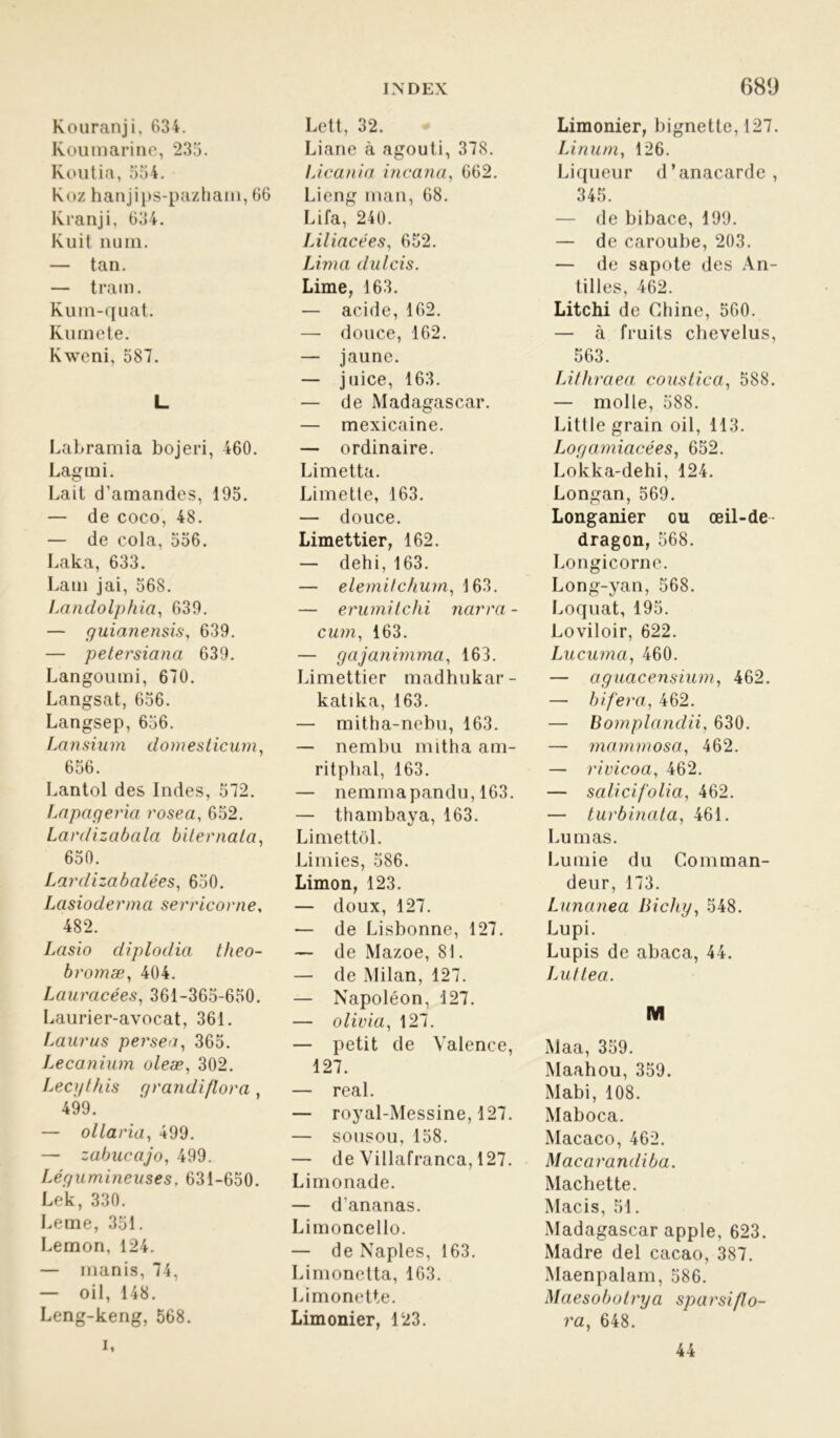 Koumarine, 235. Koutia, 554. Koz hanjips-pazham, 66 Kranji, 634. Kuit nu ni. — tan. — tram. Kum-quat. Kumete. Kweni, 587. L Labramia bojeri, 460. Lagmi. Lait d’amandes, 195. — de coco, 48. — de cola, 556. Laka, 633. Lam jai, 568. Landolphia, 639. — guianensis, 639. — petersiana 639. Langoumi, 670. Langsat, 656. Langsep, 656. Lansium domesticum, 656. Lantol des Indes, 572. Lapageria rosea, 652. Lardizabala bilernata, 650. Lardizabalées, 650. Lasioderma serricorne. 482. Lasio diplodia theo- bromæ, 404. Lauracées, 361-365-650. Laurier-avocat, 361. Laurus persea, 365. Lecanium oleæ, 302. Lecythis grandiflora , 499. — ollaria, 499. — zabucajo, 499. Légumineuses, 631-650. Lek, 330. Leme, 351. Lemon, 124. — manis, 74, — oil, 148. Leng-keng, 568. IXDEX Liane à agouti, 378. Licania incana, 662. Lieng man, 68. Lifa, 240. Liliacées, 652. Lima dulcis. Lime, 163. — acide, 162. — douce, 162. — jaune. — juice, 163. — de Madagascar. — mexicaine. — ordinaire. Limetta. Limette, 163. — douce. Limettier, 162. — dehi, 163. — elemitchurn, 163. — erumitchi narra - cum, 163. — gajanimma, 163. Limettier madhukar- katika, 163. — mitha-nebu, 163. — nembu mitha am- ritphal, 163. — nemmapandu, 163. — thambaya, 163. Limettôl. Limies, 586. Limon, 123. — doux, 127. — de Lisbonne, 127. — de Mazoe, 81. — de Milan, 127. — Napoléon, 127. — olivia, 127. — petit de Valence, 127. — real. — royal-Messine, 127. — sousou, 158. — de Villafranca, 127. Limonade. — d'ananas. Limoncello. — de Naples, 163. Limonetta, 163. Limonette. Limonier, 123. 689 Lin um, 126. Liqueur d’anacarde, 345. — de bibace, 199. — de caroube, 203. — de sapote des An- tilles, 462. Litchi de Chine, 560. — à fruits chevelus, 563. Lithraea coustica, 588. — molle, 588. Litlle grain oil, 113. Logamiacées, 652. Lokka-dehi, 124. Longan, 569. Longanier ou œil-de dragon, 568. Longicorne. Long-yan, 568. Loquat, 195. Loviloir, 622. Lucuma, 460. — aguacensium, 462. — bi.fera, 462. — Bomplandii, 630. — mammosa, 462. — rivicoa, 462. — salicifolia, 462. — turbinata, 461. Lu mas. Lu mie du Comman- deur, 173. Lunanea liichy, 548. Lupi. Lupis de abaca, 44. Luttea. M Maa, 359. Maahou, 359. Mabi, 108. Maboca. Macaco, 462. Macarandiba. Machette. Macis, 51. Madagascar apple, 623. Madré del cacao, 387. Maenpalam, 586. Maesobotrya sparsiflo- ra, 648. i, 44