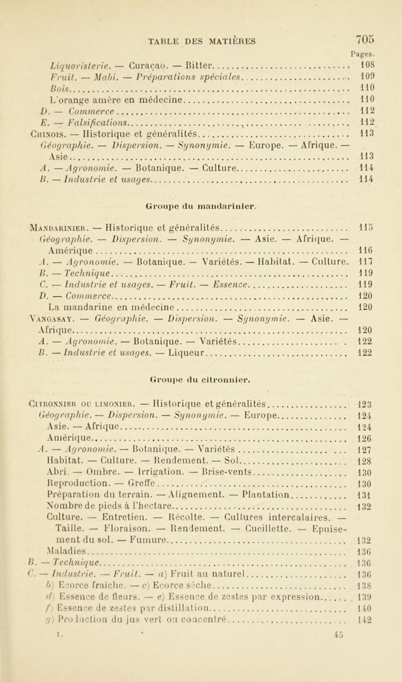 Pages. Liquoristerie. — Curaçao. — Bitter 108 Fruit. — Mabi. — Préparations spéciales 109 Bois 110 L’orange amère en médecine 110 D. — Commerce 112 E. — Falsifications 112 Chinois. — Historique et généralités 113 Géographie. — Dispersion. — Synonymie. — Europe. — Afrique. — Asie 113 A. —Agronomie. — Botanique. — Culture 114 B. — Industrie et usages 114 Groupe du mandarinier. Mandarinier. — Historique et généralités 115 Géographie. — Dispersion. — Synonymie. — Asie. — Afrique. — Amérique 116 J. — Agronomie. — Botanique. — Variétés. —Habitat. — Culture. 117 B. — Technique 119 C. — Industrie et usages. — Fruit. — Essence 119 D. — Commerce 120 La mandarine en médecine 120 Yangasay. — Géographie. — Dispersion. — Synonymie. — Asie. — Afrique 120 A. — Agronomie. — Botanique. — Variétés 122 B. — Industrie et usages. — Liqueur 122 Groupe du citronnier. Citronnier ou limonier. —Historique et généralités 123 Géographie. — Dispersion. — Synonymie. — Europe 124 Asie.—Afrique 124 Amérique 126 A. — Agronomie. — Botanique. — Variétés , 127 Habitat. — Culture. — Bendement. — Sol 128 Abri. — Ombre. — Irrigation. — Brise-vents 130 Beproduction. — Greffe 130 Préparation du terrain. —Alignement. — Plantation 131 Nombre de pieds à l’hectare 132 Culture. — Entretien. — Récolte. — Cultures intercalaires. — Taille. — Floraison. — Rendement. — Cueillette. — Epuise- ment du sol. — Fumure 132 Maladies 136 B. — Technique 136 C. — Industrie. — Fruit. — a) Fruit au naturel 136 h) Ecorce fraîche. —c) Ecorce sèche 138 d Essence de fleurs. — e) Essence de zestes par expression 139 fi) Essence de zestes par distillation 140 g) Proluction du jus vert ou concentré 142 i. 45