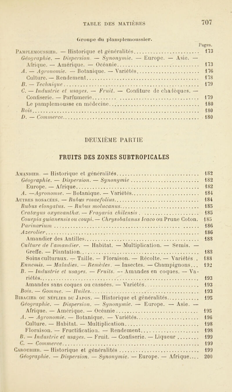 Groupe du plamplemoussier. Pages. Pamplemoüssier. —Historique et généralités 173 Géographie. — Dispersion. — Synonymie. — Europe. — Asie. — Afrique. — Amérique. — Océanie 173 A. — Agronomie. — Botanique. — Variétés 176 Culture.— Rendement 178 B. — Technique 179 G. — Industrie et usages. — Fruit. — Confiture de chadèques. — Confiserie. — Parfumerie 179 Le pamplemousse en médecine 180 Bois 180 D. — Commerce 180 DEUXIÈME PARTIE FRUITS DES ZONES SUBTROPICALES Amandier. — Historique et généralités 182 Géographie. — Dispersion. — Synonymie 182 Europe. — Afrique 182 A. —Agronomie. — Botanique. — Variétés 184 Autres rosacées. — Ruhus rosaefolius 184 Rubus elongatus. — Ruhus molucanus 185 Cratœgus oxyavanthœ. — Fragaria chilensis 185 Couepia guianensis ou coupi. — Chrysobalanus Icaco ou Prune Coton. 185 Parinarium 186 A zéro lier 186 Amandier des Antilles 188 Culture cle Vamandier. — Habitat. — Multiplication. — Semis. — Greffe. — Plantation 188 Soins culturaux. — Taille. —■ Floraison. — Récolte. — Variétés . 188 Ennemis. — Maladies. — Remèdes. — Insectes. —Champignons... 192 B. — Industrie et usages. — Fruits. — Amandes en coques. — Va- riétés 193 Amandes sans coques ou cassées. — Variétés 193 Bois. — Gomme. — Huiles 193 Bibacier ou néflier du Japon. — Historique et généralités 195 Géographie. — Dispersion. — Synonymie. — Europe. — Asie. — Afrique. — Amérique. — Océanie 195 A. — Agronomie. — Botanique. — Variétés 196 Culture. — Habitat. — Multiplication 198 Floraison. — Fructification. — Rendement 198 B. — Industrie et usages. — Fruit. — Confiserie. — Liqueur 199 C. — Commerce 199 Caroubier. — Historique et généralités 199 Géographie. — Dispersion. — Synonymie. — Europe. — Afrique 200