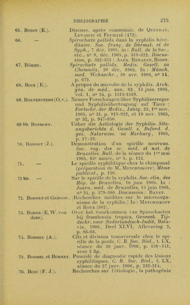 65. Bodin (E.). 66. — 67. Bôhme. 68. Boix ( E.). Discuss. après communie, de Queyrat, Levaditi et Feuii.lik (472). Spirochæle pallida dans la syphilis héré- ditaire. Soc. franç. de Dermut. et de Syph., 7 déc. 1905, in: Bull, de la Soc., elc., n° 9, déc. 1905, p. 319-322. Discus- sion, p. 322-323 : Alex. Renault, Bodin. Spirochæte pallida. Mediz. Gesell. zn Chemnits, 20 déc. 1905. In : Münch. med. Wchnschr., 30 avr. 1906, n° 14, p. 672. A propos du microbe de la syphilis. Arch. yen. de méd., ann. 82, 13 juin 1905, vol. 1, n° 24, p. 1515-1519. 69. Boltenstern(0.v.). Neuere Forschungen über Syphiliserreger und Syphilis Liber tragung auf Tiere : Fortschr. der Mediz., Jahrg. 23, 1er nov. 1905, il0 31, p. 915-922, et 10 nov. 1905, n° 32, p. 947-956. Ueber die Aetiologie dèr Syphilis. Silz- ungsberichte d. Gesell. z. Beford. d. g es. Naturwiss. zu Marburg, 1905, p.17-32. Démonstration d'un spirille nouveau. Soc. voy. des sc. méd. et nat. de Bruxelles. Bull, de la séance du 1er mai 1905, 63e année, n° 5, p. 124. Le spirille syphilitique chez le chimpanzé (préparation de M. Metchnikoff). Même publient., p. 150. Sur le spirille de la syphilis. Soc. clin, des Hôp. de Bruxelles, 10 juin 1905. In : Journ. méd. de Bruxelles, 15 juin 1905, n° 24, p. 379-380. Discussion : Bayet. 72. Bohdet et Gengou. [Recherches inédites sur le microorga- nisme de la syphilis.] In : Metchnikoff et Roux (382). Over het voorkommen van Spirochaetcn bij frambœsia tropica. Geneesk. Tij- dschr. coor Nederlandisch-Didië, Bata- via, 1906, Deel XLYI, Aflevering 2, 69 bis. Bonhoff. 70. Bohdet (J.). ri. — 71 bis. — 73. Borne (E. W. von dem). p. 86-93. 74. Borrel (A.). Cils et division transversale chez le spi- rille de la poule. C. B. Soc. Biol., t. LX, séance du 20 janv. Î906, p. 131}-141, avec 2 lig. 75. Borrel et Bchnet. Procédé de diagnostic rapide des lésions syphilitiques. C. B. Soc. Biol., t. LX, séance du 27 janv. 1906, p. 232-214. 76. Bosc (F. J.). Recherches sur l’étiologie, la pathogénie