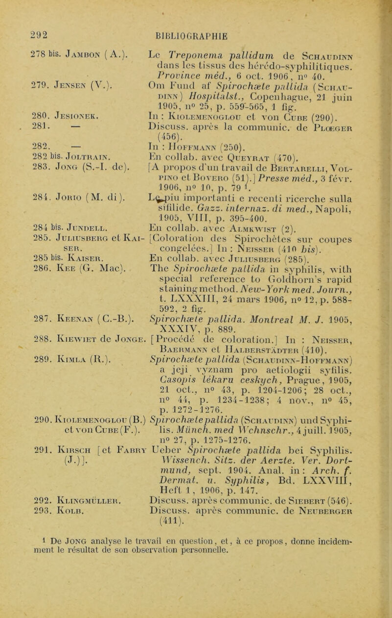 278 bis. Jambon (A.). 279. Jensen (V.). 280. Jesionek. 281. — 282. — 282 bis. Jolthain. 283. Jung (S.-I. de) 284. Jokio ( M. di ’ 284 bis. Jundell. 285. Juliusrerg et Kai- ser. 285 bis. Kaiser. 286. Kee (G. Mac). 287. Keenan ( C.-B.). 288. Kiewiet de Jonge. 289. Kimla (R.). 290. Kiolemenoglou (B.) et von Cube (F.). 291. Kirsch [et Fabry (J.)]. 292. Klingmüller. 293. Kolb. Le Treponema pallidum de Schaudinn dans les tissus des hérédo-syphilitiques. Province méd., 6 oct. 1906, n» 40. O ni Fund af Spirochæte patlida (Schau- dinn) Hospitnlst., Copenhague, 21 juin 1905, n° 25, p. 559-565, 1 fig. In : Kiolemenoglou et von Cube (290). Discuss. après la communie, de Ploeger (456). In : Hoffmann (250). En collab. avec Queyrat (470). [A propos d'un travail de Bertarelli, Vol- pino et Bovero (51).] Presse méd., 3 févr. 1906, n° 10, p. 79 l. L^jiiu importanti e recenti ricerche sulla sililide. Gazz. internaz. di med., Napoli, 1905, VIII, p. 395-400. En collab. avec Almkwist (2). [Coloration des Spirochètes sur coupes congelées.] In: Neisseii (410 bis). En collab. avec Juliusberg (285). The Spirochæte patlida in syphilis, with spécial reference to Goldhorn’s rapid stahiingmethod. New-York med. Journ., t, LXXXIII, 24 mars 1906, n° 12, p. 588- 592, 2 fig. Spirochæte patlida. Montreal M. J. 1905, XXXIV, p. 889. . [Procédé de coloration.] In : Neisser, Baermann et IIalberstàdter (410). Spirochæte patlida ( S c h au n i n n-llo ffm a n n ) a jeji vyznam pro aetiologii S3dilis. Casopis lèharu ceskych, Prague, 1905, 21 oct,, 11° 43, p. 1204-1206; 28 oct,, n° 44, p. 1234-1238; 4 nov., n° 45, p.1272-1276. Spirochæte patlida (Schaudinn) und Syphi- lis. Miinch. med Wchnschr., 4 juill.1905, n° 27, p. 1275-1276. Ucher Spirochæte patlida bei Syphilis. Wissench. Sitz. der Aerzte. Ver. Dort- mund, sept, 1904. Anal, in: Arch. f. Dermat. u. Syphilis, Bd. LXXVIII, Hcft 1, 1906, p. 147. Discuss. après communie, de Siebert (546). Discuss. après communie, de Neuberger (411). 1 De Jong analyse le travail en question, et, à ce propos, donne incidem- ment le résultat de son observation personnelle.